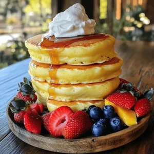 To make fluffy Japanese souffle pancakes, you need simple ingredients. Here’s what you’ll need: - 2 large eggs, separated - 2 tablespoons granulated sugar - 1 tablespoon milk - 1 teaspoon vanilla extract - 1/4 cup all-purpose flour - 1/4 teaspoon baking powder - A pinch of salt - Butter for cooking - Maple syrup, whipped cream, and fresh fruits for serving These ingredients work together to create light, airy pancakes. The key is in the eggs. Separating the yolks and whites helps to create volume. The sugar adds sweetness and helps with the structure. Milk and vanilla give flavor, while flour and baking powder help with the pancake's rise. Using butter in the pan adds flavor and keeps the pancakes from sticking. Finally, serving your pancakes with syrup, whipped cream, and fresh fruits makes the dish even more delightful. For the complete cooking instructions, check out the Full Recipe. Start with two large eggs. Carefully separate the yolks from the whites. In a clean bowl, whisk the egg whites. Whisk until soft peaks form. This means the whites should hold some shape but still be soft. Gradually add one tablespoon of granulated sugar. Keep whisking until you see stiff peaks. The mixture should look glossy and hold its shape well. Set this bowl aside for now. In another bowl, take the egg yolks. Add the remaining tablespoon of sugar. Whisk these together until they turn creamy and light in color. Then, pour in one tablespoon of milk and one teaspoon of vanilla extract. Mix well until everything is blended and smooth. Now, it’s time to add the dry ingredients. Sift one-fourth cup of all-purpose flour and one-fourth teaspoon of baking powder into the egg yolk mixture. Gently fold the flour in with a spatula. Be careful not to overmix; we want to keep it light and airy. Heat a non-stick skillet over low heat. Add a little butter to the pan. Place a round mold in the skillet. Pour about half of the pancake batter into the mold. Cover the skillet with a lid. Cook for about four to five minutes on low heat. Then, remove the lid and gently flip the pancake. Cook for another four to five minutes until it’s golden brown. Repeat this with the rest of the batter. Stack the pancakes on a plate. Serve them warm with maple syrup, whipped cream, and fresh fruits. For the full recipe and more tips, check the recipe section above! For fluffy Japanese souffle pancakes, the secret lies in the egg whites. Whip them until soft peaks form. This step adds volume. Next, gently fold them into the yolk mixture. Be careful not to deflate the air you created. This air gives the pancakes their light and airy texture. Always use a gentle hand when mixing. Cook these pancakes on low heat. A non-stick skillet works best. Use a round mold to hold the batter. Cover the skillet with a lid to trap steam. This steam helps the pancakes rise. Cook for 4-5 minutes on one side, then flip and cook for another 4-5 minutes. This method ensures even cooking without browning too fast. Avoid overmixing the batter. Overmixing deflates the egg whites and ruins the fluffiness. Use fresh eggs for the best results. Old eggs may not whip as well. Also, resist the urge to increase the heat. Cooking too fast leads to burnt pancakes outside and raw inside. Stick to low heat for that perfect rise. For the full recipe, check the section above. Enjoy making your delightful breakfast treat! {{image_2}} You can easily change the flavor of your fluffy Japanese souffle pancakes. Adding matcha gives a green tea twist. Just mix one teaspoon of matcha powder into the dry ingredients. If you love chocolate, try using cocoa powder instead. Mix in two tablespoons of cocoa powder for a rich taste. You can even add a splash of orange zest for a fresh kick. Each flavor makes breakfast feel special and fun! The toppings make these pancakes even better! Maple syrup is a classic choice. It adds sweetness and pairs well with the pancakes' fluffy texture. For a creamy touch, add whipped cream on top. Fresh fruits like strawberries, blueberries, or bananas add color and flavor. You can also sprinkle powdered sugar for a sweet finish. If you love nuts, try adding crushed almonds or walnuts for crunch. Get creative and try different combinations! You can make these pancakes gluten-free with a few simple swaps. Use a gluten-free flour blend instead of all-purpose flour. Look for blends that work well in baking. You can also try almond flour or coconut flour as alternatives. Just keep in mind that these flours may change the texture slightly. Make sure to check that your baking powder is gluten-free too. Enjoy these pancakes without worry! For the full recipe, check out the complete cooking instructions. To keep your fluffy pancakes fresh, store them in an airtight container. Make sure they cool down before sealing them. You can layer them with parchment paper to avoid sticking. They stay good in the fridge for up to three days. If you want to keep them longer, consider freezing. When you are ready to enjoy your pancakes again, reheat them gently. You can use a microwave for about 20-30 seconds. If you prefer, use a skillet on low heat. This method helps keep them soft. Flip them over halfway to heat evenly. For longer storage, freezing is a great option. Wrap each pancake in plastic wrap, then place them in a freezer bag. They will stay fresh for about one month. When you want to eat them, take out what you need. Let them thaw in the fridge overnight before reheating. This will keep them fluffy and delicious. Try out the Full Recipe for more tips on how to enjoy these delightful pancakes! Fluffy Japanese Souffle Pancakes come from Japan. They gained fame in Tokyo cafés. These pancakes are light and airy, unlike regular pancakes. Their unique cooking method makes them rise high and stay soft. Many people enjoy them for breakfast or dessert. You can cook the pancakes ahead of time. However, they taste best fresh. If you need to prepare them early, store them in an airtight container. Keep them in the fridge for up to two days. To enjoy, reheat them gently in a skillet. To make these pancakes dairy-free, substitute milk with a plant-based milk. Almond, soy, or oat milk work well. Make sure to check for any added sugars or flavors. The pancakes will still turn out fluffy and delicious! Maple syrup is a classic choice for these pancakes. Its sweetness complements their light texture. You can also try flavored syrups, like berry or caramel. Fresh fruit toppings add extra flavor and color. Enjoy experimenting with different syrup options! 1. Start by separating the egg whites from the yolks. 2. In a bowl, whisk the egg whites until they form soft peaks. Gradually add 1 tablespoon of sugar. Keep whisking until stiff peaks form. Set this aside. 3. In another bowl, whisk the egg yolks with the remaining sugar until creamy. Add in the milk and vanilla extract. Mix well. 4. Sift the flour and baking powder into the egg yolk mix. Fold gently to combine. Do not overmix. 5. Take a third of the whipped egg whites and fold it into the yolk mix. This lightens the batter. Then, fold in the rest of the egg whites carefully. 6. Heat a non-stick skillet on low heat. Add a little butter. Place a round mold in the skillet. 7. Pour half of the batter into the mold. Cover the skillet with a lid. Cook for 4-5 minutes. Remove the lid, then gently flip the pancake. Cook for another 4-5 minutes until golden. 8. Repeat this for the remaining batter. 9. Stack pancakes on a plate. Serve warm, drizzled with maple syrup, topped with whipped cream, and fresh fruits. - 2 large eggs, separated - 2 tablespoons granulated sugar - 1 tablespoon milk - 1 teaspoon vanilla extract - 1/4 cup all-purpose flour - 1/4 teaspoon baking powder - A pinch of salt - Butter for cooking - Maple syrup, whipped cream, and fresh fruits for serving I love serving these pancakes warm. They shine with maple syrup and fresh fruits. You can top them with whipped cream for extra delight. Try adding sliced strawberries, blueberries, or bananas for a burst of flavor. Enjoy them with a hot cup of tea or coffee. They make a perfect treat for breakfast or brunch. You can even stack them high for a stunning presentation. For the full recipe, follow the steps above. In this blog post, we explored how to make fluffy Japanese souffle pancakes. We covered the key ingredients, step-by-step instructions, and tips for perfect texture. You learned about variations to try and how to store leftovers. Fluffy pancakes are fun and easy to make. With practice, you can enjoy them anytime. Keep experimenting with flavors and toppings to find your favorite. Now, go ahead and make a batch; you won't be disappointed!