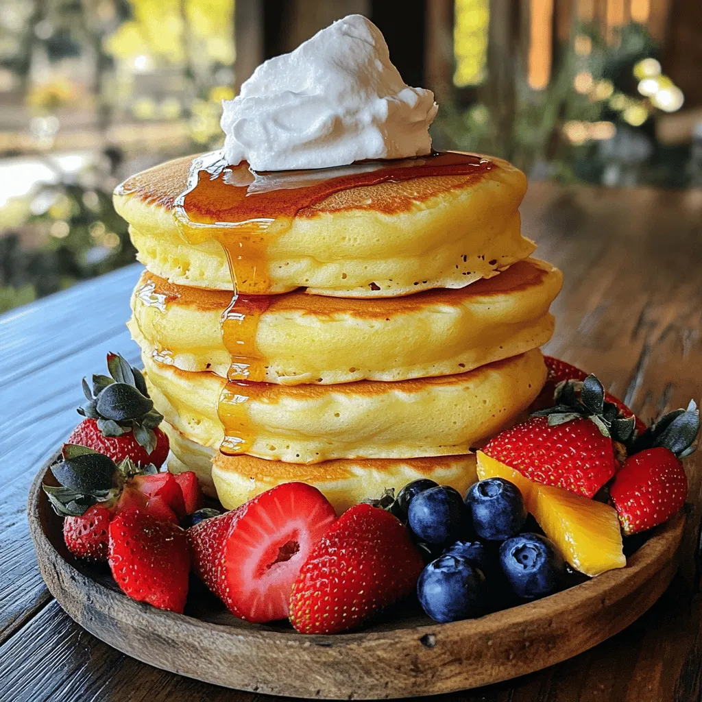 To make fluffy Japanese souffle pancakes, you need simple ingredients. Here’s what you’ll need: - 2 large eggs, separated - 2 tablespoons granulated sugar - 1 tablespoon milk - 1 teaspoon vanilla extract - 1/4 cup all-purpose flour - 1/4 teaspoon baking powder - A pinch of salt - Butter for cooking - Maple syrup, whipped cream, and fresh fruits for serving These ingredients work together to create light, airy pancakes. The key is in the eggs. Separating the yolks and whites helps to create volume. The sugar adds sweetness and helps with the structure. Milk and vanilla give flavor, while flour and baking powder help with the pancake's rise. Using butter in the pan adds flavor and keeps the pancakes from sticking. Finally, serving your pancakes with syrup, whipped cream, and fresh fruits makes the dish even more delightful. For the complete cooking instructions, check out the Full Recipe. Start with two large eggs. Carefully separate the yolks from the whites. In a clean bowl, whisk the egg whites. Whisk until soft peaks form. This means the whites should hold some shape but still be soft. Gradually add one tablespoon of granulated sugar. Keep whisking until you see stiff peaks. The mixture should look glossy and hold its shape well. Set this bowl aside for now. In another bowl, take the egg yolks. Add the remaining tablespoon of sugar. Whisk these together until they turn creamy and light in color. Then, pour in one tablespoon of milk and one teaspoon of vanilla extract. Mix well until everything is blended and smooth. Now, it’s time to add the dry ingredients. Sift one-fourth cup of all-purpose flour and one-fourth teaspoon of baking powder into the egg yolk mixture. Gently fold the flour in with a spatula. Be careful not to overmix; we want to keep it light and airy. Heat a non-stick skillet over low heat. Add a little butter to the pan. Place a round mold in the skillet. Pour about half of the pancake batter into the mold. Cover the skillet with a lid. Cook for about four to five minutes on low heat. Then, remove the lid and gently flip the pancake. Cook for another four to five minutes until it’s golden brown. Repeat this with the rest of the batter. Stack the pancakes on a plate. Serve them warm with maple syrup, whipped cream, and fresh fruits. For the full recipe and more tips, check the recipe section above! For fluffy Japanese souffle pancakes, the secret lies in the egg whites. Whip them until soft peaks form. This step adds volume. Next, gently fold them into the yolk mixture. Be careful not to deflate the air you created. This air gives the pancakes their light and airy texture. Always use a gentle hand when mixing. Cook these pancakes on low heat. A non-stick skillet works best. Use a round mold to hold the batter. Cover the skillet with a lid to trap steam. This steam helps the pancakes rise. Cook for 4-5 minutes on one side, then flip and cook for another 4-5 minutes. This method ensures even cooking without browning too fast. Avoid overmixing the batter. Overmixing deflates the egg whites and ruins the fluffiness. Use fresh eggs for the best results. Old eggs may not whip as well. Also, resist the urge to increase the heat. Cooking too fast leads to burnt pancakes outside and raw inside. Stick to low heat for that perfect rise. For the full recipe, check the section above. Enjoy making your delightful breakfast treat! {{image_2}} You can easily change the flavor of your fluffy Japanese souffle pancakes. Adding matcha gives a green tea twist. Just mix one teaspoon of matcha powder into the dry ingredients. If you love chocolate, try using cocoa powder instead. Mix in two tablespoons of cocoa powder for a rich taste. You can even add a splash of orange zest for a fresh kick. Each flavor makes breakfast feel special and fun! The toppings make these pancakes even better! Maple syrup is a classic choice. It adds sweetness and pairs well with the pancakes' fluffy texture. For a creamy touch, add whipped cream on top. Fresh fruits like strawberries, blueberries, or bananas add color and flavor. You can also sprinkle powdered sugar for a sweet finish. If you love nuts, try adding crushed almonds or walnuts for crunch. Get creative and try different combinations! You can make these pancakes gluten-free with a few simple swaps. Use a gluten-free flour blend instead of all-purpose flour. Look for blends that work well in baking. You can also try almond flour or coconut flour as alternatives. Just keep in mind that these flours may change the texture slightly. Make sure to check that your baking powder is gluten-free too. Enjoy these pancakes without worry! For the full recipe, check out the complete cooking instructions. To keep your fluffy pancakes fresh, store them in an airtight container. Make sure they cool down before sealing them. You can layer them with parchment paper to avoid sticking. They stay good in the fridge for up to three days. If you want to keep them longer, consider freezing. When you are ready to enjoy your pancakes again, reheat them gently. You can use a microwave for about 20-30 seconds. If you prefer, use a skillet on low heat. This method helps keep them soft. Flip them over halfway to heat evenly. For longer storage, freezing is a great option. Wrap each pancake in plastic wrap, then place them in a freezer bag. They will stay fresh for about one month. When you want to eat them, take out what you need. Let them thaw in the fridge overnight before reheating. This will keep them fluffy and delicious. Try out the Full Recipe for more tips on how to enjoy these delightful pancakes! Fluffy Japanese Souffle Pancakes come from Japan. They gained fame in Tokyo cafés. These pancakes are light and airy, unlike regular pancakes. Their unique cooking method makes them rise high and stay soft. Many people enjoy them for breakfast or dessert. You can cook the pancakes ahead of time. However, they taste best fresh. If you need to prepare them early, store them in an airtight container. Keep them in the fridge for up to two days. To enjoy, reheat them gently in a skillet. To make these pancakes dairy-free, substitute milk with a plant-based milk. Almond, soy, or oat milk work well. Make sure to check for any added sugars or flavors. The pancakes will still turn out fluffy and delicious! Maple syrup is a classic choice for these pancakes. Its sweetness complements their light texture. You can also try flavored syrups, like berry or caramel. Fresh fruit toppings add extra flavor and color. Enjoy experimenting with different syrup options! 1. Start by separating the egg whites from the yolks. 2. In a bowl, whisk the egg whites until they form soft peaks. Gradually add 1 tablespoon of sugar. Keep whisking until stiff peaks form. Set this aside. 3. In another bowl, whisk the egg yolks with the remaining sugar until creamy. Add in the milk and vanilla extract. Mix well. 4. Sift the flour and baking powder into the egg yolk mix. Fold gently to combine. Do not overmix. 5. Take a third of the whipped egg whites and fold it into the yolk mix. This lightens the batter. Then, fold in the rest of the egg whites carefully. 6. Heat a non-stick skillet on low heat. Add a little butter. Place a round mold in the skillet. 7. Pour half of the batter into the mold. Cover the skillet with a lid. Cook for 4-5 minutes. Remove the lid, then gently flip the pancake. Cook for another 4-5 minutes until golden. 8. Repeat this for the remaining batter. 9. Stack pancakes on a plate. Serve warm, drizzled with maple syrup, topped with whipped cream, and fresh fruits. - 2 large eggs, separated - 2 tablespoons granulated sugar - 1 tablespoon milk - 1 teaspoon vanilla extract - 1/4 cup all-purpose flour - 1/4 teaspoon baking powder - A pinch of salt - Butter for cooking - Maple syrup, whipped cream, and fresh fruits for serving I love serving these pancakes warm. They shine with maple syrup and fresh fruits. You can top them with whipped cream for extra delight. Try adding sliced strawberries, blueberries, or bananas for a burst of flavor. Enjoy them with a hot cup of tea or coffee. They make a perfect treat for breakfast or brunch. You can even stack them high for a stunning presentation. For the full recipe, follow the steps above. In this blog post, we explored how to make fluffy Japanese souffle pancakes. We covered the key ingredients, step-by-step instructions, and tips for perfect texture. You learned about variations to try and how to store leftovers. Fluffy pancakes are fun and easy to make. With practice, you can enjoy them anytime. Keep experimenting with flavors and toppings to find your favorite. Now, go ahead and make a batch; you won't be disappointed!