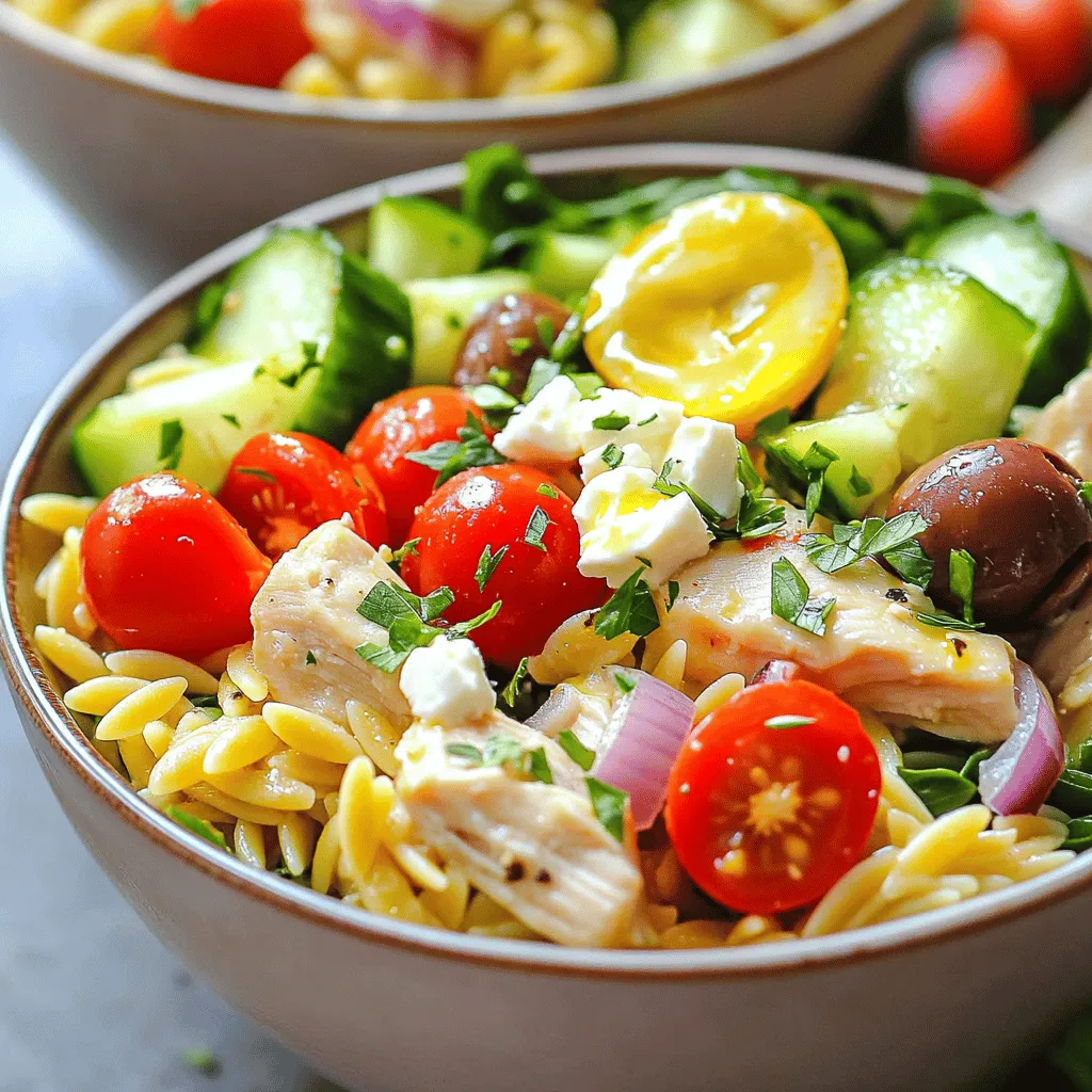 For Greek Chicken Orzo Power Bowls, gather these items: - 1 lb chicken breast, diced - 1 cup orzo pasta - 1 cup cherry tomatoes, halved - 1 cucumber, diced - 1/2 red onion, thinly sliced - 1 cup baby spinach or arugula - 1/2 cup feta cheese, crumbled - 1/4 cup Kalamata olives, pitted and halved - 3 tablespoons olive oil - Juice of 1 lemon - 1 teaspoon dried oregano - Salt and pepper to taste - Fresh parsley, chopped (for garnish) Each serving of Greek Chicken Orzo Power Bowls has about: - Calories: 450 - Protein: 30g - Carbohydrates: 40g - Fat: 20g - Fiber: 4g This meal packs a punch with protein and healthy fats. You can change some ingredients if needed: - Use quinoa instead of orzo for a gluten-free option. - Swap chicken for chickpeas for a vegetarian dish. - Replace feta with a dairy-free cheese for a vegan option. - Try different veggies like bell peppers or zucchini for added crunch. These swaps keep the dish fresh and exciting! For the full recipe, check it out above. To start, grab a large pot. Fill it with water and add salt. Bring the water to a boil. Once boiling, add 1 cup of orzo pasta. Cook it for about 8-10 minutes. You want it to be al dente. After cooking, drain the orzo and set it aside. This pasta adds a nice texture to your bowls. Next, take the chicken breast and dice it into small pieces. In a medium bowl, mix the chicken with 1 tablespoon of olive oil, juice from 1 lemon, dried oregano, salt, and pepper. Make sure to coat the chicken well. Heat a large skillet on medium heat. Add the seasoned chicken and cook for about 7-10 minutes. Stir it occasionally until it turns golden brown and is fully cooked. While the chicken cooks, chop your veggies. Dice the cucumber, halve the cherry tomatoes, and slice the red onion thinly. In a large bowl, combine the cooked orzo, chicken, cherry tomatoes, cucumber, red onion, baby spinach, Kalamata olives, and crumbled feta cheese. Drizzle the remaining olive oil over the mix. Season with salt and pepper to taste. Gently toss everything together. This step brings all the flavors together. You can find the full recipe for a detailed guide. To make great chicken, start with fresh breast. I like to cut it into small cubes. This helps it cook faster and evenly. Marinate the chicken with olive oil, lemon juice, oregano, salt, and pepper. Let it sit for at least 15 minutes. This step adds flavor and keeps it juicy. When cooking, use medium heat. This gives a nice golden brown color without burning. Make sure to stir it often for even cooking. Orzo cooks quickly, so watch it closely. Boil salted water and add the orzo. Set a timer for 8 minutes. Taste a piece to check if it’s al dente. If it’s done, drain it right away. Rinsing it under cold water stops the cooking process. This keeps orzo from getting mushy. You can also add a little olive oil after draining. This helps prevent sticking. Serve Greek Chicken Orzo Power Bowls warm or at room temperature. I love adding a dollop of tzatziki sauce on top for extra flavor. Fresh herbs like dill or mint can also brighten the dish. Pair it with a simple green salad or some pita bread. For a fun twist, you can add roasted veggies or chickpeas. The Full Recipe includes all the steps to create this delicious meal. {{image_2}} You can easily make this dish vegetarian by swapping the chicken for chickpeas. Use one can of drained and rinsed chickpeas. Season them with olive oil, lemon juice, and oregano just like the chicken. Cook them in the skillet for about 5-7 minutes until warm. This keeps all the great flavors while making it plant-based! If you want to change up the taste, try different spices. You can use smoked paprika or cumin for a warm flavor. Mix in some garlic powder for extra zest. You can also add fresh herbs like dill or mint for a bright twist. Each option gives a unique touch to your Greek Chicken Orzo Power Bowls. Feel free to add seasonal veggies to your bowl. In summer, toss in zucchini or bell peppers. In fall, try roasted butternut squash or Brussels sprouts. Just chop them up and add them to the skillet while cooking the chicken or chickpeas. This not only adds color but also boosts nutrition and flavor. After enjoying your Greek Chicken Orzo Power Bowls, store any leftovers in an airtight container. Make sure to cool the dish to room temperature before sealing. This helps keep the flavors fresh. Place the container in the fridge. Your leftovers will stay good for up to three days. To reheat your Greek Chicken Orzo Power Bowls, use the microwave or a skillet. If using the microwave, place a portion in a bowl and cover it. Heat in short bursts, stirring in between. This keeps it from drying out. If you use a skillet, add a splash of water or olive oil. Heat on medium until warm. Stir often to prevent sticking. You can freeze Greek Chicken Orzo Power Bowls, but be aware that some ingredients may change in texture. To freeze, pack the cooled dish in a freezer-safe container. Leave some space at the top for expansion. It can last up to three months in the freezer. When ready to eat, thaw overnight in the fridge. Reheat thoroughly before serving. For the full recipe, check the detailed instructions above. To reheat Greek Chicken Orzo Power Bowls, use the microwave or stovetop. If using a microwave, place the bowl in for 1-2 minutes. Stir halfway for even heating. On the stovetop, warm in a pan over low heat for about 5 minutes. You can add a splash of water to keep it moist. Yes, you can make Greek Chicken Orzo Power Bowls ahead of time. Cook the chicken and orzo, then mix them with the veggies. Store in the fridge for up to three days. Just add the feta and olives right before serving. This keeps them fresh and tasty. To make Greek Chicken Orzo Power Bowls dairy-free, simply skip the feta cheese. You can use avocado or a dairy-free cheese if you want a creamy texture. Another option is to add extra veggies for flavor and nutrition. This way, you still get a delicious meal without dairy. For the full recipe, check out the detailed steps and ingredients above! This blog post covered key points about making Greek Chicken Orzo Power Bowls. We detailed ingredients, cooking steps, and tips for great results. You learned how to customize and store this dish, making it even more enjoyable. In conclusion, this recipe is flexible and delicious. You can create a meal that fits your tastes. Try it out and see how easy it is to enjoy healthy food at home.