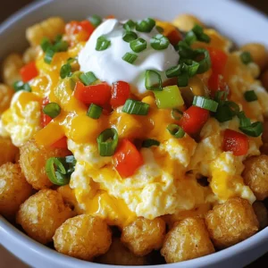 - 2 cups frozen tater tots - 4 large eggs - 1/2 cup shredded cheddar cheese These main ingredients create the base for a hearty meal. Tater tots are crispy and golden, which makes them perfect for breakfast. The eggs add protein and richness. The cheddar cheese brings flavor and creaminess. - 1/4 cup diced green onions - 1/2 cup diced bell peppers (any color) - 1/4 cup cooked and crumbled sausage You can customize your bowl with optional add-ins. Green onions add a fresh crunch. Bell peppers bring color and sweetness. If you like meat, add sausage for extra flavor. Each add-in makes the dish more exciting! - 1/4 cup sour cream - Salt and pepper to taste - Olive oil for cooking Seasoning is key to a tasty breakfast bowl. Use salt and pepper to enhance flavors. The olive oil helps cook the veggies and adds a nice touch. Sour cream on top gives a cool contrast to the hot ingredients. This makes every bite delicious! For the full recipe, check out the [Full Recipe]. 1. Preheat your oven to 425°F (220°C). 2. Spread 2 cups of frozen tater tots evenly on a baking sheet. 3. Bake the tater tots for 25-30 minutes. They should be golden and crispy. Flip them halfway for even cooking. 1. While the tater tots bake, heat a non-stick skillet over medium heat. Add a drizzle of olive oil. 2. Add 1/2 cup of diced bell peppers to the skillet. Sauté for about 3-4 minutes. They should be slightly soft. 3. If you want a meaty touch, add 1/4 cup of cooked, crumbled sausage. Cook for 3-4 more minutes until browned. 4. Crack 4 large eggs into a bowl and whisk them until frothy. Season with salt and pepper. 5. Pour the eggs into the skillet. Stir gently, cooking until just set but still creamy, about 3-4 minutes. 1. When the tater tots are done, take them out of the oven. 2. Spoon the scrambled egg mixture right on top of the tater tots. 3. Sprinkle 1/2 cup of shredded cheddar cheese over the eggs. Let it melt for about 1-2 minutes. 4. Garnish with 1/4 cup of diced green onions and a dollop of 1/4 cup sour cream before serving. For the full recipe, check out the detailed instructions. Enjoy your tasty Tater Tot Breakfast Bowl! To make the best tater tots, I recommend baking them at 425°F (220°C). This high heat helps them get that nice, crispy texture we all love. Bake for 25-30 minutes. Flip them halfway through for even crispiness. For extra crunch, try this tip: coat the baking sheet with a bit of olive oil. This small step can make a big difference. For creamy scrambled eggs, whisk your eggs well before cooking. Make sure to add a pinch of salt and pepper for flavor. Cook them over medium heat and stir slowly. This helps keep them soft and fluffy. If you want to try an alternative, you can bake the eggs in the oven. Just whisk them with some milk, pour into a greased pan, and bake at 350°F (175°C) until set. Garnishing your Tater Tot Breakfast Bowl can be fun! You can use diced green onions for a fresh touch. Try adding salsa or hot sauce for some heat. A dollop of sour cream adds creaminess that balances the dish. Feel free to mix and match toppings for your own signature bowl. {{image_2}} For protein, you have many choices. If you want a vegetarian option, skip the sausage. You can add black beans or chickpeas for protein. These beans are tasty and fill you up. If you prefer meat, you can use bacon or ham. Cook them until crispy, then chop and mix them in. You can also try turkey sausage for a lighter choice. Each protein gives a unique taste to your bowl. To boost flavor, add spices and herbs. A dash of paprika or cayenne pepper adds a nice kick. You can also sprinkle in some garlic powder for more depth. Fresh herbs like cilantro or parsley make your meal pop. Cheese is key for flavor, too. While cheddar is great, try pepper jack for heat. Feta cheese gives a tangy twist, while mozzarella offers a creamy texture. Each cheese choice can change the whole dish. Pair your Tater Tot Breakfast Bowl with sides. Fresh fruit or a simple salad balances the meal. You can also serve it with toast for a classic touch. Turn your bowl into a brunch platter. Create mini bowls for friends with different toppings. This way, everyone can customize their meal. It's a fun way to enjoy breakfast together. To store leftovers, let your Tater Tot Breakfast Bowl cool down first. Place it in an airtight container. This keeps it fresh for about 3 to 4 days. I recommend using glass containers. They help to keep the food from absorbing smells. For the best reheating method, use an oven. Preheat it to 350°F (175°C). Place the bowl on a baking sheet, and cover it with foil. Heat for about 15-20 minutes until warm. This method keeps the tater tots crispy. You can also use a microwave. Just heat in short bursts, stirring often. This helps maintain the texture. You can freeze both cooked and uncooked versions. For cooked, let it cool completely. Then, place it in a freezer-safe container. Use it within 2 to 3 months for the best taste. When freezing uncooked, assemble the bowl without cooking. You can thaw it overnight in the fridge before baking. This way, you can cook right from frozen. Simply add an extra 5-10 minutes to the bake time. To make a vegetarian Tater Tot Breakfast Bowl, simply skip the meat. You can use extra veggies, like mushrooms or zucchini, to add flavor and texture. Here are some good substitutions for meat: - Use 1/4 cup cooked and crumbled tempeh - Add 1/4 cup diced mushrooms - Replace sausage with black beans or chickpeas For protein sources, consider these options: - Scrambled tofu - Cooked quinoa - Sliced avocado on top These swaps will keep your bowl hearty and tasty! Yes, you can use fresh potatoes! Just peel and dice them into small cubes. For a crispy texture, you'll need to boil them first for about 5 minutes. Then, spread them on a baking sheet. Adjust your cooking time to about 35-40 minutes at 425°F. Check for golden brown color to ensure they are crispy. Fresh potatoes give a nice, homemade feel to your dish. Leftovers are a great way to get creative! Here are some ideas for repurposing your breakfast bowl: - Make a breakfast burrito by wrapping leftovers in a tortilla. - Use the mix as a filling for stuffed peppers. - Create a hash by frying them up with more veggies. These ideas let you enjoy your meal in new ways! This blog post outlined a fun and easy recipe for a Tater Tot Breakfast Bowl. We covered the main ingredients, optional add-ins, and how to perfectly combine them. I shared tips for crispy tater tots, creamy scrambled eggs, and creative garnishes. You learned about different variations to suit your taste and how to store leftovers wisely. These bowls are not just tasty; they are versatile and great for any meal. Enjoy making your own personalized Tater Tot Breakfast Bowl!