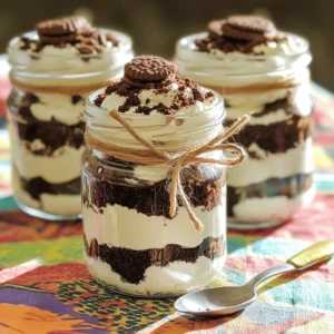 To make a delicious Cookies and Cream Cake Jar, you will need the following ingredients: - 1 cup crushed chocolate sandwich cookies (like Oreos) - 1 cup all-purpose flour - 1 teaspoon baking powder - 1/2 teaspoon baking soda - 1/4 teaspoon salt - 1/2 cup unsalted butter, softened - 1 cup granulated sugar - 2 large eggs - 1 teaspoon vanilla extract - 1/2 cup buttermilk - 1 cup whipped cream (store-bought or homemade) - Additional crushed cookies for topping Gathering these ingredients is the first step to your sweet creation. Each ingredient plays a role in the final taste and texture. For instance, the crushed chocolate cookies add a rich, chocolatey flavor, while the buttermilk helps keep the cake moist. Using high-quality cookies will enhance the taste. If you want a twist, you can mix in some nutty flavors or chocolate chips. Remember to have fun with this! The process of creating your cake jar should be enjoyable. You can check out the full recipe for more details on how to layer and present this dessert. - Preheat your oven to 350°F (175°C) and prepare the cake pan. - In a bowl, mix the flour, baking powder, baking soda, and salt. Set it aside. - In a large mixing bowl, cream the softened butter and sugar until light. Add the eggs and vanilla extract, mixing well. - Combine the dry and wet ingredients, folding in the crushed cookies gently. - Pour the batter into the prepared pan and bake it for 25-30 minutes. - Cool the cake properly for about 10 minutes before crumbling it into pieces. - In clean jars, create layers of crumbled cake and whipped cream. Start with cake, then whipped cream, and repeat. - Finish each jar with crushed cookies and refrigerate them before serving. Make sure to follow the Full Recipe for precise ingredient amounts and timings! To know when your cake is done, insert a toothpick into the center. If it comes out clean, the cake is ready. Watch the edges; they should pull away slightly from the pan. For even layers in jars, use a measuring cup to scoop crumbled cake. This helps create uniform layers. You can use homemade or store-bought whipped cream. Homemade gives a fresh taste, while store-bought saves time. To achieve perfect whipped cream texture, chill your bowl and beaters before mixing. Whip until soft peaks form, but don’t overbeat. For garnishing the cake jars, top each with crushed cookies and a dollop of whipped cream. You can add chocolate shavings or sprinkles for extra flair. For serving at parties, tie a small spoon with twine around each jar. Set them on a wooden board or a colorful tablecloth for a fun look. {{image_2}} You can change the flavor of your Cookies and Cream Cake Jar easily. One fun option is to swap chocolate cookies with vanilla cookies. This gives a lighter taste and a nice look. You can also layer in fruit, like strawberries or raspberries. The fruit adds a fresh burst of flavor that pairs well with the creamy layers. Need to eat gluten-free? You can use almond flour or coconut flour instead of regular flour. This keeps the cake tasty and light. If you want a vegan version, try using plant-based butter and almond milk. Replace eggs with flaxseeds or applesauce. These swaps let everyone enjoy this dessert delight. For the complete recipe, check out the Full Recipe section. To keep your Cookies and Cream Cake Jars fresh, store them in the refrigerator. Use airtight containers to prevent air from drying out the layers. If you made several jars, you can stack them, but make sure they are sealed well. These jars can stay good for up to five days in the fridge. For best taste, consume them within three days. This way, the flavors remain strong and delicious. Yes, you can freeze both the cake and whipped cream. To freeze the cake, crumble it and place it in a sealed bag. For whipped cream, spoon it into an airtight container. Both can last up to three months in the freezer. When you're ready to enjoy, take them out and let them thaw in the fridge overnight. This helps them regain their texture. Once thawed, layer them back into jars and serve. Enjoy your treat with fresh flavors! How long do Cookies and Cream Cake Jars last in the fridge? These cake jars last about 3 to 5 days in the fridge. Make sure to cover them well to keep them fresh. Can I make this recipe ahead of time? Yes! You can make the cake and whipped cream a day before. Assemble the jars when you are ready to serve. What can I substitute for buttermilk? You can use regular milk with a splash of vinegar. Let it sit for about 5 minutes. This will mimic buttermilk well. How do I make sure my cake remains moist? Use room temperature ingredients. Do not overbake the cake, and let it cool completely before crumbling. Where can I buy pre-made cookies and cream cake jars? You can find them at many bakeries or dessert shops. Some grocery stores also offer them in the bakery section. This blog covered everything you need to make Cookies and Cream Cake Jars. You learned about ingredients, how to prep and bake, and layering tips. I shared storage methods and fun variations to try. Now, you can make your own delicious cake jars with confidence. Enjoy the process, and have fun sharing them with friends and family. Baking can spark joy and creativity, so let your imagination shine!