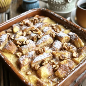To make Easy French Toast Bake, gather these simple ingredients: - 8 slices of stale bread (preferably French or brioche) - 4 large eggs - 2 cups milk - 1/2 cup heavy cream - 1/3 cup granulated sugar - 1 tablespoon vanilla extract - 1 teaspoon ground cinnamon - 1/2 teaspoon nutmeg - 1/4 cup maple syrup (plus more for serving) - 1/2 cup walnuts, chopped (optional) - Powdered sugar for dusting Choosing the right bread is key to great French toast. I like using stale French or brioche bread. Stale bread soaks up the custard better. You can also try challah for a rich flavor. Avoid fresh bread, as it can get soggy. Feel free to get creative! Add nuts for crunch or fresh fruit for sweetness. Here are some options: - Berries like strawberries or blueberries - Bananas for a fruity twist - Chocolate chips for a sweet treat - Spices like cardamom or ginger for a different flavor For the full recipe, follow the instructions carefully to ensure a perfect bake! First, gather your ingredients. You need: - 8 slices of stale bread (preferably French or brioche) - 4 large eggs - 2 cups milk - 1/2 cup heavy cream - 1/3 cup granulated sugar - 1 tablespoon vanilla extract - 1 teaspoon ground cinnamon - 1/2 teaspoon nutmeg - 1/4 cup maple syrup (plus more for serving) - 1/2 cup walnuts, chopped (optional) - Powdered sugar for dusting Start by preheating your oven to 350°F (175°C). Grease a 9x13 inch baking dish with butter or cooking spray. Next, cut the stale bread into cubes. Spread the bread evenly in the dish. If you like nuts, sprinkle half of the walnuts over the bread. In a mixing bowl, whisk the eggs, milk, heavy cream, sugar, vanilla, cinnamon, nutmeg, and maple syrup. Mix until smooth. Pour this mixture over the bread cubes. Press the bread down gently. This helps every piece soak up the custard. If using, sprinkle the remaining walnuts on top. Cover the dish with foil and bake for 25 minutes. After that, remove the foil. Bake for an extra 15-20 minutes. You want the top to turn golden brown and the center to set. Let the French toast bake cool for a few minutes. Dust the top with powdered sugar. Slice it into portions and serve warm. Drizzle more maple syrup on each serving if you like. For extra flair, add fresh berries or whipped cream. You can find the full recipe for this sweet cinnamon delight in the [Full Recipe]. To get the best texture, use stale bread. Stale bread soaks up the custard well. If your bread is fresh, let it sit out for a few hours. Cut it into cubes for even soaking. Soak the bread in the egg mixture for at least 30 minutes. This time helps the custard seep in. For a softer center, cover the dish while baking. Remove the cover for the last 15 minutes to get a nice golden top. You can swap ingredients easily. Use almond milk or oat milk instead of regular milk. If you want a lighter dish, pick low-fat milk. You can also replace heavy cream with more milk. For eggs, try flaxseed meal mixed with water for a vegan option. If you don’t like nuts, leave them out or use seeds instead. Changing the spices can create new flavors, too. Try cardamom or ginger for a fun twist. Serve your French toast bake warm right from the dish. It feels cozy and inviting. For a touch of elegance, transfer it to a wooden board. Dust with powdered sugar for a sweet look. Add fresh berries or sliced bananas on top. A dollop of whipped cream makes it special. Drizzle more maple syrup for extra sweetness. You can also serve it with yogurt for a creamy side. Check out the Full Recipe for more ideas! {{image_2}} You can make this Easy French Toast Bake your own with some fun flavors. Here are some ideas: - Berry Bliss: Add 1 cup of fresh berries like strawberries or blueberries into the bread. - Chocolate Delight: Stir in 1/2 cup of chocolate chips for a sweet touch. - Nutty Banana: Slice 1 banana and mix it in with the bread for a fruity twist. - Coconut Dream: Use coconut milk instead of regular milk and sprinkle shredded coconut on top. You can customize your French toast bake for different diets. For a gluten-free version, use gluten-free bread. For a vegan option, replace eggs with 1/4 cup of ground flaxseed mixed with 1/2 cup of water. Use plant-based milk and cream. This keeps the dish tasty and friendly for everyone. Seasonal ingredients can take your French toast bake to new heights. In the fall, try adding diced apples and a sprinkle of pumpkin spice. For winter, mix in some candied citrus peel or dried cranberries. In spring, fresh mint or lemon zest can brighten the dish. In summer, use peach slices or other ripe fruits. Each season brings its own tasty surprises! These variations make the Easy French Toast Bake a fun dish to explore. Don't hesitate to mix and match your favorites to create something new! After enjoying your Easy French Toast Bake, store any leftovers in an airtight container. Keep it in the fridge for up to three days. Make sure it cools down before sealing. This helps keep the texture nice and fresh. If you want to keep it longer, consider freezing it. To reheat, preheat your oven to 350°F (175°C). Place the slices in a baking dish. Cover it with foil to prevent drying out. Heat for about 15-20 minutes until warm. You can also use a microwave. Heat individual slices for about one minute. Check to see if it's warm throughout. You can freeze the Easy French Toast Bake for later. After baking, let it cool completely. Cut it into slices and wrap each slice in plastic wrap. Place the wrapped slices in a freezer bag. They can last for up to three months in the freezer. To enjoy, thaw overnight in the fridge and reheat as mentioned above. It takes about 15 minutes to prep and 40 minutes to bake. In total, you need about 1 hour. This includes the time to let it cool a bit before serving. You can enjoy it warm, fresh from the oven! Yes, you can prepare it the night before. Just follow the steps and cover it tightly. Place it in the fridge overnight. In the morning, bake it straight from the fridge. This saves time and makes breakfast easy! You can serve it with many delicious sides. Here are some ideas: - Fresh berries (strawberries, blueberries, raspberries) - Maple syrup for extra sweetness - A dollop of whipped cream - Yogurt for creaminess - Bacon or sausage for a savory touch Yes, you can make it dairy-free! Just swap the milk and cream for plant-based alternatives. Almond milk or oat milk works well. Use dairy-free butter for greasing the dish. You can still enjoy the great taste without dairy! Find the full recipe [here](#). This blog post covered how to make an Easy French Toast Bake. We explored ingredients, like the best bread types and fun add-ons. I shared simple steps for prepping, baking, and serving. You learned tips for texture and ingredient swaps, plus cool variations for everyone. I also shared how to store leftovers and answered some common questions. Making this dish offers a warm, tasty meal for any time. Enjoy trying new flavors and sharing with friends!