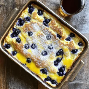 - 2 cups all-purpose flour - 2 tablespoons sugar - 2 cups buttermilk The main ingredients set the base for your pancake casserole. The all-purpose flour gives it structure. Sugar adds sweetness, while buttermilk brings a rich flavor and tender texture. You can even make your own buttermilk by mixing regular milk with lemon juice. - 1 tablespoon baking powder - ½ teaspoon baking soda - ½ teaspoon salt These other ingredients help the casserole rise and become fluffy. Baking powder and baking soda work together to create a light texture. Salt enhances the flavors, making the dish more balanced. - Powdered sugar - Maple syrup Toppings bring your dish to life. A dusting of powdered sugar adds a nice touch. Maple syrup drizzled on top adds sweetness and warmth. These toppings make each bite feel special. The Full Recipe takes these ingredients and transforms them into a warm, cozy dish that you’ll love. First, preheat your oven to 350°F (175°C). This setting will help your casserole bake evenly. Next, grab a 9x13-inch baking dish. Grease it with cooking spray or a little butter. This step makes sure the casserole does not stick. In a large bowl, whisk together the dry ingredients. You will need 2 cups of all-purpose flour, 2 tablespoons of sugar, 1 tablespoon of baking powder, ½ teaspoon of baking soda, and ½ teaspoon of salt. Mix these well until they are combined. This mix gives your casserole structure and flavor. In a separate bowl, beat 2 large eggs. Then, mix in 2 cups of buttermilk, 4 tablespoons of melted butter, and 1 teaspoon of vanilla extract. Stir until the mixture is smooth. This blend adds moisture and richness to your dish. Slowly pour the wet mix into the dry mix. Stir gently until just combined. Be careful not to overmix; it's okay if there are a few lumps. After that, fold in 2 cups of fresh blueberries. This step ensures the blueberries spread evenly throughout the batter. Pour the batter into your prepared baking dish. Use a spatula to spread it evenly. Bake in the oven for 25-30 minutes. Check for doneness by inserting a toothpick in the center. It should come out clean. After baking, let the casserole cool for about 5 minutes. This waiting period helps it set before cutting. Enjoy your warm, cozy dish! For the full recipe, check out the provided details. - Avoiding overmixing the batter: Mix the wet and dry ingredients until just combined. Overmixing can make the casserole tough. A few lumps are fine and help keep it light. - Ensuring even blueberry distribution: Gently fold in the blueberries with a spatula. This helps to spread them throughout the batter. You want every bite to have that juicy burst of flavor. - Ideal accompaniments to enhance flavors: Serve your pancake casserole warm with a dusting of powdered sugar and a drizzle of maple syrup. Fresh whipped cream can add a nice touch, too. - Presentation ideas: Cut the casserole into squares and place them on a colorful plate. Add a few extra blueberries on top for a pop of color. It makes the dish look inviting and delicious. - Recommended baking dish types: A 9x13-inch glass or ceramic baking dish works best. It helps to cook the casserole evenly. If you use metal, check it a bit earlier, as it can cook faster. - Adjusting cooking times for different ovens: Ovens can vary in heat. Start checking for doneness at 25 minutes. Use a toothpick; it should come out clean when the casserole is ready. {{image_2}} You can make this dish even better with simple swaps. For a healthier version, try using whole wheat flour instead of all-purpose flour. This adds fiber and a nutty flavor. If you want a vegan option, substitute the buttermilk with non-dairy milk. Almond or oat milk works great. Just add a splash of lemon juice to mimic buttermilk's tang. Spicing things up can add a fun twist. Consider incorporating ground cinnamon or nutmeg into the batter. These spices blend nicely with blueberries. You can also enhance the texture by adding chopped nuts or shredded coconut. Both options give extra crunch and flavor, making each bite exciting. Take advantage of seasonal fruits to change the dish. Swap blueberries for strawberries or peaches in the summer. This gives a fresh taste and bright color. For special occasions, create a festive version by adding cranberries or pumpkin spice in the fall. Each change brings a new way to enjoy this cozy dish. For the full recipe, check out the details above. After enjoying your delicious blueberry buttermilk pancake casserole, store leftovers properly. To refrigerate, place the cooled casserole in an airtight container. This keeps it fresh for up to three days. If you want to freeze it, cut the casserole into squares. Wrap each piece tightly in plastic wrap, then place them in a freezer-safe bag. This method helps prevent freezer burn. When you want to enjoy your casserole again, reheating is key. The best way to reheat is in the oven. Preheat your oven to 350°F (175°C). Place the casserole in an oven-safe dish and cover it with foil. Heat for about 15-20 minutes, or until it’s warm throughout. You can also use the microwave, but keep it short. Heat in 30-second intervals to avoid drying it out. Your blueberry buttermilk pancake casserole lasts up to three days in the fridge. If you freeze it, it can stay fresh for up to three months. Keep an eye out for signs of spoilage. Look for mold or an off smell. If it doesn’t look or smell right, it’s best to toss it out. You can make your own buttermilk at home. Mix 2 cups of milk with 2 tablespoons of lemon juice or vinegar. Let it sit for 5-10 minutes. This mix will thicken slightly and give you a similar taste. You can also use plain yogurt or sour cream, thinned with a bit of milk. Both options work well in your casserole. Yes, you can prepare this casserole the night before. Mix the dry and wet ingredients separately. Combine them just before baking. Store the batter in the fridge overnight. This helps flavors blend. In the morning, pour it into the baking dish and bake as usual. Check for doneness by inserting a toothpick into the center. If it comes out clean, your casserole is ready. The top should be golden brown and firm. If the top browns too quickly, cover it with foil. This helps it bake evenly without burning. In this post, we covered how to make a blueberry casserole. We started with key ingredients, like flour and buttermilk. Then, we walked through easy steps for mixing and baking. I shared tips for a perfect dish, including storage and reheating advice. With simple swaps, you can add your twist. Enjoy this recipe as a fun and tasty treat. Happy cooking!