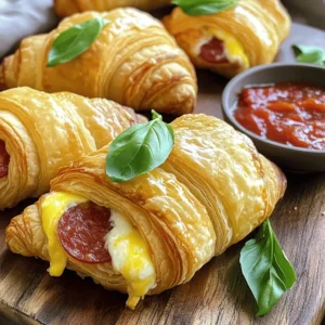 To make these tasty rolls, you need a few simple items: - 1 can refrigerated croissant dough - 1 cup sliced pepperoni - 1 cup shredded mozzarella cheese - 1/2 teaspoon Italian seasoning - 1/4 teaspoon garlic powder - 1 egg, beaten (for egg wash) - Marinara sauce (for dipping) - Fresh basil leaves (for garnish) These ingredients come together to create a fun and yummy snack. Feel free to add your favorite flavors! Here are some ideas: - Sliced olives for a briny taste - Spinach or arugula for freshness - Different cheeses like provolone or cheddar - A pinch of crushed red pepper for heat These options allow you to make the rolls your own. When choosing ingredients, aim for the best. Here’s how: - Croissant dough: Look for a brand with real butter. This gives a better flavor. - Pepperoni: Pick a brand with no fillers. This keeps the taste pure. - Mozzarella cheese: Fresh cheese melts better than pre-shredded. It adds creaminess. - Seasonings: Use fresh herbs when possible. They boost flavor and aroma. By choosing quality ingredients, your rolls will taste even better. For the full recipe, you can refer to the earlier section. First, preheat your oven to 375°F (190°C). This helps the rolls bake evenly. Next, take your can of refrigerated croissant dough and open it carefully. You will see it split into triangles. Lay the triangles flat on your counter. In a bowl, combine one cup of sliced pepperoni, one cup of shredded mozzarella cheese, 1/2 teaspoon of Italian seasoning, and 1/4 teaspoon of garlic powder. Mix it well so the cheese and pepperoni are coated in the spices. This filling adds great flavor! Now, take one triangle of dough. Place about a tablespoon of the pepperoni and cheese mix at the wide end of the triangle. Be generous! Roll the dough tightly from the wide end to the tip. Make sure to enclose the filling as you roll. Place the rolled croissant on a baking sheet lined with parchment paper. Repeat this for all the triangles until you use up the dough and filling. Before baking, brush the tops of the croissants with a beaten egg. This gives them a nice golden color. Place the baking sheet in the preheated oven. Bake for 12-15 minutes. Keep an eye on them! You want the croissants to turn golden brown and the cheese to melt. Once baked, let them cool for a few minutes. Serve warm with marinara sauce for dipping. For the full recipe, check out the instructions above! To get that flaky croissant texture, work with cold dough. Cold dough creates steam, which gives layers. When you roll out the dough, do it gently. Avoid squishing it too much. Also, don’t skip the egg wash. It adds color and helps layers stick together. Remember to preheat your oven before baking. This helps the croissants puff up nicely. For added flavor, use Italian seasoning and garlic powder. These spices blend well with cheese and pepperoni. You can also experiment with fresh herbs. Try adding chopped basil or oregano. If you like heat, sprinkle in some red pepper flakes. These small changes can make a big difference. Feel free to adjust according to your taste. If your croissants are not rising, check your oven temperature. An oven that is too cool will not activate the dough properly. If they turn out too dry, try reducing the baking time. You want a golden brown color without burning the rolls. Lastly, if the cheese oozes out, make sure to seal the dough well around the filling. Following these tips will help you create perfect Mozzarella Pepperoni Croissant Rolls every time. {{image_2}} You can easily make these rolls vegetarian. Simply swap the pepperoni for vegetables. Try using sliced bell peppers, mushrooms, or spinach. These options add great flavor and color. You can also use olives or artichokes for a Mediterranean twist. Don’t forget to keep the mozzarella cheese for that gooey texture. If you like heat, add jalapeños to your filling. Chop them finely and mix them with the cheese and other ingredients. You can also drizzle hot sauce over the finished rolls for a spicy kick. This variation gives your croissant rolls a fun and fiery flavor. You can create a sweet treat too! Replace the savory ingredients with chocolate chips or Nutella. Add a sprinkle of cinnamon for extra flavor. Roll them up just like the savory version. Bake until golden, and serve with whipped cream or a scoop of ice cream. This version is perfect for dessert or a special brunch. For the full recipe, check out the detailed instructions above! To keep your leftover croissant rolls fresh, place them in an airtight container. This helps prevent them from drying out. You can also wrap them tightly in plastic wrap. Store them at room temperature for up to two days. If you want to keep them longer, consider freezing. To reheat croissant rolls, preheat your oven to 350°F (175°C). Place the rolls on a baking sheet. Heat them for about 10 minutes. This will restore their flaky texture and warm the cheese. You can also use a microwave. If using a microwave, heat for 15-20 seconds. This option may make them a bit soft. For long-term storage, freeze your croissant rolls. After they cool, wrap each roll in plastic wrap. Then, place them in a freezer bag. Make sure you remove as much air as possible. They can last for up to three months in the freezer. When ready to eat, thaw in the fridge overnight and reheat in the oven for the best taste. Mozzarella Pepperoni Croissant Rolls stay fresh for about 2 to 3 days. Store them in an airtight container. Keep them in the fridge to maintain their taste. They may lose crispness over time. Reheat them in the oven for a few minutes to bring back some crunch. Yes, you can prepare the filling in advance. Mix the pepperoni, mozzarella, Italian seasoning, and garlic powder. Store it in the fridge for up to 24 hours. This helps save time on baking day. Just remember to fill the croissant dough right before baking. If you can't find croissant dough, use puff pastry instead. Puff pastry gives a similar flaky texture. Just roll it out and cut it into triangles the same way. You can also try biscuit dough for a different twist. Each option brings its own unique flavor and texture to the rolls. For the full recipe, you can refer back to the main article. In this post, you learned how to make Mozzarella Pepperoni Croissant Rolls. We covered key ingredients, tips for selection, and step-by-step baking. I shared ways to customize your rolls and troubleshoot issues along the way. Remember, good ingredients make a big difference. Whether you enjoy spicy twists or sweet treats, there's a recipe for everyone. Store leftovers properly and enjoy them later. Cooking can be fun and rewarding, so dive in!