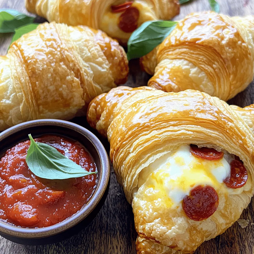 - 1 package (8 oz) refrigerated croissant dough - 1 cup fresh mozzarella cheese, shredded - 1 cup sliced pepperoni - 1/2 cup marinara sauce (for dipping) - 1 teaspoon Italian seasoning - 1 egg, beaten (for egg wash) - Fresh basil leaves for garnish (optional) - Olive oil spray - Baking sheet - Parchment paper - Small saucepan - Pastry brush When I make Mozzarella Pepperoni Croissant Rolls, I always gather my ingredients first. It keeps me organized and makes cooking easy. The dough is soft and flaky. Fresh mozzarella adds a creamy texture, while pepperoni brings a savory kick. I love to serve these rolls warm with marinara sauce for dipping. For tools, I use a baking sheet lined with parchment paper. The parchment keeps the rolls from sticking and makes cleanup a breeze. A small saucepan warms the marinara sauce nicely. The pastry brush helps spread the egg wash for a shiny finish. You really need these items to make cooking simple and fun. Using fresh and quality ingredients makes a big difference in taste. When you use the right tools, you set yourself up for success in the kitchen. These rolls are sure to impress family and friends. For the complete recipe, check out the Full Recipe section. - Set oven to 375°F (190°C). - Prepare baking sheet with parchment paper. - Unroll the croissant dough and separate it into triangles. - On the wide end, add about 2 tablespoons of shredded mozzarella cheese. - Place 2-3 slices of pepperoni on top of the cheese. - Sprinkle a pinch of Italian seasoning for extra flavor. - Start at the wide end and roll each croissant tightly towards the pointed end. - Make sure the filling stays inside while you roll. - Place each rolled croissant on the prepared baking sheet, leaving space between them. - Brush the tops with the beaten egg for a golden look. - Lightly spray with olive oil to make them crispy. - Bake for 12-15 minutes until golden brown. Enjoy these tasty bites warm with marinara sauce on the side for dipping. For the complete recipe, check the Full Recipe section. To get that perfect golden look, use an egg wash. Brush the tops of the croissants with the beaten egg. This gives them a shiny, crisp finish. You can also spray them lightly with olive oil. This step adds extra crunch and makes them golden. Want to spice things up? You can add more seasonings to the filling. Try garlic powder or red pepper flakes for some heat. You can also switch up the cheese. Cheddar or provolone can add a unique taste to the rolls. These rolls taste great with sides. Serve them with a fresh salad or crispy veggies. For presentation, place the rolls on a nice plate. Drizzle a little marinara sauce around them for a pop of color. You can even add fresh basil leaves on top for a touch of green. For the full recipe, check out the details above! {{image_2}} You can change the filling in your mozzarella pepperoni croissant rolls to mix things up. Try different meats like ham or turkey. You can also use veggies like spinach or mushrooms. For cheese alternatives, consider using cheddar or gouda. Each choice gives a new taste and texture. If you need a gluten-free option, use gluten-free croissant dough. Many brands make dough that tastes great and works well. For vegan substitutions, swap mozzarella with a plant-based cheese. You can replace pepperoni with vegan sausage or even marinated tofu. These changes keep the flavor while meeting dietary needs. These croissant rolls make great appetizer bites. Cut them into smaller pieces for easy sharing. They also work well as a main dish. Serve them with a salad or some roasted vegetables on the side. This allows you to create a full meal that everyone will enjoy. For the full recipe, check out the details above. To store leftover croissants, place them in an airtight container. This keeps them fresh longer. You can also wrap them in plastic wrap for extra protection. The croissants stay good in the fridge for about 2-3 days. After that, they may lose their taste and texture. To reheat your croissants, use an oven or toaster oven. Preheat the oven to 350°F (175°C). Place the croissants on a baking sheet. Heat for about 5-7 minutes. This method keeps them crispy. Avoid using the microwave. It makes them soft and chewy. For the best results, check them often. Enjoy your Mozzarella Pepperoni Croissant Rolls warm and tasty! To make these rolls, start with homemade dough. You will need flour, yeast, water, salt, and butter. Mix the yeast with warm water until it bubbles. Add flour and salt, then knead until smooth. Let it rise in a warm spot for an hour. Roll it out, fold in butter, and shape it into layers. Cut the dough into triangles, fill them, and roll as before. Yes, you can freeze the rolls. For best results, freeze them before baking. Place the filled rolls on a baking sheet and freeze until firm. Then transfer them to a freezer bag. When ready, bake them straight from the freezer. If you bake first, let them cool, then freeze. Reheat in the oven for crispiness. These rolls are great with many dips. Try using ranch or garlic butter. You can also serve them with pesto or a spicy aioli. Experiment with your favorite sauces to find what you love best. Each dip adds a fun twist to the flavors! This blog post provided a clear recipe for making mozzarella pepperoni croissant rolls. You learned about ingredients, cooking tools, and step-by-step instructions. I also shared tips on flavor variations and serving ideas. In conclusion, these rolls are easy to make and fun to share. Customize them to suit your taste and enjoy with friends and family. Don't forget to store leftovers properly for later! Happy cooking!