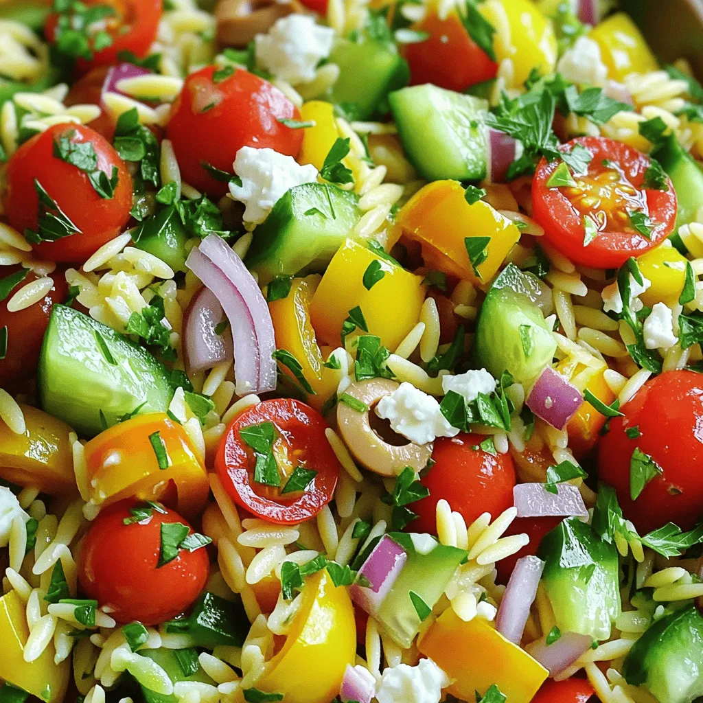 To make a vibrant Mediterranean Orzo Salad, gather these fresh ingredients: - 1 cup orzo pasta - 1 cup cherry tomatoes, halved - 1 cucumber, diced - 1 bell pepper (red or yellow), diced - 1/2 red onion, finely chopped - 1/2 cup Kalamata olives, pitted and sliced - 1/2 cup feta cheese, crumbled - 1/4 cup fresh parsley, chopped - 1/4 cup olive oil - 2 tablespoons lemon juice - 1 teaspoon dried oregano - Salt and pepper to taste You can easily swap ingredients if needed. For example: - Substitute orzo with quinoa for a gluten-free option. - Use any olives you like, such as green olives. - If you don’t have feta, try goat cheese or skip it entirely. - Replace parsley with basil or mint for a different flavor. These swaps keep the salad fresh while catering to your taste. Fresh ingredients make this salad shine. They boost flavor and nutrition. Fresh tomatoes and cucumbers provide crispness. High-quality olive oil enhances the taste. Using fresh herbs adds a burst of flavor. Always choose the best ingredients you can find. This choice ensures your Mediterranean Orzo Salad is not just good but truly great. For the full recipe, check out [Full Recipe]. First, boil water in a pot. Add a pinch of salt to the water. Once boiling, pour in 1 cup of orzo pasta. Stir the orzo gently to prevent sticking. Cook it according to the package instructions, usually about 8-10 minutes. You want the pasta to be al dente, which means it should be firm but not hard. When done, drain the orzo in a colander. Rinse it with cold water to stop the cooking. This keeps the orzo from getting mushy. Set it aside to cool while you prepare the rest of the salad. In a large mixing bowl, add the fresh vegetables. Start with 1 cup of halved cherry tomatoes. Then, add 1 diced cucumber and 1 diced bell pepper. You can use red or yellow for a pop of color. Next, chop 1/2 of a red onion finely and toss it in. Finally, add 1/2 cup of sliced Kalamata olives. Mix everything well with a spoon. This veggie mix adds crunch and flavor to the dish. Now, let’s make the dressing! In a small bowl, combine 1/4 cup of olive oil and 2 tablespoons of fresh lemon juice. Add 1 teaspoon of dried oregano for an herby touch. Season the dressing with salt and pepper to taste. Whisk everything together until it’s smooth. This dressing is bright and will bring all the flavors together. Pour the dressing over the orzo and vegetable mix. Toss gently to coat all the ingredients. This salad will taste even better after it sits for a bit. For the final touch, fold in 1/2 cup of crumbled feta cheese and 1/4 cup of chopped fresh parsley. You can find the Full Recipe for more details. To boost the flavors in your Mediterranean Orzo Salad, use fresh herbs. Fresh parsley adds brightness. You can also add fresh mint for a cool twist. Toasted nuts, like pine nuts or walnuts, give a nice crunch. A pinch of red pepper flakes adds heat without overpowering the salad. For a tangy kick, swap regular olives for spicy green olives. Finally, let the salad sit before serving. This time allows the flavors to mix and deepen. This salad shines at picnics and barbecues. Serve it in a large bowl for sharing. For a more formal setting, use individual bowls. Garnish each portion with extra feta and parsley. This adds color and makes it look appetizing. Pair it with grilled chicken or fish for a complete meal. It also works well as a side dish with your favorite protein. If you need a gluten-free version, use gluten-free orzo. Many stores sell it now. For a vegan option, skip the feta cheese or use a plant-based alternative. You can add chickpeas for protein instead. If you want to cut calories, use less olive oil or replace it with lemon juice. Always taste and adjust seasoning to suit your needs. Your salad can be as flexible as you want. For the full recipe, check out the details above. {{image_2}} You can boost the nutrition of your Mediterranean orzo salad easily. Consider adding: - Chickpeas: They provide protein and fiber. One cup adds a nice texture. - Spinach or kale: These greens pack vitamins and minerals. Just a handful works well. - Artichoke hearts: They offer a tangy flavor and are rich in antioxidants. - Avocado: This adds creaminess and healthy fats. Half an avocado is perfect. - Roasted nuts: Almonds or pine nuts add crunch and healthy fats. Use a small handful. These add-ins not only enhance nutrition but also make the salad more filling. While the olive oil and lemon dressing is classic, you can switch it up. Here are some tasty alternatives: - Balsamic vinaigrette: This adds a sweet and tangy flavor. Just mix balsamic vinegar and olive oil. - Greek yogurt dressing: Combine yogurt, lemon juice, and herbs. This adds creaminess and a cooling effect. - Tahini dressing: Blend tahini with lemon juice and garlic. It adds a nutty taste to the salad. These dressings offer new flavors and can change the dish’s style. You can adjust this salad based on the seasons. In summer, add fresh fruits like watermelon or peaches for sweetness. In fall, include roasted butternut squash for warmth. Winter can see you adding roasted Brussels sprouts or even pomegranate seeds for color and crunch. Spring is perfect for fresh herbs and asparagus. These seasonal changes keep your Mediterranean orzo salad fresh and exciting all year long. For the full recipe, check out the details above. To keep your Mediterranean Orzo Salad fresh, store it in the fridge. Place the salad in an airtight container. This helps protect the flavors and textures. If you have extra dressing, keep it separate. This way, it won’t make the salad soggy. When you’re ready to eat, just mix in the dressing again. I recommend using glass containers for storage. They are safe for food and easy to clean. If you want something lighter, plastic containers work too. Just ensure they seal well. This keeps air out and freshness in. Your salad will stay good for about 3 to 5 days in the fridge. After that, the veggies may start to lose their crunch. If it looks or smells off, it’s best to toss it out. For the best taste and texture, enjoy it within the first few days. Mediterranean Orzo Salad comes from the sunny shores of the Mediterranean. This region values fresh ingredients and bold flavors. The salad blends classic Mediterranean foods like olives, feta, and fresh veggies. It reflects the vibrant culture and healthy eating found there. Each bite brings a taste of the sea and sun, making it a favorite for many. Yes, you can make this salad ahead of time! It stays tasty in the fridge for a day or two. Make sure to keep it in an airtight container. If you want the best flavor, let it sit for at least 15 minutes before serving. This allows the dressing to soak into the ingredients. If you make it too far in advance, the veggies might get too soft. Orzo pasta is not gluten-free. It is made from wheat, which contains gluten. If you need a gluten-free option, look for gluten-free orzo or use another gluten-free pasta. Many stores sell rice or corn-based pasta that works well. This way, you can enjoy the same great taste without the gluten! This blog post covered how to make a delicious Mediterranean Orzo Salad. We looked at key ingredients and substitutions. Fresh ingredients are vital for great taste. I shared simple cooking steps and helpful tips to boost flavors. You can use different dressings and add-ins for your diet. Storing leftovers correctly helps keep your salad fresh longer. Finally, I answered common questions about the dish. Enjoy making this salad your own, and savor every bite!