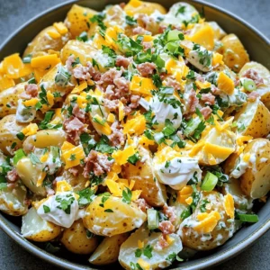 - 4 large Yukon Gold potatoes, scrubbed and diced - 1 cup sour cream - 1/2 cup mayonnaise - 1 tablespoon Dijon mustard - 1 teaspoon garlic powder - Salt and pepper, to taste - 1 cup shredded sharp cheddar cheese - 1/2 cup cooked and crumbled turkey bacon - 1/4 cup green onions, sliced - 1/4 cup fresh parsley, chopped The star of this dish is the potatoes. Yukon Gold potatoes are my favorite. They are creamy and flavorful. They make the salad rich and hearty. I love to boil them until they are fork-tender. Next, we have sour cream and mayonnaise. These two add creaminess and tang. They blend together to coat the potatoes well. A touch of Dijon mustard gives a nice zing. Garlic powder adds depth, making each bite pop with flavor. Bacon and cheese bring that loaded touch. The turkey bacon adds a smoky crunch. If you prefer a vegetarian option, use plant-based bacon. Sharp cheddar cheese is a must. It melts into the potatoes and gives a savory kick. - Bell peppers - Celery - Dill - Paprika To make this salad even better, you can add some veggies. Chopped bell peppers add color and crunch. Celery gives a nice fresh bite. You can also toss in some herbs. Dill or paprika can enhance the taste. The options are endless! - Large pot - Mixing bowl - Serving dish For this recipe, you need a few simple tools. A large pot is key for boiling the potatoes. A mixing bowl helps combine all the creamy goodness. Finally, a serving dish lets you show off your tasty creation. If you want the full recipe, check out the Loaded Potato Salad section! 1. Start by boiling the diced potatoes. - Place the diced Yukon Gold potatoes in a large pot of salted water. - Bring the water to a boil over medium-high heat. - Once boiling, reduce the heat to a simmer. - Cook for 12 to 15 minutes or until a fork easily pierces the potatoes. 2. After cooking, drain the potatoes. - Allow them to cool in a colander for a few minutes. - Set them aside to cool completely before mixing. 1. In a large mixing bowl, combine the dressing ingredients. - Add 1 cup of sour cream and 1/2 cup of mayonnaise. - Mix in 1 tablespoon of Dijon mustard and 1 teaspoon of garlic powder. - Season with salt and pepper to taste. - Whisk everything together until smooth and creamy. 1. Once the potatoes have cooled, it's time to combine. - Gently fold the cooled potatoes into the dressing mixture. - Make sure to coat all the potatoes well. 2. Add the fun mix-ins. - Fold in 1 cup of shredded sharp cheddar cheese. - Add 1/2 cup of crumbled turkey bacon, 1/4 cup of sliced green onions, and 1/4 cup of chopped parsley. - Mix everything until well combined. 3. Adjust the seasoning as needed. - Taste the salad and add more salt or pepper if desired. - Cover and refrigerate for at least one hour. This helps the flavors blend. Now, your loaded potato salad is ready to impress! For the complete recipe, check out the [Full Recipe]. To make the best loaded potato salad, choose the right potatoes. I love using Yukon Gold potatoes. They stay creamy and have a nice flavor. Avoid russet potatoes. They can turn mushy when cooked. To keep your potatoes firm, don't overcook them. Boil until fork-tender but still slightly firm. Drain them well and let them cool completely before mixing them with the dressing. This helps keep the texture just right. Seasoning is key. If you want a bolder taste, try adding more garlic powder or a pinch of smoked paprika. For a tangy twist, a bit of lemon juice can brighten flavors nicely. For more crunch, add diced celery or bell peppers. They not only add texture but also a nice pop of color. You can also toss in some chopped pickles for an extra zing. Presentation matters! Serve your loaded potato salad in a large bowl. Top it with extra cheese, green onions, and parsley for a beautiful finish. This salad pairs well with grilled meats, especially at summer BBQs. It also works nicely as a side for picnics or potlucks. For a special touch, chill the salad before serving to let the flavors meld. For the complete recipe, check out the [Full Recipe]. {{image_2}} Loaded potato salad is not just one dish; it can be many! You can change it up to fit your taste or diet. Here are some fun variations to try. You can make a great vegetarian version of loaded potato salad! Instead of bacon, use plant-based options. Try using smoked tempeh or crispy chickpeas for a nice crunch. These options give a smoky flavor without meat. You won’t miss the bacon at all. If you love heat, try a spicy loaded potato salad! Just add jalapeños or your favorite hot sauce. You can slice fresh jalapeños and mix them in. For more heat, add some sauce to your dressing. This version will wake up your taste buds! Cheese can change the flavor of your potato salad. Sharp cheddar is classic, but feel free to try others. You might like creamy feta or tangy goat cheese. Each cheese adds a unique taste to the dish. Mix and match to find your favorite combo! For the full recipe, check out the loaded potato salad's main guide. Enjoy making these tasty variations! To keep your loaded potato salad fresh, store it in an airtight container. This helps prevent moisture loss and keeps the flavors intact. Make sure to refrigerate it right after serving. The cool temperature slows bacterial growth. I recommend using it within four days for the best taste. If you notice any off smells or changes in texture, it’s best to toss it out. Freezing loaded potato salad is not ideal due to the creamy texture. However, if you must freeze it, use a freezer-safe container. Leave some space at the top for expansion. To thaw, place it in the fridge overnight. After thawing, the salad may look a bit watery. You can stir in some fresh sour cream to restore its creaminess. When stored correctly, loaded potato salad lasts about three to five days in the fridge. For the best taste and texture, eat it within that time. If you freeze it, plan to enjoy it within a month. Over time, the quality may drop, so it’s best to consume it sooner rather than later. For full details on making the salad, refer to the Full Recipe. Yes, you can make Loaded Potato Salad ahead of time. I recommend making it a day in advance. This gives the flavors time to blend. Just store it in the fridge until you are ready to serve. If you need a sour cream substitute, use Greek yogurt. It has a similar taste and texture. You can also try using cottage cheese for a lighter option. Another choice is to use plant-based yogurt for a dairy-free salad. To make your Loaded Potato Salad creamy, use a mix of sour cream and mayonnaise. This combination adds richness. You can also add more cheese, like cream cheese, for extra creaminess. Yes, Loaded Potato Salad is gluten-free. Just make sure to check all ingredient labels. Some brands of mayonnaise and bacon may contain gluten, so look for gluten-free versions. Loaded potato salad is a tasty dish that combines creamy potatoes, rich toppings, and fun add-ins. You can customize it with herbs, spices, or veggies. Follow my easy steps for boiling, mixing, and serving. Remember to use the right potatoes for the best texture and flavor. Whether you want a spicy kick or a vegetarian twist, options await. Store your leftovers properly to keep them fresh. With these tips, you can create a crowd-pleaser and make every bite enjoyable. Enjoy your loaded potato salad and share it with friends and family!