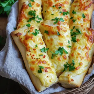 To make cheesy garlic breadsticks, you need these simple ingredients: - 2 cups all-purpose flour - 1 packet (2 1/4 tsp) instant yeast - 3/4 cup warm water (110°F/43°C) - 1/2 teaspoon sugar - 1 teaspoon salt - 2 tablespoons olive oil - 3 tablespoons unsalted butter, melted - 4 cloves garlic, minced - 1 cup shredded mozzarella cheese - 1/2 cup grated Parmesan cheese - 1 tablespoon dried oregano - Fresh parsley, chopped (for garnish) - Pinch of red pepper flakes (optional) Using good ingredients makes a big difference. Fresh garlic gives a strong flavor that sets these breadsticks apart. Good cheese melts well and creates that stretchy, gooey texture we all love. Quality flour helps the dough rise nicely. Always check expiration dates on yeast; you want it to be active for a great rise. For best results, choose high-quality olive oil and butter. They enhance flavor and aroma, making your breadsticks even tastier. You can swap some ingredients if needed. For a gluten-free option, use gluten-free flour. This may change the texture a bit but should still taste great. If you don’t have Parmesan cheese, try using Pecorino Romano or even nutritional yeast for a vegan twist. For a different flavor, add herbs like thyme or basil instead of oregano. You can also use garlic powder if you don’t have fresh garlic on hand. These tweaks can help you make the recipe work for your taste and pantry. First, we need to make the dough. In a small bowl, mix warm water, sugar, and yeast. Let it sit for about 5 minutes. You want it to look frothy. This shows the yeast is alive. In a large bowl, combine flour and salt. Make a well in the center. Add the yeast mixture and olive oil. Mix until a dough forms. Knead the dough on a floured surface for 5 to 7 minutes. It should feel smooth and elastic. Place the dough in a greased bowl. Cover it with a damp cloth. Let it rise in a warm spot for about one hour or until it doubles in size. Once your dough has risen, preheat your oven to 425°F (220°C). Roll out the dough on a floured surface into a rectangle. Aim for about 1/2 inch thick. In a small bowl, mix melted butter, minced garlic, and oregano. Brush this mixture generously over the dough. Then, sprinkle mozzarella and Parmesan cheese evenly on top. If you want a kick, add red pepper flakes. Cut the dough into strips, about 1-2 inches wide. Carefully transfer the strips to a lined baking sheet. Bake in the preheated oven for 12 to 15 minutes. They should turn golden and the cheese should be bubbly. After baking, remove the breadsticks from the oven. Garnish them with freshly chopped parsley for color and flavor. Serve them warm, alongside a small bowl of marinara sauce for dipping. For a rustic touch, arrange the breadsticks in a basket lined with a clean cloth. Enjoy your cheesy garlic breadsticks as a perfect snack or side dish! For the full recipe, check out the section above. One key mistake is not letting the dough rise enough. Let it double in size. This step makes the breadsticks soft and fluffy. Another mistake is using cold water. Warm water helps the yeast wake up. If you skip the yeast, your breadsticks won't rise. Also, make sure to measure the flour correctly. Use a spoon to scoop it into the cup, then level it off. Too much flour can make the dough dense. For the best texture, knead the dough well. This develops the gluten, which gives bread a nice chew. Aim for about 5 to 7 minutes of kneading. If the dough is sticky, sprinkle a bit more flour. For great flavor, don't skip the garlic butter mix. Use fresh, minced garlic for a stronger taste. After baking, let the breadsticks cool slightly. This helps enhance the flavors, making each bite better. To boost the garlic flavor, add more minced garlic to the butter. For cheese, try mixing different types. Cheddar or Gouda can offer a nice twist. If you want a bit of heat, add red pepper flakes to the cheese mix. Finally, fresh herbs like basil or thyme can bring extra flavor. You can mix them right into the dough or sprinkle them on top before baking. For even more yum, serve with marinara sauce for dipping. For the full recipe, check out the detailed steps above. {{image_2}} You can change up the cheese for fun. Try cheddar for a sharp bite. Fontina adds creaminess, while gouda gives a smoky flavor. Mix mozzarella with a bit of blue cheese for a bold twist. You can even use a blend of cheeses for unique tastes. Just keep the total amount around one and a half cups. This way, your breadsticks will still be cheesy and delicious. Adding herbs and spices makes your breadsticks exciting. Fresh basil or thyme adds a nice touch. You can mix in some garlic powder for extra flavor. A pinch of Italian seasoning works well too. For a little heat, try adding crushed red pepper flakes. Just be careful with the amount. You want to enhance the flavor, not overpower it. If you need gluten-free breadsticks, use a gluten-free flour blend. Look for one that includes xanthan gum for the best texture. For a vegan version, swap dairy cheese for your favorite plant-based cheese. You can also use olive oil instead of butter. This way, everyone can enjoy these tasty treats. Don't forget to check the ingredient labels for hidden animal products. For the full recipe, follow the instructions above! To keep your cheesy garlic breadsticks fresh, store them in an airtight container. Place a piece of parchment paper between layers if you stack them. This helps prevent them from getting soggy. Keep the container at room temperature for up to two days. For longer storage, the fridge is fine, but it may dry them out. When it's time to enjoy your leftover breadsticks, the oven is best. Preheat the oven to 350°F (175°C). Place the breadsticks on a baking sheet. Heat them for about 10 minutes, or until warm. You can also microwave them for 30 seconds. However, the microwave may make them chewy, not soft. If you want to save your cheesy garlic breadsticks for later, freezing is a great option. Wrap them tightly in plastic wrap, then place them in a freezer-safe bag. They can stay in the freezer for up to three months. To eat them, thaw in the fridge overnight and reheat as mentioned above. For a quick fix, you can bake them directly from frozen. Just add a few extra minutes to the bake time. Enjoy your homemade treat anytime! For the full recipe, check the earlier section. To make Cheesy Garlic Breadsticks from scratch, start by mixing warm water, sugar, and yeast. Let it sit for five minutes. In a big bowl, combine flour and salt. Make a well and add the yeast mix and olive oil. Mix until the dough forms. Knead it for about five to seven minutes until smooth. Let it rise in a greased bowl for one hour. Roll it out into a rectangle, brush with garlic butter, and top with cheese. Cut into strips and bake at 425°F for 12 to 15 minutes. For the full recipe, check the earlier section. Yes, you can use other cheeses! While mozzarella and Parmesan are classic choices, feel free to mix it up. Cheddar adds a sharp flavor, while Gouda gives a smoky touch. You can even try feta for a tangy twist. Just remember, when choosing cheese, aim for a good melt. This will keep your breadsticks gooey and delicious. Cheesy Garlic Breadsticks pair well with many dishes. You can serve them with marinara sauce for a classic dip. They also go nicely with a fresh salad for a light meal. If you want some protein, try them with a hearty soup or pasta. You can also enjoy them as a snack on their own. In this article, we explored how to make perfect cheesy garlic breadsticks. We covered the best ingredients, step-by-step instructions, and tips for flavor. I discussed fun variations for different diets and how to store extras. Remember, using fresh ingredients leads to the best taste. Avoid common mistakes for the perfect texture. Enjoy making these breadsticks as a snack or side. With practice, you’ll impress everyone with your skills. Now, go ahead and bake!