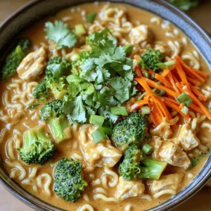 To make Easy Spicy Chicken & Peanut Butter Ramen, gather these simple items: - 2 packs of instant ramen noodles (discard seasoning) - 1 pound boneless, skinless chicken thighs - 2 cloves garlic, minced - 1 tablespoon grated ginger - 1 red chili pepper, chopped - 3 tablespoons creamy peanut butter - 3 tablespoons soy sauce - 2 tablespoons chicken broth or water - 1 tablespoon sesame oil - 1 cup broccoli florets - 1 carrot, julienned - 2 green onions, sliced - Chopped cilantro for garnish (optional) These ingredients create a rich and spicy dish. The chicken thighs offer juicy flavor, while the peanut butter adds creaminess. The garlic and ginger bring warmth and depth. You can adjust the red chili pepper for heat. Fresh vegetables like broccoli and carrots add crunch and nutrition. Each bite combines all these flavors for a delightful meal. For more detailed preparation, check out the Full Recipe. 1. Cooking the ramen noodles: Start by boiling a pot of water. Once it boils, add the instant ramen noodles. Cook them as per the package instructions, which usually takes about 3-4 minutes. Drain the noodles and set them aside. 2. Sautéing the chicken and aromatics: In a large skillet or wok, heat one tablespoon of vegetable oil over medium-high heat. Add one pound of bite-sized chicken thighs. Cook the chicken for about 5-7 minutes until it’s brown and cooked through. Add two cloves of minced garlic, one tablespoon of freshly grated ginger, and one finely chopped red chili pepper. Stir these in for 1-2 minutes until they release their fragrant aroma. 3. Creating the peanut sauce: Lower the heat to medium. Add three tablespoons of creamy peanut butter, three tablespoons of soy sauce, two tablespoons of chicken broth (or water), and one tablespoon of sesame oil to your skillet. Mix these together until you have a smooth sauce that coats the chicken well. 1. Adding vegetables and noodles: Toss in one cup of broccoli florets and one julienned carrot into the skillet. Stir everything together and let it cook for about 3-4 minutes. The veggies should be tender but still crisp. Now, fold in the cooked ramen noodles and mix well with the chicken and spicy peanut sauce. 2. Final cooking steps and mixing: Heat everything through for 2-3 minutes. This allows the noodles to soak up all the tasty flavors from the sauce. 1. Presentation tips and garnishes: Serve your ramen in deep bowls. For a pop of color and heat, add extra chopped chili on top. A sprinkle of chopped cilantro can enhance the dish’s look and flavor. 2. Serving temperature options: Enjoy your Easy Spicy Chicken & Peanut Butter Ramen hot. If you prefer a cooler dish, let it sit for a few minutes before serving. Choosing the right skillet or wok makes a big difference. I prefer a non-stick skillet for easy cooking and cleaning. A well-seasoned cast iron wok also works great. Both options heat evenly and help prevent sticking. For the perfect sauce consistency, mix the peanut butter with soy sauce and broth. Heat helps to blend the flavors well. If the sauce is too thick, add a bit more broth or water. This keeps it smooth and creamy. Adjusting spice levels is simple. If you love heat, add more chili peppers. For a milder dish, use less. You can also use chili paste if you want an extra kick. If you run out of an ingredient, don't worry! You can swap the peanut butter for almond butter. This gives a nice twist to the flavor. Soy sauce can be replaced with tamari for a gluten-free option. Save time on busy nights by prepping your ingredients in advance. Chop the veggies and marinate the chicken the night before. Store them in the fridge to keep them fresh. You can cook the ramen noodles ahead of time, but it's best to do this close to serving. This way, they stay firm and do not get mushy. Follow the Full Recipe for more detailed steps to prepare this dish easily. {{image_2}} You can switch the chicken for tofu if you want a vegetarian option. Tofu soaks up the flavors well. Firm tofu works best for this recipe. If you prefer meat, you can use chicken breast or shrimp instead. Chicken breast is leaner, while shrimp adds a nice touch. Seasonal vegetables make this dish fresh and colorful. You can add bell peppers, snap peas, or bok choy for extra crunch. Feel free to use your favorites. Carrots and broccoli are great, but don’t hesitate to mix it up. For gluten-free options, use gluten-free ramen noodles. Rice noodles are a tasty alternative too. If you need nut-free options, swap peanut butter for sunflower seed butter. This keeps the creamy texture without the nuts. To keep your Easy Spicy Chicken & Peanut Butter Ramen fresh, place it in a container. Use an airtight container to prevent moisture loss. Store it in the fridge for up to three days. This helps maintain the chicken's flavor and noodle texture. You can reheat leftovers in the microwave or on the stovetop. For the microwave, place the ramen in a bowl and cover it loosely. Heat in short bursts until warm. For stovetop, add a splash of water to a pan. Heat over low, stirring gently to warm through. To keep noodles from getting mushy, avoid overcooking. Stir often and add a little water if needed. If you want to store your ramen longer, freezing is a great option. Let the dish cool completely before freezing. Use freezer-safe bags or containers to save space. When ready to eat, thaw it overnight in the fridge. Reheat it gently on the stove or in the microwave, adding a splash of water to restore moisture. For the full recipe, check the Easy Spicy Chicken & Peanut Butter Ramen section. How to make ramen noodles taste better? Add a splash of soy sauce or sesame oil. You can also mix in some garlic or ginger. These ingredients give the noodles a rich flavor. Another tip is to add fresh herbs like cilantro or green onions for a fresh touch. Can I make spicy chicken & peanut butter ramen ahead of time? Yes, you can prepare it in advance. Cook the chicken and sauce, then store them in the fridge. Just cook the noodles fresh when you are ready to eat. This keeps the noodles from getting mushy. What can I substitute for peanut butter? If you have a nut allergy, use sunflower seed butter. Tahini is another great option. Both will give you a creamy texture with a different flavor. Can I use any type of peanut butter? Yes, you can use smooth or crunchy peanut butter. Just keep in mind that crunchy peanut butter will add texture. Always choose a brand with minimal added sugars for the best flavor. How do I adjust the spiciness level? To make the dish milder, use less chili pepper. You can also remove the seeds from the pepper. If you like it spicier, add more chili or a dash of hot sauce when serving. Calories per serving This dish has about 400 calories per serving. This is a great meal packed with flavor without too many calories. Health benefits of the ingredients Chicken provides protein for muscle growth. Broccoli is rich in vitamins and fiber. Peanut butter adds healthy fats and can help keep you full longer. In this article, we explored how to make a tasty chicken and peanut butter ramen dish. We covered key ingredients, cooking steps, and serving tips. You learned about helpful techniques, ingredient swaps, and ways to store leftovers. Feel confident in creating this meal on busy nights or for a special gathering. Whether you stick to the basics or try variations, this recipe promises satisfaction. Enjoy your cooking journey and the delicious meals ahead!