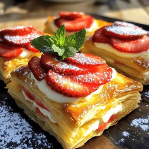 To make a delightful Strawberry Danish, gather these main ingredients: - 1 sheet of puff pastry (thawed) - 1 cup fresh strawberries, hulled and sliced - 1/4 cup sugar (plus more for sprinkling) - 1 tablespoon cornstarch - 1 teaspoon lemon juice - 1/2 teaspoon vanilla extract - 1 egg (for egg wash) - 4 oz cream cheese, softened - 2 tablespoons powdered sugar - 1 teaspoon almond extract - 1 tablespoon milk These ingredients create a sweet, flaky pastry filled with luscious strawberries and creamy cheese. If you want to add more flavor, consider these optional ingredients: - A pinch of salt enhances sweetness. - Fresh mint leaves for garnish brighten the dish. - A bit of cinnamon adds warmth and depth. These extras can elevate your Strawberry Danish to new heights. You can easily switch some ingredients for a twist: - Use frozen strawberries if fresh ones aren't available. - Swap cream cheese for mascarpone for a richer taste. - Try using a gluten-free puff pastry for a gluten-free option. Always keep your puff pastry cold before baking. This helps it puff up nicely. For a golden finish, brush the pastry edges with egg wash. Enjoy every bite of your Strawberry Danish! Start by preheating your oven to 400°F (200°C). Line a baking sheet with parchment paper. Take your thawed puff pastry and lay it on a lightly floured surface. Roll it out gently to smooth any creases. Cut the pastry into four rectangles. Place these rectangles on the lined baking sheet. In a bowl, mix 1 cup of sliced strawberries with 1/4 cup of sugar, 1 tablespoon of cornstarch, 1 teaspoon of lemon juice, and 1/2 teaspoon of vanilla extract. Toss the mixture until all the strawberries are coated. Let it sit for about 10 minutes. This will help the flavors blend and the strawberries to soften. In another bowl, combine 4 oz of softened cream cheese with 2 tablespoons of powdered sugar, 1 teaspoon of almond extract, and 1 tablespoon of milk. Mix this well until it's smooth and creamy. This mixture adds a rich layer to your danish. Using a knife, score a 1/2 inch border around each pastry rectangle. Be careful not to cut all the way through. This border will puff up nicely in the oven. Spread a spoonful of the cream cheese mixture in the center of each pastry, keeping it inside the scored border. Then, spoon the strawberry mixture over the cream cheese layer. Beat 1 egg in a small bowl for the egg wash. Brush the edges of each pastry with the egg wash and sprinkle a little sugar on top for extra sweetness. Bake in your preheated oven for 18-20 minutes. Watch for a golden brown color and puffy pastry. Once baked, remove them from the oven and let them cool slightly before serving. For more details, follow the Full Recipe. To make great puff pastry, keep it cold. Warm dough can lose its puff. Roll it out gently on a floured surface. This helps avoid tough spots. Always use a sharp knife for cutting. A dull knife crushes the layers. When baking, ensure your oven is fully heated. This helps the pastry rise beautifully. To avoid soggy pastries, use a thick filling. Drain any excess juice from fruits. You can also pre-bake the pastry for a few minutes. This gives it a head start. Brush the edges with egg wash. This seals in moisture and adds a nice shine. Serve your Strawberry Danish warm for the best taste. Dust with powdered sugar for a sweet touch. You can add fresh mint leaves on top. This adds color and a fresh flavor. Pair with a scoop of vanilla ice cream for a treat. For a fun twist, drizzle with chocolate sauce. Enjoy making your Strawberry Danish a showstopper! {{image_2}} You can switch up the filling for a creamy twist. Instead of just strawberries, use cream cheese. Just mix the cream cheese with some sugar and vanilla. This adds richness and a nice balance to the sweet strawberries. Spread the cream cheese mix on the pastry first. Then add your strawberry filling on top. This makes each bite extra tasty and creamy. For a nutty taste, try almond filling. You can make this by mixing almond paste with a bit of sugar and milk. Spread this mix on the pastry base. Layer the strawberries on top as usual. The almond flavor pairs well with the fruit. It gives a unique touch to your Danish and makes it stand out. If you need a gluten-free option, use gluten-free puff pastry. Many brands offer this now, and it works well. Follow the same steps in the Full Recipe. The taste and texture may vary a little, but you can still enjoy a delicious treat. Just make sure all your other ingredients are gluten-free too. This way, everyone can enjoy your Strawberry Danish! To keep your leftover Strawberry Danish fresh, place them in an airtight container. This helps prevent them from drying out. You can also wrap each Danish in plastic wrap before placing them in the container. Store them in the fridge for up to three days. To reheat your Danish, preheat your oven to 350°F (175°C). Place the Danish on a baking sheet. Heat for about 10-15 minutes until warm and crispy. You can use a microwave, but the pastry may turn soggy. If you prefer, you can cover the Danish with a damp paper towel in the microwave for about 20-30 seconds. If you want to save your Strawberry Danish for later, freezing works well. Wrap each one in plastic wrap, then place them in a freezer-safe bag. Label the bag with the date. You can freeze them for up to two months. To enjoy, thaw in the fridge overnight and reheat in the oven. For the full recipe, check out the Strawberry Bliss Danish! A Strawberry Danish is a sweet pastry made with puff pastry. It is filled with fresh strawberries and cream cheese. You bake it until golden brown. The result is a flaky, soft treat. It has a lovely mix of sweet and tangy flavors. Perfect for breakfast or dessert, it's a crowd-pleaser. You can find the full recipe online to try it at home. Yes, you can make some parts ahead. You can prepare the strawberry filling and the cream cheese mixture a day before. Store them in the fridge until you're ready to bake. However, I recommend baking them fresh for the best taste. The puff pastry puffs up nicely when baked just before serving. If stored properly, Strawberry Danish can last for about two days. Keep it in an airtight container at room temperature. For longer storage, you can freeze them. Just make sure to wrap them well to prevent freezer burn. When ready to eat, reheat in the oven for best results. Strawberry Danish pairs well with many things. You can serve it with whipped cream for extra sweetness. A scoop of vanilla ice cream is also a great choice. Additionally, fresh fruit or a drizzle of chocolate sauce adds a fun twist. Enjoy it with a cup of coffee or tea for a lovely treat! You learned about making a delicious Strawberry Danish. We covered the key ingredients, from the main ones to tasty variations. You now know how to prepare the puff pastry and the filling. You have tips for perfect results and ideas for storage. Remember, you can mix things up with different flavors. Enjoy creating your own version of this treat. Taking these steps will lead to a great pastry each time. Happy baking!