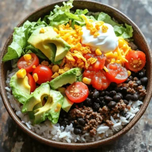 - 1 cup white or brown rice: Use white rice for a softer texture or brown rice for more fiber. - 1 pound ground beef or turkey: Choose turkey for a leaner option or use plant-based crumbles for vegetarian. - 1 tablespoon taco seasoning: You can make your own or use a store-bought mix. - 1 can (15 oz) black beans, drained and rinsed: Beans add protein and fiber. Swap with pinto beans if you prefer. - 1 cup corn kernels (fresh or frozen): Fresh corn gives a sweet crunch, while frozen is convenient and quick. - 1 cup cherry tomatoes, halved: They add sweetness and color. Replace with regular tomatoes if needed. - 1 avocado, diced: For creaminess, use guacamole if you don’t have fresh avocados. - 1 cup shredded cheddar cheese: Cheddar is classic, but you can use any cheese you like. - 1 cup lettuce, chopped: Romaine or iceberg works well. Use spinach for a twist. - 1 cup Doritos, crushed (any flavor): For crunch, try tortilla chips if you want a healthier option. - ½ cup sour cream or Greek yogurt: Both add creaminess; Greek yogurt is a great lower-fat choice. - ¼ cup salsa: Choose your favorite salsa. Fresh salsa adds a nice touch. - 2 tablespoons olive oil: Use any oil you prefer for cooking. - Salt and pepper to taste: Essential for enhancing all flavors in the dish. These ingredients blend together to create a tasty and colorful meal. The key flavors come from the taco seasoning and the crunch from the Doritos. Feel free to mix and match based on your preferences and what you have at home. You can find the full recipe to guide you through making this dish. To cook the rice, start by measuring 1 cup of white or brown rice. Rinse the rice under cold water. This helps remove excess starch. In a medium saucepan, add the rinsed rice and 2 cups of water. Bring it to a boil over high heat. Once boiling, lower the heat and cover the pot. Let it simmer for about 15 minutes for white rice or 40 minutes for brown rice. After cooking, turn off the heat and let it sit for 5 minutes. This resting time helps the rice become fluffy. Fluff the rice with a fork before serving. For the meat, use either 1 pound of ground beef or turkey. Heat 2 tablespoons of olive oil in a skillet over medium heat. Add the meat and break it apart with a spoon. Cook it evenly until it is browned, about 6-8 minutes. Drain any excess fat from the skillet. Then, stir in 1 tablespoon of taco seasoning. Add ¼ cup of water to the meat. Let it simmer for 3-4 minutes until the sauce thickens. This makes the meat more flavorful and moist. Now it’s time to assemble your taco rice bowl! Start with a base of cooked rice in each bowl. Layer the seasoned meat over the rice. Next, add a mixture of 1 can of black beans, 1 cup of corn, halved cherry tomatoes, and diced avocado. This mix adds color and nutrition. Top it with shredded lettuce and 1 cup of cheddar cheese. For extra fun, add a dollop of sour cream or Greek yogurt and a spoonful of salsa. Just before serving, sprinkle crushed Doritos on top for crunch. Serving in vibrant bowls makes it visually appealing. Arrange the toppings in sections for a colorful display. Try this [Full Recipe] to enjoy a tasty taco rice bowl with Doritos! To boost the taste of your Taco Rice Bowl, think about spices and toppings. I recommend using cumin, paprika, and chili powder for extra depth. If you love heat, add jalapeños or a splash of hot sauce. For a milder dish, skip the heat and focus on fresh herbs like cilantro or parsley. A squeeze of lime juice adds brightness and freshness. Prepping your ingredients in advance can save you time. Cook the rice a day before and store it in the fridge. You can also brown the meat ahead of time and keep it in the fridge. If you have leftover proteins or veggies, feel free to use them. Shredded chicken or roasted veggies work great in this bowl. For sides, I recommend crispy tortilla chips or a simple green salad. You can also serve this bowl with a side of guacamole for a creamy touch. If you're planning a party, make mini bowls for guests. Everyone can build their own Taco Rice Bowl for a fun and interactive meal. For meal prep, store each component separately to keep everything fresh. For the full recipe, check out the details above! {{image_2}} You can easily make this dish vegetarian. Just swap out the meat for plant-based proteins. Options like lentils or black bean burgers work great. They add texture and flavor. Add your favorite toppings for a vegetarian twist. Try diced bell peppers, jalapeños, or roasted corn. Fresh cilantro or avocado can bring extra taste. For a gluten-free version, use corn tortillas or rice as your base. These options fit right in with the bowl's flavors. You’ll still get that satisfying crunch! Choose gluten-free taco seasoning for the best taste. Many brands offer this option. Just check the labels to be sure. Get creative and mix in different spices or sauces. Try adding cumin or coriander for a warm flavor. Chipotle sauce can give it a smoky kick. For toppings, think beyond the usual. Add kimchi for a Korean twist or salsa verde for a zesty finish. These small changes can make your Taco Rice Bowl a global dish. For the full recipe, check out the Taco Rice Bowl with Doritos. To keep your Taco Rice Bowl with Doritos fresh, store it in an airtight container. This keeps out air and moisture. Refrigerate your leftovers right after serving. You can safely keep them in the fridge for up to three days. If you want to store it longer, consider freezing. When you reheat your bowl, use the microwave for quick results. Place it in a microwave-safe dish. Cover it with a damp paper towel to keep it moist. Heat for one to two minutes, stirring halfway. You can also use a skillet on low heat. This method helps keep the rice and meat from drying out. Always check that it’s heated to at least 165°F for safety. You can freeze your Taco Rice Bowl before or after cooking. If you freeze it before cooking, assemble the ingredients in a container. This way, you can cook it fresh later. If you freeze it after cooking, let it cool completely first. Use meal prep containers that are safe for freezing. Make sure to label them with the date. This keeps your meals organized and fresh for up to three months. Making a Taco Rice Bowl with Doritos takes about 30 minutes. You need around 15 minutes for prep and another 15 minutes for cooking. This quick time makes it perfect for busy days. Absolutely! You can add heat in a few ways. Use spicy taco seasoning or add diced jalapeños. Hot sauce is another great way to bring the heat. Just drizzle some on top or mix it in the meat. Adjust the spice to your taste and enjoy! If you want a crunch without Doritos, try tortilla chips or crushed corn chips. You can even use pita chips for a different flavor. Just make sure they are crunchy to keep the fun texture. Yes, this recipe is very kid-friendly! Kids usually love the mix of flavors and textures. You can let them pick their toppings, which makes it more fun. Consider using less spicy seasoning and adding cheese and sour cream to appeal to picky eaters. Garnishes can make your dish pop! Use fresh cilantro or chopped green onions for color. Lime wedges add a bright touch and zing. You can also drizzle some extra salsa or sour cream on top for added flavor. Make it look as tasty as it is! This article provided a clear guide to creating a tasty Taco Rice Bowl. We covered essential ingredients, detailed cooking steps, and tips for enhancing flavors. You can easily adapt the dish to fit your diet, whether vegetarian or gluten-free. I shared storage techniques to keep your leftovers fresh. Finally, I answered common questions to make your cooking experience smooth. Now, you have the tools to impress your family and friends with a delicious meal. Enjoy experimenting with your Taco Rice Bowl!