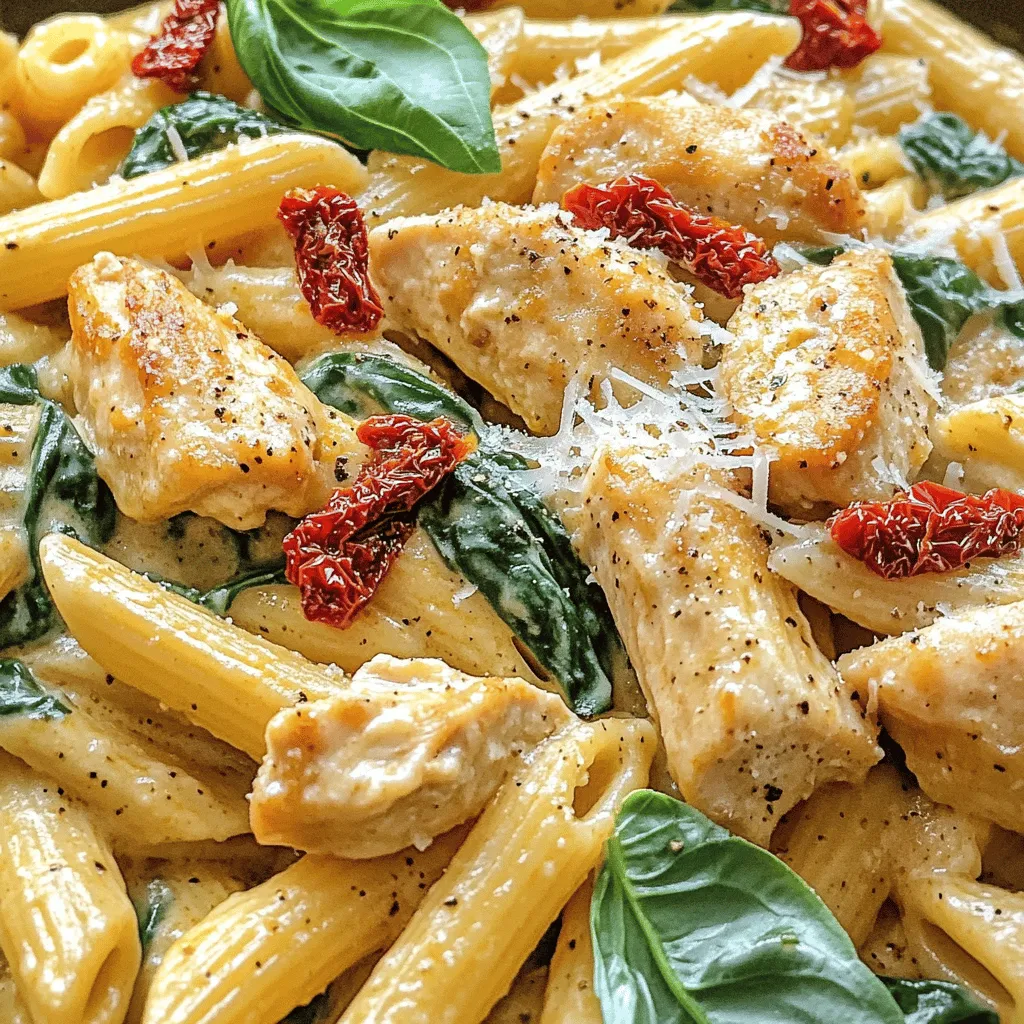 To make the Marry Me Chicken Pasta, gather these ingredients: - 2 chicken breasts, sliced - 8 oz penne pasta - 1 tablespoon olive oil - 3 cloves garlic, minced - 1 cup heavy cream - 1 cup sun-dried tomatoes, chopped - 1 cup baby spinach - 1 teaspoon dried oregano - Salt and pepper to taste - ½ cup grated Parmesan cheese - Fresh basil leaves for garnish You can adjust the amounts if needed. Use more or less chicken based on your taste. If you want a lighter dish, swap heavy cream for half-and-half. You can replace penne pasta with farfalle or fettuccine. If you are out of sun-dried tomatoes, fresh tomatoes work too. Just chop them finely to release flavor. Always choose fresh ingredients for the best taste. Look for chicken breasts that are pink and firm. Sun-dried tomatoes should be soft and bright in color. Fresh spinach should be crisp and vibrant. For cheese, go for freshly grated Parmesan. It melts better and offers richer flavor than pre-grated cheese. When you use quality ingredients, your dish will shine. You can find the full recipe to explore cooking details. Start by boiling water in a large pot. Make sure you add salt to the water. This adds flavor to the pasta. Once boiling, add the penne pasta. Cook it according to the package instructions. You want it to be al dente, which means firm but not hard. This usually takes about 8-10 minutes. Once done, drain the pasta and set it aside. In a large skillet, heat the olive oil over medium heat. While the oil heats, season the sliced chicken breasts with salt, pepper, and dried oregano. Once the oil is hot, add the chicken to the skillet. Cook for about 5-7 minutes until it turns golden brown. Make sure it's cooked all the way through. When done, remove the chicken and set it aside. In the same skillet, add the minced garlic. Sauté it for about 30 seconds until it smells good. Next, add the chopped sun-dried tomatoes and heavy cream. Stir to mix everything well. Let the sauce simmer for 2-3 minutes. This helps it thicken slightly. Now it's time to add the cooked chicken back into the skillet. Toss in the baby spinach and the cooked pasta as well. Gently mix everything together until the spinach wilts and all ingredients are coated in sauce. Stir in the grated Parmesan cheese. This cheese makes the sauce creamy and rich. Taste the dish. You might want to add more salt or pepper based on your liking. Once you’re happy with the flavor, serve it warm in bowls. Garnish with fresh basil leaves and extra Parmesan on top if you want. Enjoy your Marry Me Chicken Pasta! For the full recipe, check the complete list of steps and ingredients. To get the best flavor in your Marry Me Chicken Pasta, use fresh ingredients. Fresh garlic and sun-dried tomatoes bring depth. Season your chicken well with salt and pepper. Cooking it until golden adds great taste. Use a high-quality olive oil. It enhances the sauce's richness. Don’t rush the simmering step for the sauce. Let it thicken to make it creamy and delicious. One common mistake is overcooking the pasta. Follow package instructions for perfect al dente pasta. Another mistake is not seasoning enough. Taste as you cook and adjust the salt and pepper. Also, avoid cooking the chicken too fast. This can leave it dry. Lastly, don’t skip the Parmesan cheese. It adds a nice creaminess to the dish. Herbs and spices can elevate your Marry Me Chicken Pasta. Fresh basil adds a bright touch. Try adding a pinch of red pepper flakes for heat. You can also mix in fresh herbs like thyme or parsley. If you want more flavor, consider adding a splash of lemon juice before serving. This brightens the dish and balances the creaminess. {{image_2}} You can easily make a vegetarian version of this dish. Instead of chicken, use tofu or mushrooms. They add a great texture. For the sauce, keep the sun-dried tomatoes and spinach. You can also add bell peppers for color and taste. Just sauté them with the garlic before adding the cream. This makes a tasty meal without meat. If you need a gluten-free version, switch to gluten-free pasta. Many brands offer great options that cook well. You can also use spiralized zucchini or spaghetti squash as a noodle substitute. Just make sure to adjust the cooking time. These options keep the dish light and fresh. The rest of the ingredients are naturally gluten-free, so enjoy without worry. Feel free to get creative with add-ins. Here are a few ideas: - Artichoke hearts: They add a nice tangy flavor. - Cherry tomatoes: Halve them for a burst of sweetness. - Olives: They offer a briny taste that pairs well with cream. - Red pepper flakes: If you like heat, add these for a kick. These variations help you create a dish that suits your taste. Each option adds a unique twist to the classic Marry Me Chicken Pasta. Explore these choices to make the recipe your own. For the full recipe, refer to the section above. To keep your Marry Me Chicken Pasta fresh, store it in an airtight container. Make sure it has cooled down to room temperature before sealing. This avoids extra moisture that can lead to sogginess. Place it in the fridge if you plan to eat it within three days. For longer storage, consider freezing it. When reheating, use a skillet over medium heat. Add a splash of water or cream to help keep the sauce creamy. Stir often to heat it evenly and prevent sticking. You can also microwave it. Heat in short bursts, stirring in between. This method helps retain flavor and texture. To freeze Marry Me Chicken Pasta, portion it into freezer-safe containers. Leave space at the top for expansion. It can last up to three months in the freezer. When ready to eat, thaw it overnight in the fridge. Reheat using the tips above for best results. Enjoy your meal even after some time! Marry Me Chicken Pasta is a creamy and flavorful dish. It features tender chicken, al dente penne pasta, and a rich sauce. The sauce includes sun-dried tomatoes, garlic, and heavy cream. Fresh baby spinach adds color and nutrition. This dish is perfect for a romantic dinner or special occasion. Yes, you can make Marry Me Chicken Pasta ahead of time. Cook the pasta and chicken separately. Store them in the fridge in airtight containers. When ready to eat, reheat them together in a skillet. Add the sauce and spinach just before serving. This keeps everything fresh and tasty. Great side options include: - Garlic bread - A fresh green salad - Roasted vegetables - Steamed asparagus These sides balance the richness of the pasta. They add freshness and texture to your meal. - Variations for dietary needs? For a vegetarian version, swap chicken for mushrooms or tofu. Use vegetable broth instead of chicken broth in the sauce. For gluten-free options, use gluten-free pasta. - How to make Marry Me Chicken Pasta spicy? Add red pepper flakes to the sauce for heat. You can also use spicy sun-dried tomatoes. Adjust the amount based on your spice preference. This adds a lovely kick to the dish! In this blog, we covered how to make Marry Me Chicken Pasta from start to finish. We looked at the best ingredients, shared step-by-step instructions, and offered tips for great flavor. You can even try variations for different diets and learn how to store leftovers. Cooking is fun and rewarding. Follow these steps to impress your family and friends. Enjoy making this tasty dish again and again!