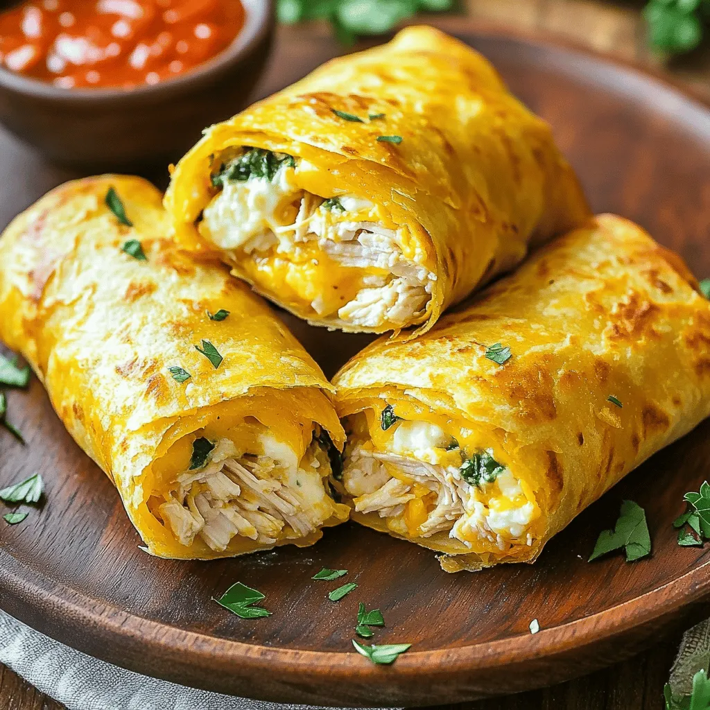 - 2 cups cooked chicken, shredded or diced - 1 cup shredded mozzarella cheese - 1 cup cream cheese, softened - 3 cloves garlic, minced - 1 teaspoon Italian seasoning - 4 large flour tortillas - 1/2 cup fresh spinach, chopped - 1/4 cup sun-dried tomatoes, chopped (optional) - Salt and pepper to taste - Olive oil, for cooking Gather these tasty ingredients to make your Easy Cheesy Chicken Garlic Wraps. Start with cooked chicken. You can use leftover chicken or rotisserie chicken. Next, grab mozzarella cheese to add that nice melty goodness. Cream cheese adds creaminess, while garlic gives a wonderful flavor boost. Italian seasoning adds depth. You can adjust it to your taste. Fresh spinach adds color and nutrients. If you like, add sun-dried tomatoes for a sweet touch. Don’t forget salt and pepper for seasoning. Finally, olive oil helps crisp up the wraps when cooking. You’re all set with these simple ingredients. For the full recipe, check the recipe section above. In a large mixing bowl, you will mix the cooked chicken, cheeses, garlic, and seasonings. Start with 2 cups of cooked chicken. You can shred or dice it. Next, add 1 cup of shredded mozzarella cheese and 1 cup of softened cream cheese. Then, toss in 3 cloves of minced garlic and 1 teaspoon of Italian seasoning. Finally, season with salt and pepper to taste. Stir until everything combines well. Now it's time to assemble your wraps. Lay out 4 large flour tortillas on a clean surface. Take a generous spoonful of the chicken-cheese mixture and place it in the center of each tortilla. You can add 1/2 cup of chopped fresh spinach and, if you like, 1/4 cup of sun-dried tomatoes. These add great flavor! Next, fold the sides of the tortilla in and roll it up tightly from the bottom to enclose the filling. Repeat this for all tortillas. Heat a skillet over medium heat. Once hot, add a drizzle of olive oil. Place the wraps seam side down in the skillet. Cook for 3-4 minutes until they turn golden brown. Flip the wraps and cook the other side for another 3-4 minutes. You want both sides to be crispy and heated through. Remove them from the skillet and let them cool for a minute. Slice them in half to serve. Enjoy your Easy Cheesy Chicken Garlic Wraps! For the full recipe, check out the details above. To make your Easy Cheesy Chicken Garlic Wraps crispy, follow these tips: - Dry Ingredients: Use cooked chicken that is not too moist. This helps keep the wrap crisp. - Heat Level: Cook on medium heat. This ensures the wraps get golden brown without burning. - Use Olive Oil: A light drizzle of olive oil in the skillet adds flavor and helps achieve that crunchy outside. For even cooking, use these skillet methods: - Single Layer: Place wraps seam-side down. This keeps the filling inside and helps them cook well. - Monitor Cook Time: Flip the wraps gently after 3-4 minutes. This ensures both sides get that perfect crunch. You can swap out ingredients to fit your taste or needs: - Cheese Alternatives: Try cheddar or pepper jack cheese for a different flavor. - Protein Swaps: Use grilled shrimp or tofu for a tasty twist. To customize with vegetables, consider: - Add Peppers: Sliced bell peppers add color and crunch. - Zucchini or Mushrooms: These add moisture and flavor to your wraps. Serving your wraps well makes them even more appealing: - Slice Them Up: Cut each wrap in half to show the colorful filling. - Dipping Sauce: Serve with marinara or ranch dressing for extra flavor. - Garnish Smartly: Sprinkle fresh parsley or basil on top for a pop of color and freshness. For the full recipe, check out the [Full Recipe]. {{image_2}} You can easily change up the taste of your wraps. For a spicy version, try adding jalapeños or a drizzle of hot sauce. This adds a nice kick to every bite. If you prefer a Mediterranean twist, swap out the mozzarella for feta cheese. You can also add olives for a briny flavor that pairs well with chicken. Both options give a fresh twist to the classic wrap. If you need gluten-free options, look for gluten-free tortillas at your store. They work just as well for this recipe. For a vegetarian alternative, use plant-based protein instead of chicken. You can try crumbled tofu or chickpeas. This makes the wraps tasty and suitable for everyone at the table. To save time, you can make these wraps ahead and freeze them. Prepare the wraps as normal, then wrap them in foil or plastic wrap. Place them in a freezer bag and store them in the freezer. When you're ready to eat, just thaw them overnight in the fridge. Then, cook them in a skillet until heated through. This way, you have a quick meal ready to go whenever you need it. Check out the Full Recipe for more cooking tips. To keep your Easy Cheesy Chicken Garlic Wraps fresh, store leftovers in an airtight container. This helps keep moisture out and keeps the flavors intact. Ideally, eat them within three days. If you notice any odd smells or textures, it’s best to toss them. If you want to freeze your wraps, it’s easy! First, wrap each one in plastic wrap. Then, place them in a freezer bag or container. Be sure to squeeze out any air. This will help prevent freezer burn. You can freeze the wraps for up to three months. When you’re ready to eat, simply thaw them in the fridge overnight. To reheat your wraps, the skillet method works best. Heat a skillet over medium heat. Place the wraps seam side down and cook for about three to four minutes. This keeps them crispy. Flip and heat for another three to four minutes. You can also use an oven set at 350°F for about 10-15 minutes, but this may not be as crispy. Enjoy your Easy Cheesy Chicken Garlic Wraps warm! These wraps last about three days in the fridge. To keep them fresh, store them in an airtight container. If you want to avoid soggy wraps, place a paper towel inside the container. This towel absorbs extra moisture and helps keep the wraps crisp. No, you cannot use raw chicken in this recipe. You need to cook the chicken first. Cooked chicken gives the wraps better flavor and texture. You can use grilled, rotisserie, or leftover chicken. Just make sure it’s shredded or diced before mixing it with the other ingredients. You can pair these wraps with many tasty sides. Here are some ideas: - Fresh salad: A light green salad with a tangy dressing works well. - Dips: Marinara sauce or ranch dressing add extra flavor. - Vegetable sticks: Carrot and cucumber sticks are a crunchy addition. - Fries: Sweet potato fries or regular fries add a fun crunch. Feel free to mix and match these sides to suit your taste! For the complete recipe of Easy Cheesy Chicken Garlic Wraps, check out the [Full Recipe]. In this blog post, I shared how to make Easy Cheesy Chicken Garlic Wraps. We covered the main ingredients, preparation steps, tips for cooking, and meal variations. Cooking these wraps is simple and fun. You can customize them to fit your tastes. Remember to store leftovers properly for later enjoyment. Whether you enjoy spicy flavors or prefer a vegetarian option, these wraps are versatile. Try them out, and I hope they become a go-to meal for you. Happy cooking!