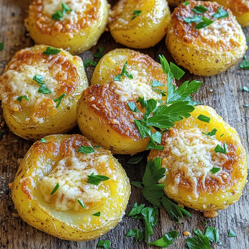 - 2 pounds baby potatoes, halved - 6 cloves garlic, minced - 1/2 cup unsalted butter, melted - 1 cup grated Parmesan cheese - 2 tablespoons fresh parsley, chopped - 1 teaspoon garlic powder - 1 teaspoon onion powder - Salt and pepper to taste Using fresh ingredients makes a big difference in flavor. Fresh garlic gives a strong taste, while fresh parsley adds a nice touch. For potatoes, I recommend using baby potatoes. They roast well and stay tender. You can also use Yukon gold or red potatoes if you prefer. These types bring a creamy texture and great taste. Always wash your potatoes well before cooking. Peeling is not needed; the skin adds flavor and nutrients. First, preheat your oven to 400°F (200°C). This step warms the oven for even cooking. While the oven heats, prepare your baking sheet. Line it with parchment paper for easy cleanup. This will help the potatoes crisp up nicely. Next, grab a large mixing bowl. Combine the halved baby potatoes and minced garlic. Add the melted butter, garlic powder, onion powder, salt, and pepper. Toss everything together until the potatoes are well coated. This ensures every bite has the rich flavor you want. Now, spread the potatoes on the prepared baking sheet. Place them cut side down for better roasting. This helps achieve a golden brown color. Roast them in the preheated oven for about 25-30 minutes. Check for tenderness by piercing them with a fork. Once they are golden and tender, take the potatoes out of the oven. Sprinkle them generously with grated Parmesan cheese. Return them to the oven for an additional 5 minutes. This will melt the cheese and make it bubbly. Finally, drizzle any remaining garlic butter over the potatoes. Sprinkle fresh parsley on top for a burst of color. Enjoy the blend of garlic, butter, and cheese in every bite! For the detailed steps, check the Full Recipe. To get those crispy potatoes, start by using a hot oven. Set it to 400°F (200°C). Spread the potatoes in a single layer. Cut sides down help them brown well. Avoid crowding the baking sheet. If they touch, they will steam instead of roast. To prevent overcooking, check them after 25 minutes. You want them golden and tender. A fork should pierce them easily. If they are not ready, give them a few more minutes. While garlic and Parmesan shine, feel free to add more. Try herbs like thyme or rosemary for a fresh taste. A pinch of red pepper flakes adds heat. For a smoky kick, sprinkle some smoked paprika. Don’t forget about lemon zest to brighten the dish! Pair these potatoes with grilled chicken or fish. They also go well with a fresh salad. For a hearty meal, serve with steak or roasted veggies. These potatoes are great on their own, but sides make them shine. Serve with a green salad or sautéed greens. Roasted asparagus or Brussels sprouts would be perfect, too. For a fun twist, try serving them in a bowl with toppings. Add sour cream, chives, or even crispy bacon bits. You can also present them on a platter for sharing. Drizzle with extra garlic butter for added flair. For the full recipe, check out [Full Recipe]. {{image_2}} You can switch up the cheese if you want. Try using cheddar or feta for a new flavor. Cheese blends also work great. Mix different types for a unique twist. You could even add some smoked cheese for a rich taste. Spice blends can add depth too. Try a pinch of Italian seasoning or smoked paprika. These flavors will enhance the dish. The type of potato matters a lot. Red potatoes are waxy and hold their shape well. Yukon gold potatoes are creamy and rich. Both work great, but you can also use sweet potatoes. They bring a nice sweetness to the dish. If you want to add more veggies, try carrots or Brussels sprouts. They roast well and add color to your plate. If you need vegan options, replace butter with olive oil or vegan butter. You can also skip the cheese or use a plant-based cheese. For those who need gluten-free options, this recipe is naturally gluten-free. Just make sure your cheese is gluten-free too. These adjustments help everyone enjoy this tasty dish without worry. To store your roasted garlic butter Parmesan potatoes, let them cool first. Place them in an airtight container. This keeps them fresh and tasty. You can store them in the fridge for up to 3 days. For reheating, the oven is best. Preheat to 350°F (175°C). Spread the potatoes on a baking sheet. Heat for about 10-15 minutes. This keeps them crisp. Avoid using the microwave as it can make them soggy. You can freeze these potatoes if you want to save some for later. Let them cool completely, then place them in a freezer-safe bag. Try to remove as much air as possible. They can last up to 2 months in the freezer. To thaw, move them to the fridge overnight. Reheat in the oven for a crispy finish. Enjoy your leftovers in a new way! Baby potatoes shine for roasting. They are small and tender, cooking evenly. Russet potatoes can work too. They are starchy and fluffy. However, they tend to break apart. For best results, stick with baby potatoes. Their smooth skin gets crispy, while the inside stays soft. Yes, you can prepare the potatoes ahead. Cut the potatoes and toss them in the garlic butter mix. Store them in the fridge for up to 24 hours. This saves time on busy nights. Just remember to bring them back to room temperature before roasting. Add some heat with chili powder or cayenne pepper. You can also use crushed red pepper flakes. For a fresh kick, try diced jalapeños or serrano peppers. Mix them in with the other spices. Adjust the amount to your taste. Absolutely! These potatoes are great for meal prep. Make a big batch and store them in airtight containers. They last for about four days in the fridge. Reheat them in the oven to keep them crispy. This way, you enjoy delicious roasted potatoes throughout the week! This blog post covered a simple and tasty roasted potato dish. We explored fresh ingredients, easy steps, and flavorful tips. Cooking the perfect potatoes can be fun and rewarding. Try different cheese and veggie options for variety. Store leftover potatoes properly for tasty meals later. Enjoy this dish as a side or a main event. Your kitchen can become a place of deliciousness with these ideas. Happy cooking!