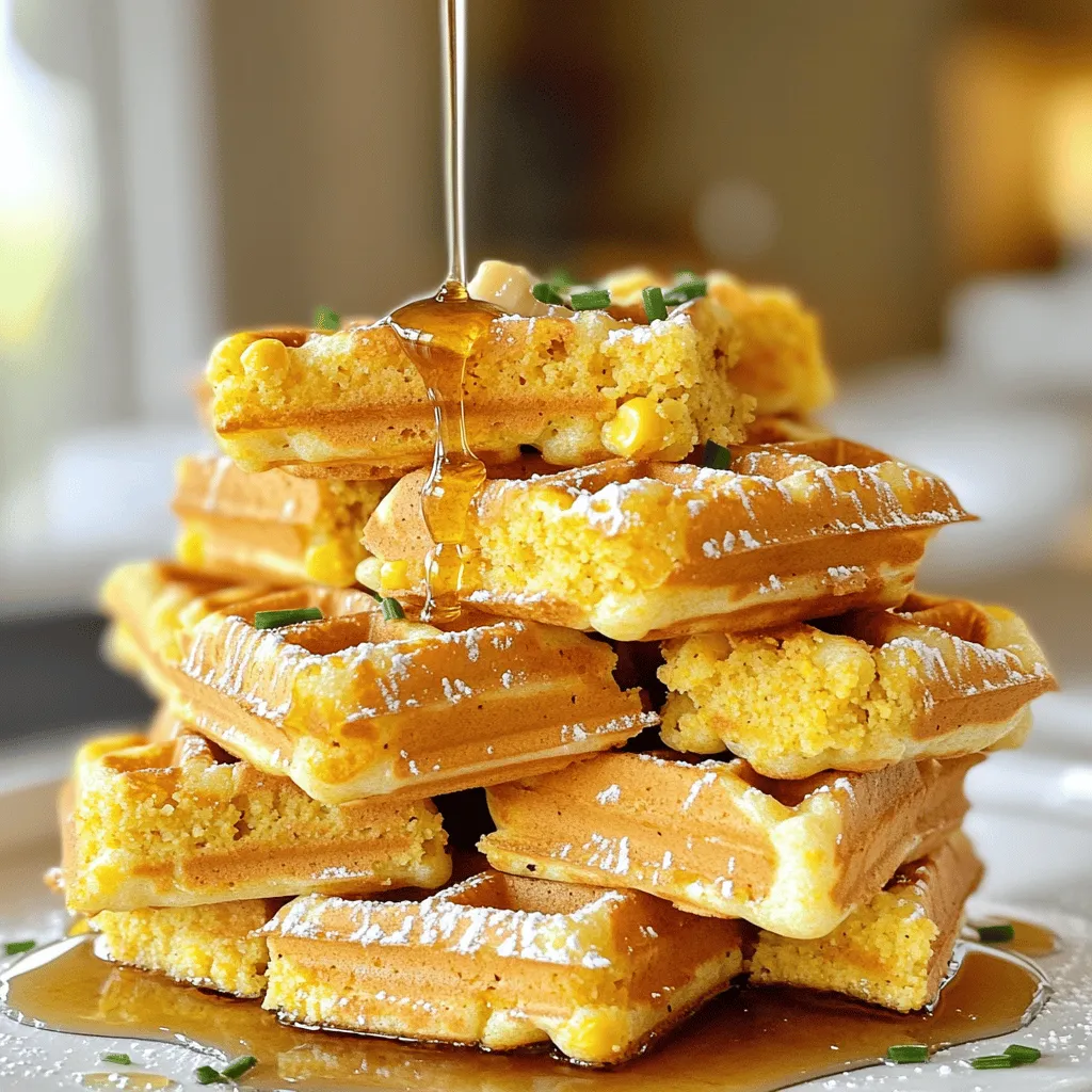 - 1 cup cornmeal - 1 cup all-purpose flour - 1 tablespoon baking powder - ½ teaspoon salt - 1 tablespoon sugar - 1 cup buttermilk - 2 large eggs - 1/4 cup melted butter - 1 cup corn kernels (fresh or frozen) - 1/2 cup honey - 1/4 cup unsalted butter (softened) - Waffle maker - Mixing bowls - Measuring cups and spoons Gather these ingredients to make cornbread waffle bites with honey butter syrup. Each item plays a key role. The cornmeal gives the waffles their signature taste. The buttermilk keeps them moist and fluffy. Make sure to use fresh corn kernels for extra sweetness. You will also need some basic tools. A waffle maker is essential for cooking. Mixing bowls help combine everything smoothly. Measuring cups and spoons ensure accuracy, which is vital for baking. You can find the full recipe above to help you create these tasty treats. Enjoy cooking! 1. Preheat your waffle maker according to the manufacturer's instructions. This step ensures a crispy outside and soft inside. 2. In a large bowl, whisk together the cornmeal, all-purpose flour, baking powder, salt, and sugar. Mixing these dry ingredients well is key for even flavor. 1. In another bowl, mix together the buttermilk, eggs, and melted butter until well combined. This helps create a smooth batter. 2. Pour the wet ingredients into the dry ingredients. Stir gently until just combined. Be careful not to overmix. Overmixing can make the waffles tough. 3. Fold in the corn kernels gently. This adds sweet pops of flavor in every bite. 1. Lightly grease the waffle maker with non-stick spray or melted butter. This keeps the waffles from sticking. 2. Pour a ladleful of batter into the waffle maker. The amount depends on your specific maker. Close the lid and cook until golden brown, about 4-5 minutes. 3. While the waffle bites cook, prepare the honey butter syrup. In a small bowl, combine softened unsalted butter and honey. Mix until smooth and creamy. 4. Once cooked, carefully remove the cornbread waffle bites from the waffle maker. Keep them warm while you repeat with the remaining batter. 5. Serve the warm cornbread waffle bites drizzled with the honey butter syrup for a sweet finish. For the full recipe, including tips for best results, check out the [Full Recipe]. - Ensure not to overmix the batter. Overmixing makes the waffle bites dense. - Adjust cooking time based on your waffle maker. Some cook faster than others. - Stack a few waffle bites on a plate. Drizzle them generously with honey butter syrup. - Garnish with fresh herbs like chives or parsley. This adds color and flavor. - To get light and fluffy waffle bites, use room temperature ingredients. - Try adding toppings like fresh fruit or nuts for extra flavor. You can also use whipped cream for a treat. For more on how to make these delightful bites, refer to the Full Recipe. {{image_2}} You can easily tweak this recipe. For those who need gluten-free options, swap the all-purpose flour with a gluten-free blend. Many brands mix flours that work well in baking. Just ensure the blend includes xanthan gum. If you prefer dairy-free alternatives, use almond milk or oat milk instead of buttermilk. You can also replace the melted butter with coconut oil for a dairy-free option. These simple swaps keep the flavor while catering to different diets. You can jazz up your cornbread waffle bites with spices or herbs. Try adding a pinch of cayenne for heat or a teaspoon of garlic powder for depth. Fresh herbs like cilantro or green onions can also brighten the flavor. For something sweet, toss in some chocolate chips or blueberries. If you want a savory twist, consider adding crumbled bacon or shredded cheese to the batter. This gives you options for breakfast or snacks. Cornbread waffle bites shine as a side dish with meats like fried chicken or pulled pork. They provide a nice contrast to savory flavors. You can also serve them as a fun breakfast option. Drizzle with honey butter syrup for a sweet start to the day. As a snack, consider serving them with dips like salsa or guacamole. This adds variety and makes them perfect for parties or gatherings. You can enjoy cornbread waffle bites any time of day! To store cornbread waffle bites, let them cool completely. Place them in an airtight container. This keeps them fresh in the fridge for up to three days. If you want to save them longer, freeze the bites. Wrap each waffle bite in plastic wrap. Then, place them in a freezer bag or container. They can last up to three months in the freezer. When ready to eat, you can reheat the waffle bites. The best way is in an oven or toaster oven. Preheat the oven to 350°F. Place the bites on a baking sheet and heat for about 10 minutes. This method keeps them crispy. You can also use a microwave, but they might lose some crunch. Serve leftover waffle bites with more honey butter syrup for extra flavor. In the fridge, cornbread waffle bites last about three days. Check for signs of spoilage before eating. If they smell bad or have mold, throw them away. Always trust your nose and eyes. Keeping these tips in mind will help you enjoy your cornbread waffle bites from the [Full Recipe] longer! Can I make the batter ahead of time? Yes, you can make the batter ahead. Just mix the dry and wet ingredients separately. Store them in the fridge. When ready, combine them and cook the waffle bites. This saves time on busy days. What’s the best way to reheat cornbread waffle bites? Reheat them in a toaster or an oven. Set the toaster to medium and toast until warm. For the oven, preheat to 350°F (175°C) and heat for about 10 minutes. This keeps them crispy and tasty. Are cornbread waffle bites suitable for vegetarians? Yes, these waffle bites are vegetarian-friendly. They use simple ingredients like cornmeal, flour, and buttermilk. So, anyone can enjoy them! How can I make this recipe low-sugar? To lower sugar, reduce the sugar in the batter. You can also use sugar substitutes like stevia or monk fruit. They will keep the sweet taste without the calories. What can I serve with honey butter syrup? Honey butter syrup pairs well with many items. Try serving it with fresh fruit like berries or sliced bananas. It also goes great with bacon or sausage for a savory twist. Can I use other types of flour in this recipe? Yes, you can swap all-purpose flour with other flours. Use whole wheat or gluten-free flour for different flavors. Make sure to adjust the liquid if needed. This helps keep the texture right. You now have all the tools to create delicious cornbread waffle bites. We covered essential ingredients, tools, and step-by-step instructions. Remember, adjust cooking time based on your waffle maker for the best results. Feel free to experiment with variations and substitutions to suit your taste. Whether for breakfast or a snack, these waffles offer great flavor and texture. Store and reheat them properly to enjoy each bite fresh. Dive in and enjoy the cooking adventure!