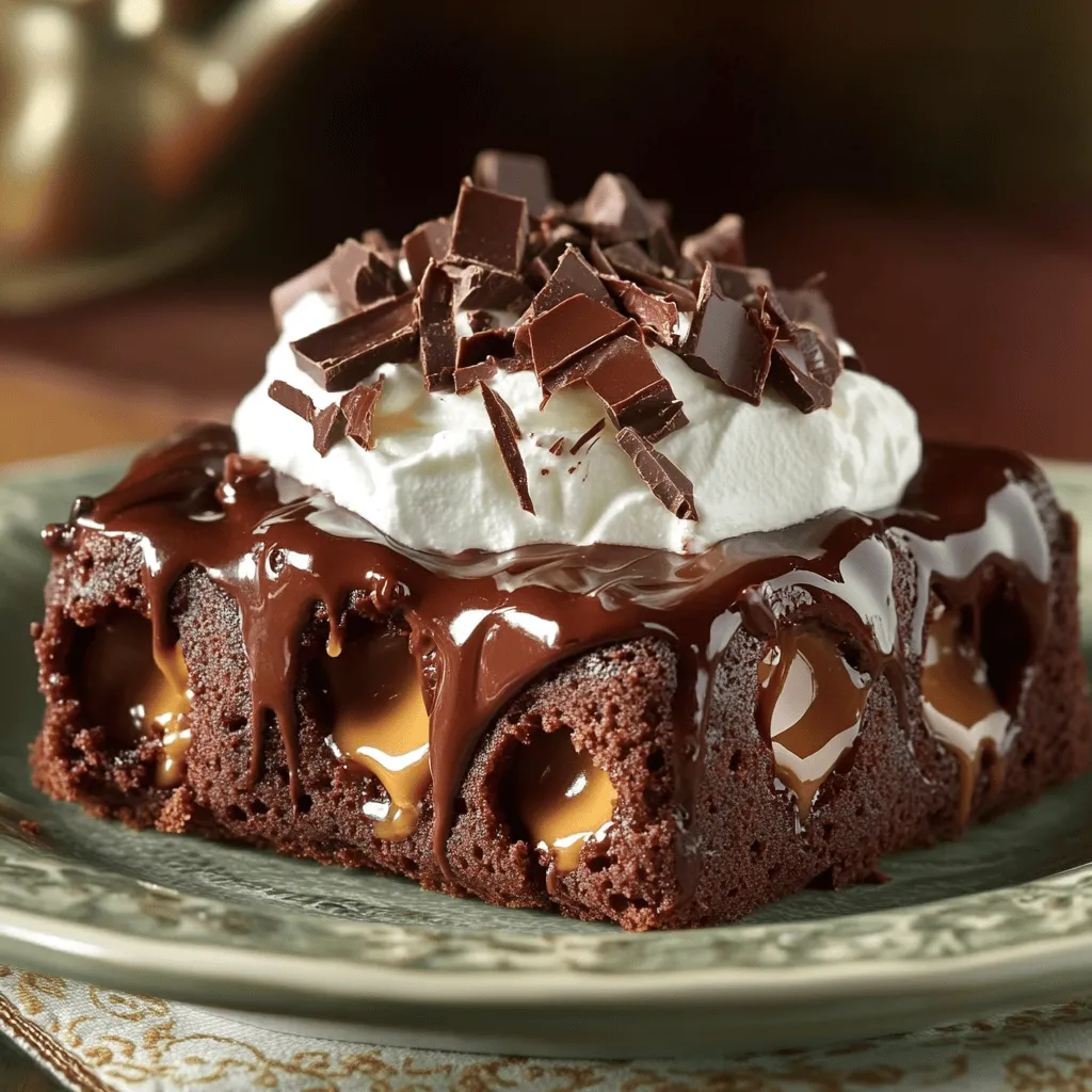 - 1 box chocolate cake mix (plus ingredients required on the box) - 1 can (14 ounces) sweetened condensed milk - 1 jar (12 ounces) hot fudge sauce To create a decadent chocolate poke cake, you need a few key ingredients. The chocolate cake mix is the base. It gives the cake its rich flavor and texture. Next, you have sweetened condensed milk. This ingredient adds creaminess and sweetness. Finally, hot fudge sauce makes everything even more indulgent. It seeps into the cake and enhances the chocolate flavor. - 1 cup semi-sweet chocolate chips - 1 cup heavy whipping cream - 2 tablespoons powdered sugar - 1 teaspoon vanilla extract - Chocolate shavings or sprinkles for garnish Toppings bring your poke cake to life. Semi-sweet chocolate chips melt on top of the warm cake. This creates a gooey layer that everyone loves. Then, heavy whipping cream adds a fluffy texture. When you whip it with powdered sugar and vanilla, it becomes light and sweet. For the final touch, sprinkle chocolate shavings or colorful sprinkles on top. These toppings make your cake look stunning and extra special. For the complete recipe, check out the Full Recipe section and enjoy making this treat! First, preheat your oven to the temperature on the chocolate cake mix box. While it heats, take a 9x13-inch baking dish and grease it. Lightly flour the dish to prevent sticking. Next, prepare the chocolate cake mix as instructed on the box. This usually involves mixing the dry and wet ingredients together. Once mixed, pour the batter into your prepared dish. Bake the cake for the time stated on the box, about 30 to 35 minutes. To test if it's ready, insert a toothpick in the center. If it comes out clean, it’s done! After baking, remove the cake from the oven. Let it cool for about 10 minutes. While it’s still warm, take the handle of a wooden spoon and poke holes all over the cake. Space the holes about one inch apart. This step is crucial! The holes allow the sweetened condensed milk mixture to soak in and make the cake extra moist. Now, you’ll create the creamy filling. In a bowl, mix the sweetened condensed milk with half of the hot fudge sauce. Pour this mixture evenly over the cake, making sure it seeps into the holes you poked. Next, sprinkle the semi-sweet chocolate chips over the top. The heat from the cake will help them melt slightly. In another bowl, whip the heavy cream, powdered sugar, and vanilla extract. Whip until you see soft peaks form. Spread this whipped cream layer over the cake. Finally, drizzle the rest of the hot fudge sauce on top. Chill the cake in the refrigerator for at least two hours. This step helps the flavors blend and the cake to set. Before serving, you can add chocolate shavings or sprinkles for a fun touch. For the full recipe, refer to the previous section! To get the best texture for your poke cake, use the right ingredients. Always follow the box instructions for the chocolate cake mix. This ensures that the cake rises well and stays moist. You want a soft, fluffy cake that holds all that delicious filling. Chilling time is very important for this cake. After you add the condensed milk mixture and whipped cream, chill it for at least two hours. This allows the cake to soak up the flavors and set properly. A well-chilled cake will be easier to cut and serve. For presentation, slice the cake into squares and place them on dessert plates. A sprinkle of chocolate shavings or a dollop of whipped cream on each slice makes for a beautiful display. You can also drizzle a bit of hot fudge sauce over the top for an extra touch. Pair this rich cake with vanilla ice cream for a delightful contrast. A cup of coffee also pairs well, balancing out the sweetness. You can even serve it with fresh berries for a burst of flavor. Enjoy exploring these options! For the complete recipe, check out the Full Recipe section. {{image_2}} You can change the cake flavor for a fun twist. Try using vanilla cake mix instead of chocolate. This switch gives the cake a lighter taste. You can also use red velvet cake mix for a vibrant look and flavor. For fillings, think beyond chocolate. Caramel sauce can add a rich sweetness. It also pairs well with the chocolate. You can even poke holes and fill them with fruit puree. Strawberry or raspberry puree adds a fresh taste and color. If you need gluten-free options, use a gluten-free cake mix. Many brands offer tasty mixes that work well. Just check the label to ensure no gluten is added. For vegan variations, swap the eggs and milk with plant-based substitutes. Use almond milk or oat milk in place of regular milk. Instead of eggs, you can use flaxseed meal or applesauce. This keeps the cake moist while staying vegan. You can find the full recipe for the Decadent Chocolate Poke Cake in the main body of this article. To keep your decadent chocolate poke cake fresh, refrigerate it. Use an airtight container or cover it tightly with plastic wrap. This helps prevent the cake from drying out and keeps it moist. The cake stays fresh in the fridge for up to five days. If you want it even fresher, enjoy it within three days. The chocolate flavors really deepen after a day, making it even more delicious. If you want to save some for later, you can freeze the poke cake. First, cut it into pieces. Then, wrap each piece tightly in plastic wrap. Place them in a freezer-safe bag or container. This method stops freezer burn and keeps the cake tasty. To thaw, take a piece out and put it in the fridge overnight. This helps keep its soft texture. If you're in a hurry, you can let it sit at room temperature for about an hour. Enjoy your cake later with the same rich flavor as the day you made it! For the full recipe, check out the detailed instructions above. A poke cake is a fun and easy dessert. You bake a cake and poke holes in it. Then, you pour a sweet mixture over the cake, letting it soak in. This gives the cake a moist texture and adds flavor. For my decadent chocolate poke cake, I use sweetened condensed milk and hot fudge. These ingredients soak into the holes, making each bite rich and delicious. Yes, you can make this cake ahead of time. It is perfect for parties or gatherings. I recommend baking the cake and adding the fillings a day before serving. Just remember to chill it in the fridge for at least two hours. This helps the flavors mix well. When you are ready to serve, add the topping and enjoy! If you need a substitute for sweetened condensed milk, there are good options. You can use coconut milk with sugar. Blend one can of coconut milk with one cup of sugar. Another choice is to mix milk with sugar and corn syrup. Use one cup of milk, one cup of sugar, and one cup of corn syrup. These work well in the recipe and keep it sweet and tasty. This blog post explored the deliciousness of poke cake. We covered main ingredients like cake mix, sweetened condensed milk, and fudge sauce. You learned step-by-step instructions to create the perfect dessert. Tips for texture, serving, and variations showed how to get creative. Lastly, storage information helps keep your cake fresh. With these insights, making your poke cake will be simple and fun! Enjoy experimenting and delighting others with your tasty creation.