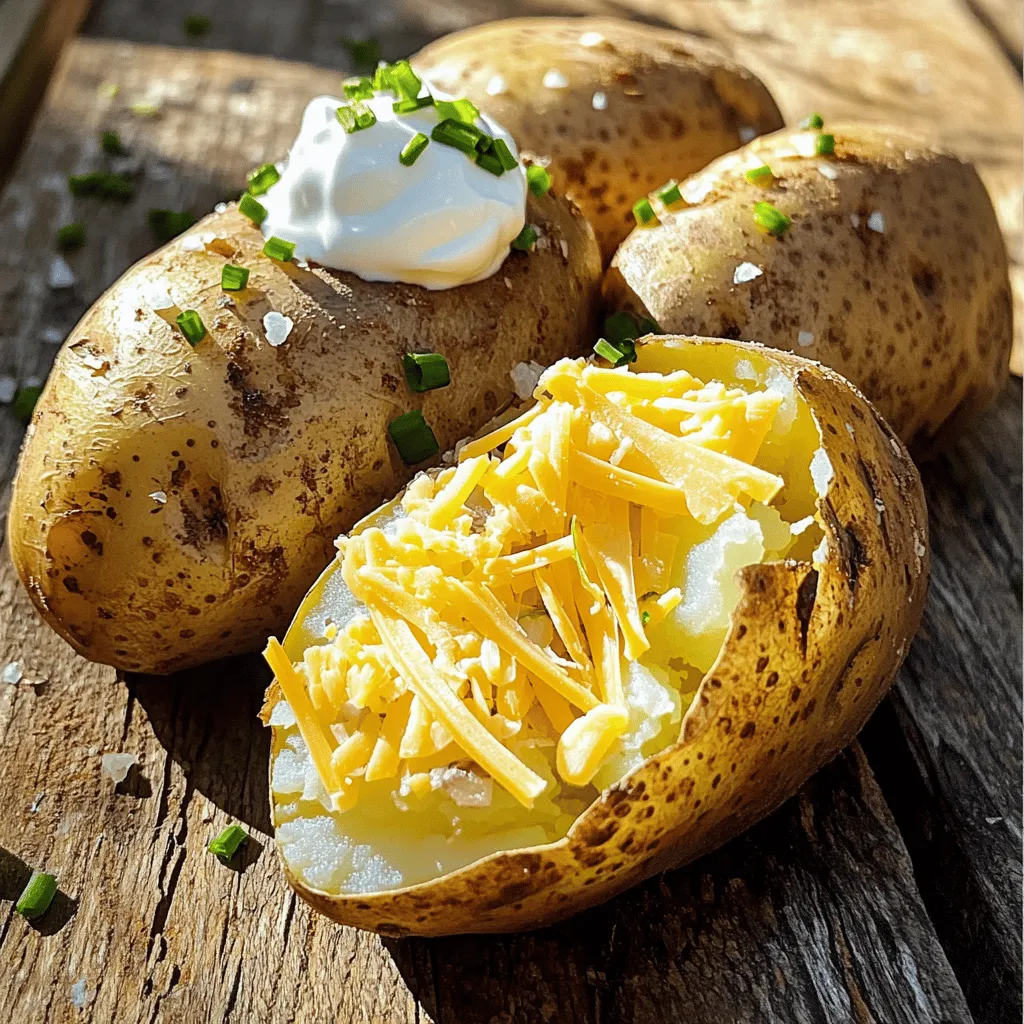 - 4 medium russet potatoes - 2 tablespoons olive oil - 1 teaspoon garlic powder - 1 teaspoon onion powder - 1 teaspoon paprika - 1 teaspoon sea salt - 1/2 teaspoon black pepper - Optional toppings: sour cream, chives, shredded cheese, bacon bits (non-pork) The main star of this dish is the russet potato. These potatoes have a great texture and flavor. They turn soft inside and crispy outside when cooked. Use medium-sized potatoes for the best results. This size cooks evenly and is easy to handle. You need olive oil to help the spices stick. It also adds a rich taste and helps with crispiness. Garlic powder and onion powder give a nice, savory flavor that complements the potato. Paprika adds a touch of smokiness and color. Sea salt and black pepper enhance all the flavors, making the dish pop. - If you want a different flavor, try using other oils like avocado or canola oil. - You can use other potato types, like Yukon Gold or red potatoes, for a twist. - For gluten-free options, check the spice labels. Many brands offer gluten-free seasoning blends. It’s easy to mix things up! Each option can change the taste and texture of your baked potato. - Look for potatoes that are medium-sized. They should feel firm and smooth. - Check for any spots or green areas. These can mean the potato is old or bad. - Organic potatoes tend to have fewer pesticides. If you can, choose organic for a healthier option. Selecting the right potato can make a big difference in your dish. Fresh potatoes will give you the best flavor and texture. First, wash the russet potatoes under running water. Scrub them well to remove dirt. Dry the potatoes with a paper towel. Next, take a fork and prick each potato several times. This lets steam escape while they cook. In a large bowl, mix together the olive oil, garlic powder, onion powder, paprika, sea salt, and black pepper. This creates a tasty spice blend. Now, toss the potatoes in the mixture until they are coated evenly. This step adds flavor to every bite. Preheat your air fryer to 400°F (200°C) for about 5 minutes. This helps the potatoes cook faster and get crispier. Place the potatoes in the air fryer basket, making sure they are not too close together. You may need to cook them in batches. Cook the potatoes for 35-40 minutes. Turn them halfway through to ensure even cooking. They are ready when tender inside and crispy on the outside. After cooking, take them out and let them cool for a few minutes. Slice each potato lengthwise, fluff the insides with a fork, and add your favorite toppings. Try the full recipe for more details! To get that perfect crispy skin, you need to coat the potatoes with oil. This helps the skin crisp up nicely. I use olive oil for its flavor and health benefits. You can also try other oils like avocado or canola. Next, set your air fryer to 400°F (200°C). Preheating your air fryer for about five minutes is key. This step ensures that the potatoes start cooking right away and helps them get crispy. To check if your potatoes are tender, use a fork. Simply poke the potato with the fork. If it goes in easily, your potato is done! Another sign is the skin. It should look crisp and slightly wrinkled. You want to make sure the insides are soft and fluffy before serving. Adjusting the cooking time can help you get the right texture. If you like a firmer potato, check them at 35 minutes. For softer potatoes, let them cook a bit longer. When it comes to flavor, don’t hold back on toppings! I love sour cream, chives, and shredded cheese. You can mix and match to find what you enjoy most. Consider adding bacon bits for a savory kick. For a twist, try garlic butter or a sprinkle of fresh herbs. Check out the Full Recipe for more ideas! {{image_2}} You can turn your air fryer baked potatoes into loaded delights. Start with classic toppings like sour cream, shredded cheese, chives, and bacon bits. You can also get creative! Try adding jalapeños for heat or guacamole for a creamy twist. Want to make a homemade cheese sauce? Mix melted butter, shredded cheese, and a splash of milk. Stir until smooth. Pour this sauce over your baked potato for a rich, cheesy treat. It's simple and tastes amazing! Sweet potatoes work great in the air fryer too. Adjust your cooking time to about 30-35 minutes. They cook faster than russet potatoes. Make sure to check for doneness by poking them with a fork. For flavoring, try cinnamon and brown sugar for a sweet twist. Or go savory with olive oil, salt, and pepper. Each option gives you a different, delicious taste. Adding herbs can take your baked potatoes to the next level. Fresh herbs like rosemary or thyme add great flavor. Chop them finely and mix them with your oil before coating the potatoes. Dried herbs work well too. Use them in the spice mix for a strong flavor. Combining herbs like oregano and garlic powder makes a tasty blend. Experiment and find your favorite mix! To keep your baked potatoes fresh, you must cool them down properly. Let them sit at room temperature for about 30 minutes. After that, place them in airtight containers. This will help keep moisture out and maintain flavor. To reheat your baked potatoes, the best methods are the oven or air fryer. Preheat your air fryer to 350°F (175°C) and cook the potatoes for about 10 minutes. If using the oven, wrap them in foil and heat at 350°F (175°C) for 15 to 20 minutes. This way, you can maintain crispiness. Can you freeze baked potatoes? Yes, you can! To freeze them, wrap each potato tightly in plastic wrap and place them in a freezer bag. When you want to eat them, thaw in the fridge overnight. To reheat, use the oven or air fryer as mentioned before. Yes, you can make baked potatoes without oil. Skipping oil can lower calories. However, it may affect the crispiness of the skin. For moisture, use broth or water. You can also wrap potatoes in foil. This keeps them soft but won’t give you a crunchy skin. Baked potatoes can last about 3 to 5 days in the fridge. Store them in an airtight container. Check for signs of spoilage, such as a bad smell or mold. If the skin looks wrinkled, it might be time to toss them out. Air fryers are great for many dishes! Try making air fryer fries or tater tots. You can also cook chicken wings, veggies, or even desserts like donuts. Experiment with different foods for fun and tasty meals. To sum up, this blog covered how to make perfect air fryer baked potatoes. I shared the best ingredients, tips for readiness, and cooking steps. I also explored fun variations and storage methods. Remember, picking the right potatoes and using the right seasonings matter. With these skills, you can enjoy tasty baked potatoes every time. Embrace your creativity with toppings and flavors. Happy cooking!