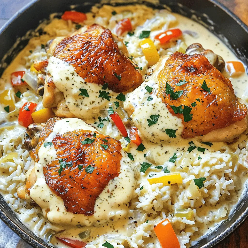 - 4 boneless, skinless chicken thighs - 1 cup long grain white rice - 2 cups chicken broth - 1 medium onion, chopped - 3 cloves garlic, minced - 1 bell pepper (any color), chopped - 1 teaspoon smoked paprika - 1 teaspoon dried thyme - 1 teaspoon garlic powder - Salt and black pepper to taste - 1 cup heavy cream - 2 tablespoons olive oil - Fresh parsley for garnish The heart of my best smothered chicken and rice recipe lies in fresh, quality ingredients. I start with tender chicken thighs. They stay moist and have great flavor. The long grain white rice cooks perfectly in chicken broth. This adds depth to each bite. Next, I choose a medium onion, three cloves of garlic, and a colorful bell pepper. These veggies bring sweetness and aroma. The spices—smoked paprika, thyme, and garlic powder—elevate the dish. They give it warmth and comfort. I finish with heavy cream, which creates a rich sauce. Olive oil adds a touch of richness while searing the chicken. Finally, fresh parsley brightens the dish and makes it pretty. For the full recipe, check out the Best Smothered Chicken and Rice Recipe for a Cozy Dinner. - Season the chicken thighs with salt, pepper, smoked paprika, and garlic powder. - Chop the onion, garlic, and bell pepper as described. Preparing your ingredients makes cooking smooth and fun. - Heat olive oil in a large skillet over medium-high heat. - Add the seasoned chicken thighs and sear for about 4-5 minutes on each side until golden brown. - Remove the chicken from the pan and set it aside. Searing gives the chicken a nice crust. This step locks in flavor and moisture. - In the same skillet, add the chopped onion, garlic, and bell pepper. Sauté for about 3-4 minutes until soft. - Stir in the rice and toast it for about 2 minutes. This adds flavor. - Pour in the chicken broth and bring it to a boil. Once boiling, reduce the heat to low, cover, and let it simmer for 15 minutes. - After 15 minutes, stir in the heavy cream. Place the chicken back into the skillet on top of the rice. Cover and cook for another 10-15 minutes until the rice is tender and the chicken is cooked through (165°F). This process combines all the flavors into a rich dish. It makes the chicken and rice creamy and comforting. For the full recipe, see the top of the article. To cook perfect smothered chicken and rice, follow these tips: - Cooking times: Sear chicken thighs for 4-5 minutes each side. Simmer rice for 15 minutes, then add cream and cook for 10-15 minutes more. - Resting the chicken: After cooking, let the chicken rest for 5 minutes. This keeps it juicy and tender. Want to spice things up? Here are some ideas: - Additional spices: Try adding cayenne pepper for heat or a dash of cumin for warmth. - Richer sauce: For a deeper flavor, add a splash of white wine or a spoonful of mustard when sautéing the vegetables. Serve your smothered chicken and rice with these sides: - Best sides: Coleslaw or steamed green beans pair well. They add a nice crunch and freshness. - Garnishing techniques: Sprinkle fresh parsley on top for color. You can also add lemon zest for a bright touch. For all the specifics, check out the Full Recipe. Enjoy your cozy dinner! {{image_2}} You can switch chicken thighs for chicken breast or drumsticks. Chicken thighs add rich flavor, while breasts are leaner. Drumsticks give a fun, rustic feel to your meal. You can also use brown rice instead of long grain white rice. Brown rice has more fiber and a nutty taste. It may take longer to cook, so adjust your broth and cooking times. Adding extra veggies can boost taste and nutrition. Try mushrooms for an earthy flavor or spinach for a fresh twist. You can also use herbs to enhance your dish. Rosemary adds a piney taste, while basil gives a sweet note. Toss these in during the last few minutes of cooking for the best flavor. For gluten-free options, use gluten-free chicken broth and rice. This keeps your meal safe for those with gluten issues. If you want a vegetarian dish, replace chicken with hearty vegetables like eggplant or cauliflower. Use vegetable broth instead of chicken broth. This way, you still get a warm, cozy feel in your meal. For more tips, check out the Full Recipe. To store smothered chicken and rice, place it in an airtight container. Let the food cool down first. This helps prevent moisture build-up. Store it in the fridge for up to four days. When reheating, use a microwave or stovetop. If using a microwave, cover it with a damp paper towel. This keeps the chicken moist. Stir halfway through reheating for even warmth. You can freeze smothered chicken and rice for longer storage. But consider portion sizes. Store them in freezer-safe containers or bags. Make sure to remove as much air as possible. Label the bags with the date. To thaw, move the containers to the fridge overnight. For quick use, you can also thaw in the microwave. Reheat it on the stovetop over low heat until hot. In the fridge, this dish lasts about four days. After that, the quality may fade. Look for signs of spoilage like off smells or discoloration. If you see any mold, throw it away right away. Enjoy your cozy dinner with peace of mind knowing how to store and handle your leftovers! Cooking this dish takes about 50 minutes in total. You need 15 minutes for prep. The cooking time is around 35 minutes, which includes searing and simmering. This timing gives you juicy chicken and soft rice, perfect for comfort food. Yes, you can prep ingredients ahead of time. Chop the onion, garlic, and bell pepper the night before. Store them in the fridge to keep them fresh. You can also season the chicken in advance. Just cover and refrigerate it. When you are ready to cook, it will save you time. You can try many fun twists! Swap chicken thighs for breasts or even drumsticks. Add veggies like mushrooms or spinach for extra flavor. You can also mix in some herbs, like rosemary or basil, to change the taste. If you want a kick, add some diced jalapeños. The chicken should reach an internal temperature of 165°F. Use a meat thermometer to check. Look for juices that run clear when you cut into the chicken. If there’s no pink, your chicken is ready to enjoy! This blog post covered how to make delicious smothered chicken and rice. You learned about the main ingredients, cooking steps, and how to enhance flavors. I shared tips for serving and storing leftovers too. Experiment with variations to make the dish your own. Remember, cooking is about enjoying the process as much as the meal. Try this recipe and impress your family or friends with your tasty creation. Enjoy the rich flavors and lovely textures in your dish!