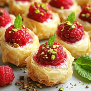 To make Raspberry Cream Cheese Bites, gather these key ingredients: - 1 package (8 oz) cream cheese, softened - 1/4 cup powdered sugar - 1 teaspoon vanilla extract - 1/2 cup fresh raspberries, plus extra for garnish - 1 package (1 lb) phyllo pastry dough, thawed - 1/2 cup unsalted butter, melted - 1/4 cup chopped pistachios (optional, for garnish) - Fresh mint leaves for garnish (optional) Using fresh raspberries is crucial. They add a bright, tart flavor that pairs well with the creamy cheese. Frozen raspberries may work, but they can lose texture and taste. Fresh raspberries provide a burst of juiciness that makes each bite special. You will need a few simple tools to make this recipe easy: - Mixing bowl and whisk - Baking sheet and parchment paper A mixing bowl helps combine the cream cheese and sugar smoothly. A whisk ensures you mix everything evenly. Use a baking sheet lined with parchment paper to prevent sticking and make cleanup a breeze. These tools make the process quick and fun! 1. Preheat your oven to 350°F (175°C). This makes sure your bites bake evenly. 2. Prepare the phyllo dough by rolling it out on a clean surface. Cut it into squares that are about 4x4 inches. This size works great for filling. 3. Mix the cream cheese filling. In a mixing bowl, beat together 8 oz of softened cream cheese, 1/4 cup of powdered sugar, and 1 teaspoon of vanilla extract. Keep mixing until it’s smooth and creamy. 4. Fold in the fresh raspberries gently. Use about 1/2 cup. Be careful not to crush them. Set this mixture aside while you work on the dough. 1. Layer your phyllo squares. Brush a square of phyllo dough with melted butter. Place another square on top and brush it again. Do this for three layers. 2. Add the filling. Place a tablespoon of your raspberry cream cheese mixture in the center of your layered phyllo. This is where all the flavor lives! 3. Seal the bites. Fold the corners of the phyllo over the filling. Pinch the edges to keep everything inside. This way, they won’t leak during baking. 4. Brush with butter again. Place your assembled bites on a parchment-lined baking sheet. Give the tops a final brush of melted butter for a golden finish. 1. Bake the bites in your preheated oven for 15-20 minutes. Look for a golden brown color. 2. Achieving that perfect finish is key! Keep an eye on them as they bake. If they start to brown too quickly, reduce the heat slightly. 3. Once done, remove them from the oven and let them cool for a few minutes. This will help them set properly. Enjoy the delicious aroma that fills your kitchen as they bake! For the complete flavor experience, don’t forget to check the full recipe. To get great Raspberry Cream Cheese Bites, the texture is key. Start with the cream cheese. You want it soft and smooth. If it’s too cold, it won’t mix well. Let it sit at room temperature for about 30 minutes before using. This helps you blend it easily with the powdered sugar and vanilla. Next, let’s talk about phyllo dough. This dough can be tricky. It dries out quickly, which makes it hard to work with. To keep it moist, cover the sheets with a damp cloth while you work. This will help you layer the dough without it cracking. Always brush each layer with melted butter for that crispy finish. When it comes to serving, presentation matters! Garnish your Raspberry Cream Cheese Bites with fresh berries. This adds color and makes them pop. You can also sprinkle chopped pistachios on top for a crunchy texture. If you want something extra, add mint leaves for freshness. For parties, arrange the bites on a nice platter. You can even serve them with a side of whipped cream or a fruit dip. This will impress your guests and make your treat stand out. You can find the Full Recipe for all the details on making these delicious bites. {{image_2}} You can play with flavors in your raspberry cream cheese bites. Use different fruits to change the taste. Blueberries and strawberries work great. They add a sweet twist and a pop of color. You can also add spices for more warmth. Cinnamon gives a cozy taste. Nutmeg can add a nice touch too. Sprinkle a little in your cream cheese mix. This will make your bites unique and fun! If you need gluten-free options, look for gluten-free phyllo dough. Many brands offer it, and it tastes just as good. You can find it in health food stores or online. For vegan options, swap the cream cheese for a plant-based cream cheese. These substitutes work well and keep the bites creamy. You can still enjoy the same great flavors while meeting your dietary needs. These variations keep your raspberry cream cheese bites fresh and exciting! For the complete recipe, check the [Full Recipe]. Store unbaked Raspberry Cream Cheese Bites in the fridge. Place them on a baking sheet and cover with plastic wrap. This keeps them fresh. You can store them for up to two days before baking. For baked bites, let them cool first. Then, place them in an airtight container. You can keep baked bites in the fridge for about three days. Reheat them in the oven at 350°F for about 5-10 minutes to get them crispy again. To freeze unbaked bites, follow these steps: 1. Assemble the bites as usual. 2. Lay them on a baking sheet, not touching each other. 3. Freeze for an hour or until solid. 4. Move them to a freezer-safe bag or container. You can store them frozen for up to a month. When you're ready to bake, do not thaw. Just bake them straight from the freezer. For baked bites, let them cool completely. Then, place them in a freezer-safe bag. They freeze well for up to two months. To reheat, thaw them in the fridge overnight, then warm in the oven. To keep texture and flavor, avoid microwaving. The oven is the best way to reheat, ensuring they stay crispy and delicious. Can I use frozen raspberries instead of fresh? Yes, you can use frozen raspberries! Just let them thaw first. Drain excess liquid to avoid a soggy filling. Fresh raspberries offer a better flavor, but frozen ones work well in a pinch. They also help keep the bites cool while you prepare. How do I make these bites ahead of time? You can prepare the filling and phyllo bites in advance. Make the cream cheese mixture and fill the phyllo squares. Store them in the fridge for up to a day before baking. Just remember to brush them with butter before you bake. What can I serve with Raspberry Cream Cheese Bites? These bites pair well with sweet dips. Consider serving them with a chocolate sauce or a berry compote. You can also add a dollop of whipped cream for a fun twist. They make a great dessert at parties or gatherings. Can I use a different type of cheese for the filling? Absolutely! You can try mascarpone or ricotta cheese for a different taste. Both options will give your bites a unique flavor. Just make sure the cheese is creamy to maintain the right texture. For the full recipe, check out the details to create these tasty treats! In this blog post, I shared a detailed guide on making delicious raspberry cream cheese bites. We covered essential ingredients, step-by-step instructions, and helpful tips for success. Fresh raspberries are key for flavor, while phyllo dough adds crunch. You can also explore variations to suit your taste or dietary needs. Remember, these bites are perfect for sharing at gatherings. Enjoy the process and get creative with your fillings for unique flavors. With practice, you’ll master this treat and impress your friends and family.
