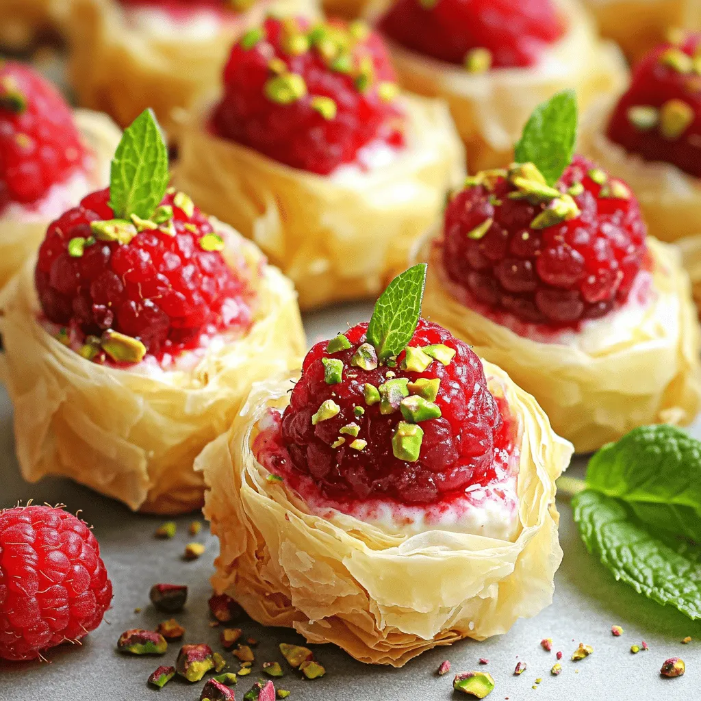 To make Raspberry Cream Cheese Bites, gather these key ingredients: - 1 package (8 oz) cream cheese, softened - 1/4 cup powdered sugar - 1 teaspoon vanilla extract - 1/2 cup fresh raspberries, plus extra for garnish - 1 package (1 lb) phyllo pastry dough, thawed - 1/2 cup unsalted butter, melted - 1/4 cup chopped pistachios (optional, for garnish) - Fresh mint leaves for garnish (optional) Using fresh raspberries is crucial. They add a bright, tart flavor that pairs well with the creamy cheese. Frozen raspberries may work, but they can lose texture and taste. Fresh raspberries provide a burst of juiciness that makes each bite special. You will need a few simple tools to make this recipe easy: - Mixing bowl and whisk - Baking sheet and parchment paper A mixing bowl helps combine the cream cheese and sugar smoothly. A whisk ensures you mix everything evenly. Use a baking sheet lined with parchment paper to prevent sticking and make cleanup a breeze. These tools make the process quick and fun! 1. Preheat your oven to 350°F (175°C). This makes sure your bites bake evenly. 2. Prepare the phyllo dough by rolling it out on a clean surface. Cut it into squares that are about 4x4 inches. This size works great for filling. 3. Mix the cream cheese filling. In a mixing bowl, beat together 8 oz of softened cream cheese, 1/4 cup of powdered sugar, and 1 teaspoon of vanilla extract. Keep mixing until it’s smooth and creamy. 4. Fold in the fresh raspberries gently. Use about 1/2 cup. Be careful not to crush them. Set this mixture aside while you work on the dough. 1. Layer your phyllo squares. Brush a square of phyllo dough with melted butter. Place another square on top and brush it again. Do this for three layers. 2. Add the filling. Place a tablespoon of your raspberry cream cheese mixture in the center of your layered phyllo. This is where all the flavor lives! 3. Seal the bites. Fold the corners of the phyllo over the filling. Pinch the edges to keep everything inside. This way, they won’t leak during baking. 4. Brush with butter again. Place your assembled bites on a parchment-lined baking sheet. Give the tops a final brush of melted butter for a golden finish. 1. Bake the bites in your preheated oven for 15-20 minutes. Look for a golden brown color. 2. Achieving that perfect finish is key! Keep an eye on them as they bake. If they start to brown too quickly, reduce the heat slightly. 3. Once done, remove them from the oven and let them cool for a few minutes. This will help them set properly. Enjoy the delicious aroma that fills your kitchen as they bake! For the complete flavor experience, don’t forget to check the full recipe. To get great Raspberry Cream Cheese Bites, the texture is key. Start with the cream cheese. You want it soft and smooth. If it’s too cold, it won’t mix well. Let it sit at room temperature for about 30 minutes before using. This helps you blend it easily with the powdered sugar and vanilla. Next, let’s talk about phyllo dough. This dough can be tricky. It dries out quickly, which makes it hard to work with. To keep it moist, cover the sheets with a damp cloth while you work. This will help you layer the dough without it cracking. Always brush each layer with melted butter for that crispy finish. When it comes to serving, presentation matters! Garnish your Raspberry Cream Cheese Bites with fresh berries. This adds color and makes them pop. You can also sprinkle chopped pistachios on top for a crunchy texture. If you want something extra, add mint leaves for freshness. For parties, arrange the bites on a nice platter. You can even serve them with a side of whipped cream or a fruit dip. This will impress your guests and make your treat stand out. You can find the Full Recipe for all the details on making these delicious bites. {{image_2}} You can play with flavors in your raspberry cream cheese bites. Use different fruits to change the taste. Blueberries and strawberries work great. They add a sweet twist and a pop of color. You can also add spices for more warmth. Cinnamon gives a cozy taste. Nutmeg can add a nice touch too. Sprinkle a little in your cream cheese mix. This will make your bites unique and fun! If you need gluten-free options, look for gluten-free phyllo dough. Many brands offer it, and it tastes just as good. You can find it in health food stores or online. For vegan options, swap the cream cheese for a plant-based cream cheese. These substitutes work well and keep the bites creamy. You can still enjoy the same great flavors while meeting your dietary needs. These variations keep your raspberry cream cheese bites fresh and exciting! For the complete recipe, check the [Full Recipe]. Store unbaked Raspberry Cream Cheese Bites in the fridge. Place them on a baking sheet and cover with plastic wrap. This keeps them fresh. You can store them for up to two days before baking. For baked bites, let them cool first. Then, place them in an airtight container. You can keep baked bites in the fridge for about three days. Reheat them in the oven at 350°F for about 5-10 minutes to get them crispy again. To freeze unbaked bites, follow these steps: 1. Assemble the bites as usual. 2. Lay them on a baking sheet, not touching each other. 3. Freeze for an hour or until solid. 4. Move them to a freezer-safe bag or container. You can store them frozen for up to a month. When you're ready to bake, do not thaw. Just bake them straight from the freezer. For baked bites, let them cool completely. Then, place them in a freezer-safe bag. They freeze well for up to two months. To reheat, thaw them in the fridge overnight, then warm in the oven. To keep texture and flavor, avoid microwaving. The oven is the best way to reheat, ensuring they stay crispy and delicious. Can I use frozen raspberries instead of fresh? Yes, you can use frozen raspberries! Just let them thaw first. Drain excess liquid to avoid a soggy filling. Fresh raspberries offer a better flavor, but frozen ones work well in a pinch. They also help keep the bites cool while you prepare. How do I make these bites ahead of time? You can prepare the filling and phyllo bites in advance. Make the cream cheese mixture and fill the phyllo squares. Store them in the fridge for up to a day before baking. Just remember to brush them with butter before you bake. What can I serve with Raspberry Cream Cheese Bites? These bites pair well with sweet dips. Consider serving them with a chocolate sauce or a berry compote. You can also add a dollop of whipped cream for a fun twist. They make a great dessert at parties or gatherings. Can I use a different type of cheese for the filling? Absolutely! You can try mascarpone or ricotta cheese for a different taste. Both options will give your bites a unique flavor. Just make sure the cheese is creamy to maintain the right texture. For the full recipe, check out the details to create these tasty treats! In this blog post, I shared a detailed guide on making delicious raspberry cream cheese bites. We covered essential ingredients, step-by-step instructions, and helpful tips for success. Fresh raspberries are key for flavor, while phyllo dough adds crunch. You can also explore variations to suit your taste or dietary needs. Remember, these bites are perfect for sharing at gatherings. Enjoy the process and get creative with your fillings for unique flavors. With practice, you’ll master this treat and impress your friends and family.