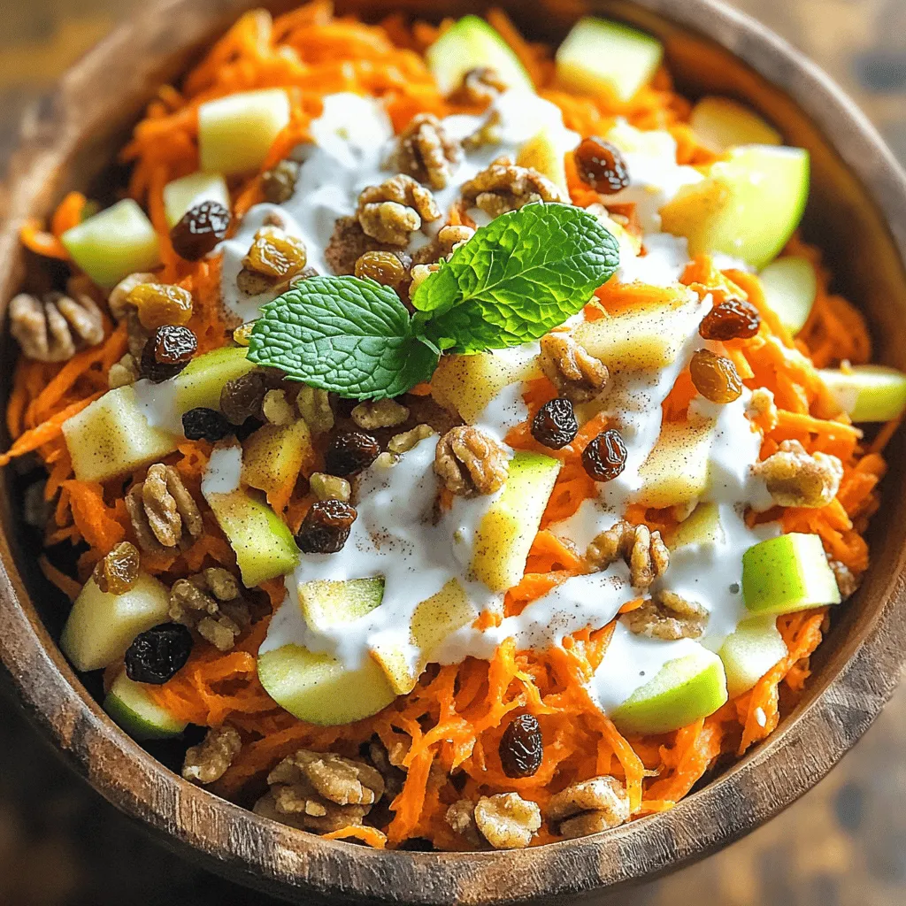 - 3 medium carrots, grated - 2 crisp apples (e.g., Granny Smith or Honeycrisp), cored and diced - 1/2 cup raisins or dried cranberries - 1/4 cup chopped walnuts or pecans - 1/4 cup plain Greek yogurt - 2 tablespoons honey - 1 tablespoon lemon juice - 1/2 teaspoon cinnamon - Salt and pepper to taste - Fresh mint leaves, for garnish The key to a great Carrot Apple Salad is fresh produce. Use vibrant carrots and crisp apples. I love Granny Smith apples for their tartness. Honeycrisp adds a sweet crunch. You can mix and match these to suit your taste. Next, add some fun with the add-ins. Raisins or dried cranberries give a sweet bite. Walnuts or pecans lend a nice crunch. You can even leave out the nuts if you prefer a nut-free dish. Now, let's talk about the dressing. This part is simple but key. The Greek yogurt creates a creamy base. Honey brings sweetness without being too heavy. Lemon juice adds brightness. A dash of cinnamon gives warmth. Finally, salt and pepper balance all the flavors. When you combine all these ingredients, you get a salad that’s crisp and refreshing. For the best results, check out the Full Recipe for detailed steps! Start by grating three medium carrots. Use a box grater or a food processor for speed. Next, take two crisp apples, like Granny Smith or Honeycrisp. Core and dice them into small pieces. This adds sweetness and crunch to the salad. Measure out your add-ins: half a cup of raisins or dried cranberries and a quarter cup of chopped walnuts or pecans for that extra texture. In a large mixing bowl, combine the grated carrots and diced apples. This forms the base of your salad. Now, add the raisins or cranberries and the chopped nuts. Mix everything gently so that the flavors blend without damaging the apples. In a separate small bowl, whisk together one-quarter cup of plain Greek yogurt, two tablespoons of honey, and one tablespoon of lemon juice. Add half a teaspoon of cinnamon, along with salt and pepper to taste. This creamy dressing will tie all the flavors together beautifully. Pour the dressing over the salad mixture. Toss gently to coat all the ingredients evenly. Let the salad chill for about 15 minutes in the refrigerator. This step allows the flavors to meld. Before serving, give it a final toss. Add fresh mint leaves as a garnish for a pop of color and freshness. Enjoy this crisp and refreshing delight! For the full recipe, check out the complete instructions above. To make your carrot apple salad shine, always use fresh apples and carrots. This step ensures you get the best flavor. Once you prepare the salad, store leftovers in an airtight container. This keeps the salad crisp and tasty for later. If you want a sweeter taste, add more honey to the dressing. It’s an easy way to change the flavor. You can also try using spices like nutmeg for a fun twist. This adds warmth and depth to the salad. This salad pairs well with grilled chicken for a complete meal. You can also serve it as a side dish at any gathering. For a final touch, garnish with extra mint. This adds even more freshness and a pop of color to your dish. For the full recipe, check out the Carrot Apple Crunch Salad. {{image_2}} If you're allergic to nuts, don't worry! You can easily swap out walnuts or pecans. Use sunflower seeds instead. They add a nice crunch without the nut allergy risk. Plus, they pack a good dose of healthy fats and protein. Want a vegan version? Simply replace Greek yogurt with a dairy-free yogurt. Look for a coconut or almond yogurt that fits your taste. This keeps the salad creamy while sticking to your vegan diet. You still get that great taste you love. To make this salad heartier, add some protein. Cooked quinoa or chickpeas work well. They make the salad filling and boost its nutritional value. Just mix them in when you combine the carrots and apples. This makes the Carrot Apple Salad a complete meal. For the full recipe, check out the complete guide to making this delightful dish! To keep your Carrot Apple Salad fresh, store it in an airtight container. This helps prevent the salad from drying out. You can also cover the bowl tightly with plastic wrap. Make sure to place the salad in the fridge right after serving. The cold air keeps it crisp and tasty. Your salad stays fresh for 3 to 5 days. Use this time frame for the best flavor and texture. Check for any signs of wilting or spoilage before eating. If it looks or smells off, it's best to toss it. To keep it fresh longer, use fresh ingredients when preparing. Freezing the Carrot Apple Salad is not ideal. The texture of the apples and carrots will change. If you must freeze it, remove the apples first. They do not freeze well. You can freeze the carrot and dressing mix. Thaw it in the fridge before serving. Add fresh apples and nuts just before eating for the best taste. You can easily swap Greek yogurt for sour cream. Sour cream adds creaminess and tang. If you want a dairy-free option, use coconut yogurt. It has a nice texture and flavor. You can also try blended silken tofu. It will give you a creamy base without dairy. Yes, you can prepare this salad ahead of time. Just keep the dressing separate until you are ready to serve. This way, the carrots and apples stay crisp. You can mix the salad a few hours in advance. It will still taste fresh, but the longer it sits, the softer it gets. This salad is packed with nutrients. Carrots are high in beta-carotene, which is great for your eyes. They also have fiber, which helps with digestion. Apples add fiber and vitamin C. Plus, they contain antioxidants that are good for your health. The nuts provide healthy fats and protein. Overall, this salad is a tasty way to eat your fruits and veggies. This blog post shared a simple, tasty recipe for Carrot Apple Salad using fresh produce and flavorful add-ins. We mixed crunchy carrots with apples, raisins, and nuts, topped off with a creamy dressing. Remember to keep those ingredients fresh and adjust flavors to your liking. You can even try fun variations, like making it nut-free or vegan. This salad is great as a side or main dish. Enjoy making it and feel proud of your healthy creation!