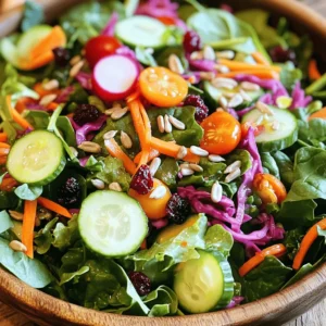 - 2 cups mixed greens (spinach, arugula, kale) - 1 cup shredded red cabbage - 1 cup carrots, julienned - 1 cup cucumber, thinly sliced - 1 red bell pepper, diced - 1/2 cup radishes, thinly sliced Fresh vegetables and greens make this salad bright and crunchy. I love using mixed greens because they add flavor and nutrients. Spinach, arugula, and kale create a nice base. Shredded red cabbage adds a lovely crunch and a pop of color. Carrots provide sweetness, while cucumbers keep it refreshing. Red bell peppers add a sweet crunch, and radishes give that spicy bite. Together, they form a vibrant mix. - 1/2 cup cherry tomatoes, halved - 1/4 cup sunflower seeds - 1/4 cup dried cranberries Adding fruits and nuts elevates this salad. Cherry tomatoes bring juiciness and freshness. They burst with flavor in every bite. Sunflower seeds add a nutty crunch and healthy fats. Dried cranberries introduce a sweet and tart balance, creating a delightful contrast. This combination makes every mouthful exciting. - 2 tablespoons fresh lemon juice - 2 tablespoons olive oil - 1 teaspoon maple syrup - Salt and pepper to taste The dressing ties the salad together. Fresh lemon juice brightens the flavors, giving it zing. Olive oil adds richness and smoothness. A touch of maple syrup brings sweetness, making the dressing well-rounded. Salt and pepper enhance the taste, ensuring every bite is flavorful. I suggest whisking these ingredients to create a light, tangy dressing that complements the salad beautifully. For the full recipe, check out the Crunchy Detox Salad. To start, grab a large bowl. In it, combine the mixed greens, shredded red cabbage, julienned carrots, sliced cucumber, diced bell pepper, and thinly sliced radishes. Each of these adds a unique crunch. I love how the colors pop in this mix! Gently toss everything together to mix the ingredients evenly. This step makes sure every bite bursts with flavor and texture. Next, let’s make the dressing. In a small bowl, whisk together the fresh lemon juice, olive oil, maple syrup, salt, and pepper. This blend creates a bright and zesty flavor. If you want a thicker dressing, add more olive oil. For a lighter taste, use less. Whisk until the mixture is smooth and well combined. Now it’s time to assemble! Drizzle the dressing over the salad. Toss gently to coat all the vegetables well. This step ensures every piece has that delicious dressing on it. Finally, sprinkle the dried cranberries on top. They add a sweet touch that pairs well with the crunch. Give the salad a final gentle toss to incorporate them. For the best crunch, serve immediately, or chill for up to 30 minutes to let the flavors meld. Enjoy your refreshing and vibrant Crunchy Detox Salad! For the full recipe, check the instructions above. To make your Crunchy Detox Salad truly stand out, focus on using fresh, crisp vegetables. Fresh veggies give your salad that satisfying crunch. Look for bright colors and firm textures. For example, choose greens that are vibrant and not wilted. - Mixed greens: Spinach, arugula, and kale work great. - Shredded red cabbage adds color and texture. - Carrots should be crunchy and bright orange. - Cucumbers should be firm and juicy. - Bell peppers should be colorful and crisp. - Radishes add a peppery bite. Storage is key to keeping your salad fresh. If you plan to serve it later, store the dressing separately. This keeps the salad crunchy until you're ready to eat. You can refrigerate the salad for up to 30 minutes before serving. This helps the flavors blend but retains the crunch. Pair your Crunchy Detox Salad with a protein source for a full meal. Grilled chicken, chickpeas, or tofu are great options. They add flavor and keep you full. This salad shines at various occasions. Serve it at picnics, barbecues, or family gatherings. It’s a hit at potlucks too, where everyone loves a fresh, vibrant dish. For the full recipe, check out the details above. Enjoy your crunchy, healthy creation! {{image_2}} You can switch the greens in your Crunchy Detox Salad. Try using romaine or mixed baby greens instead of spinach, arugula, and kale. This change adds new flavors while keeping it fresh. You can also use other veggies like shredded Brussels sprouts or sliced snap peas for a crunchy twist. Adding fruits or nuts can enhance the taste. Consider adding apple slices for sweetness or avocado for creaminess. Nuts like walnuts or almonds add healthy fats and a satisfying crunch. Homemade dressings can take your salad to the next level. For a zesty kick, mix yogurt with garlic and lemon juice. You can also blend tahini with water, lemon juice, and garlic for a nutty flavor. If you prefer store-bought options, look for light vinaigrettes or dressings low in sugar. For a quick hack, mix olive oil with balsamic vinegar. This creates a simple yet tasty dressing in seconds. You can also adapt your salad based on the season. In summer, add fresh berries like strawberries or blueberries. They bring sweetness and color. You can swap in grilled corn or zucchini for a smoky touch. In winter, use roasted root vegetables, like sweet potatoes or beets. These warm ingredients add a cozy feel to your salad. Always use what is fresh and in season for the best taste. For the full recipe, check out the Crunchy Detox Salad section above. To store your Crunchy Detox Salad, place any leftovers in an airtight container. This keeps the salad fresh and crisp. You can store it in the fridge for up to three days. However, for the best taste and crunch, eat it within the first two days. Keep the dressing separate if you plan to save it. This prevents sogginess in the greens. Freezing the salad is not recommended, as the texture of the vegetables will change. Instead, freeze individual ingredients if needed. For instance, you can freeze shredded carrots or chopped bell peppers. When you want to use them, let them thaw in the fridge overnight. To refresh the salad after storage, add a splash of fresh lemon juice or a drizzle of olive oil. This brightens the flavors and gives it a fresh taste again. If the greens look wilted, try soaking them in cold water for a few minutes. This can help perk them up before serving. Enjoy your fresh and flavorful Crunchy Detox Salad! For the complete recipe, check out the Full Recipe. The Crunchy Detox Salad is full of great nutrients. Each ingredient brings health benefits to the table. - Mixed greens: These are rich in vitamins A, C, and K. They help support your immune system and keep your skin healthy. - Red cabbage: This adds fiber and antioxidants. It helps with digestion and fights inflammation. - Carrots: They are high in beta-carotene, which is good for your eyes. - Cucumbers: These keep you hydrated with their high water content and low calories. - Bell peppers: They provide vitamin C, which boosts your immune health. - Radishes: These help with digestion and add a nice crunch. - Cherry tomatoes: They contain lycopene, which supports heart health. - Sunflower seeds: These are a great source of healthy fats and protein. - Dried cranberries: They add a touch of sweetness and are good for your urinary tract. Eating this salad regularly can help you feel light and energized. Yes, you can use many other veggies in your Crunchy Detox Salad. This makes it fun and personal. Here are some great options: - Broccoli: Add raw florets for crunch and vitamins. - Zucchini: Thinly slice it for a fresh flavor. - Jicama: This adds a sweet, crunchy texture that’s unique. - Beets: Roasted or raw, they bring color and health benefits. Feel free to mix and match your favorites. The idea is to keep it fresh and colorful! The Crunchy Detox Salad stays fresh in the fridge for up to three days. To keep it crisp: - Store in an airtight container: This keeps moisture out and maintains crunch. - Keep dressing separate: Wait to add the dressing until you are ready to eat. This helps the veggies stay crisp. If you notice the salad getting soggy, it’s best to eat it right away. Enjoy your fresh, vibrant salad! This blog post covered a simple, tasty Crunchy Detox Salad. We explored fresh veggies and fruits along with easy dressing recipes. I shared tips for the best crunch and serving ideas. You can customize the salad based on what you have at home. It's fresh, healthy, and great for any occasion. Now you can make this salad your way, enjoy it, and reap the benefits. Get creative and happy munching!
