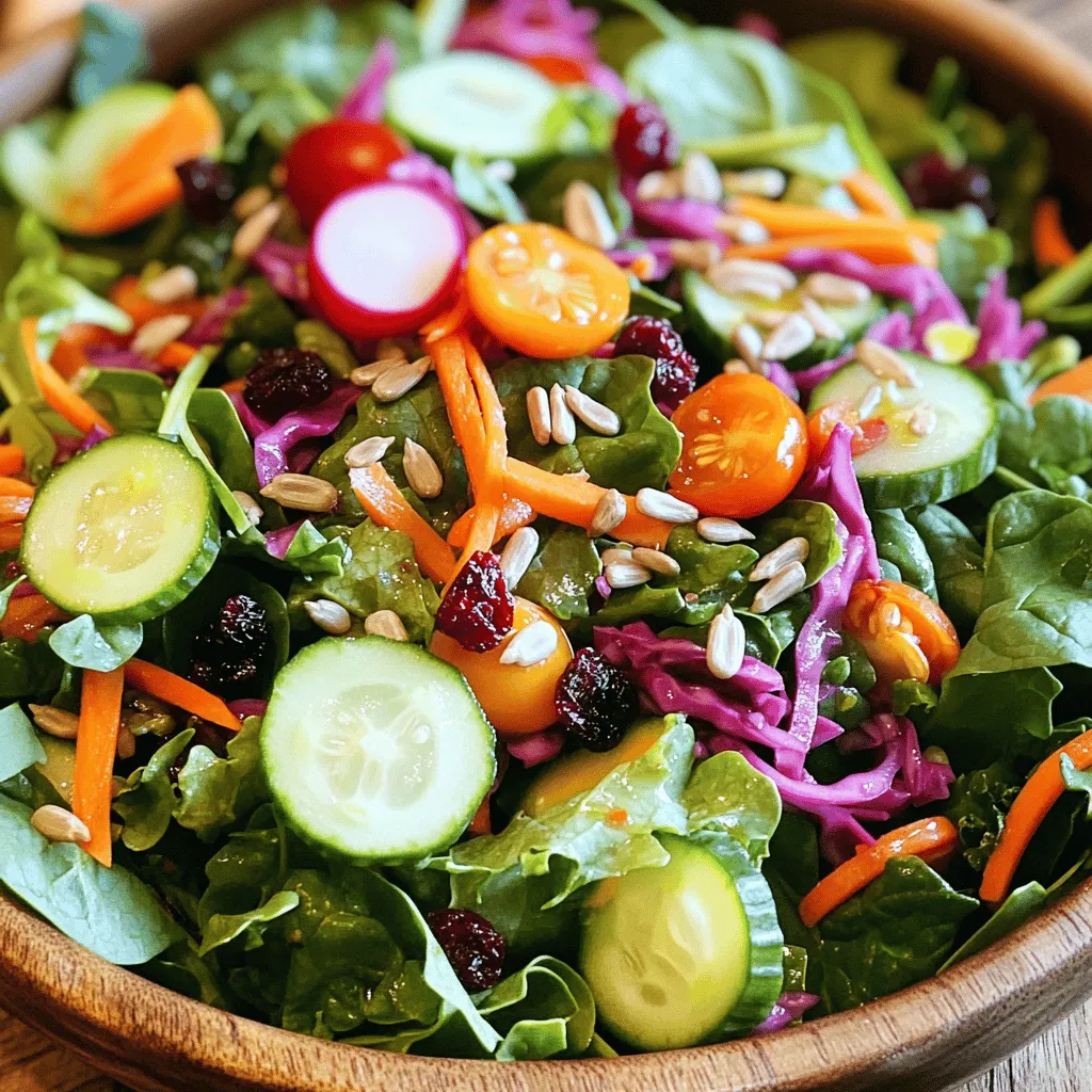 - 2 cups mixed greens (spinach, arugula, kale) - 1 cup shredded red cabbage - 1 cup carrots, julienned - 1 cup cucumber, thinly sliced - 1 red bell pepper, diced - 1/2 cup radishes, thinly sliced Fresh vegetables and greens make this salad bright and crunchy. I love using mixed greens because they add flavor and nutrients. Spinach, arugula, and kale create a nice base. Shredded red cabbage adds a lovely crunch and a pop of color. Carrots provide sweetness, while cucumbers keep it refreshing. Red bell peppers add a sweet crunch, and radishes give that spicy bite. Together, they form a vibrant mix. - 1/2 cup cherry tomatoes, halved - 1/4 cup sunflower seeds - 1/4 cup dried cranberries Adding fruits and nuts elevates this salad. Cherry tomatoes bring juiciness and freshness. They burst with flavor in every bite. Sunflower seeds add a nutty crunch and healthy fats. Dried cranberries introduce a sweet and tart balance, creating a delightful contrast. This combination makes every mouthful exciting. - 2 tablespoons fresh lemon juice - 2 tablespoons olive oil - 1 teaspoon maple syrup - Salt and pepper to taste The dressing ties the salad together. Fresh lemon juice brightens the flavors, giving it zing. Olive oil adds richness and smoothness. A touch of maple syrup brings sweetness, making the dressing well-rounded. Salt and pepper enhance the taste, ensuring every bite is flavorful. I suggest whisking these ingredients to create a light, tangy dressing that complements the salad beautifully. For the full recipe, check out the Crunchy Detox Salad. To start, grab a large bowl. In it, combine the mixed greens, shredded red cabbage, julienned carrots, sliced cucumber, diced bell pepper, and thinly sliced radishes. Each of these adds a unique crunch. I love how the colors pop in this mix! Gently toss everything together to mix the ingredients evenly. This step makes sure every bite bursts with flavor and texture. Next, let’s make the dressing. In a small bowl, whisk together the fresh lemon juice, olive oil, maple syrup, salt, and pepper. This blend creates a bright and zesty flavor. If you want a thicker dressing, add more olive oil. For a lighter taste, use less. Whisk until the mixture is smooth and well combined. Now it’s time to assemble! Drizzle the dressing over the salad. Toss gently to coat all the vegetables well. This step ensures every piece has that delicious dressing on it. Finally, sprinkle the dried cranberries on top. They add a sweet touch that pairs well with the crunch. Give the salad a final gentle toss to incorporate them. For the best crunch, serve immediately, or chill for up to 30 minutes to let the flavors meld. Enjoy your refreshing and vibrant Crunchy Detox Salad! For the full recipe, check the instructions above. To make your Crunchy Detox Salad truly stand out, focus on using fresh, crisp vegetables. Fresh veggies give your salad that satisfying crunch. Look for bright colors and firm textures. For example, choose greens that are vibrant and not wilted. - Mixed greens: Spinach, arugula, and kale work great. - Shredded red cabbage adds color and texture. - Carrots should be crunchy and bright orange. - Cucumbers should be firm and juicy. - Bell peppers should be colorful and crisp. - Radishes add a peppery bite. Storage is key to keeping your salad fresh. If you plan to serve it later, store the dressing separately. This keeps the salad crunchy until you're ready to eat. You can refrigerate the salad for up to 30 minutes before serving. This helps the flavors blend but retains the crunch. Pair your Crunchy Detox Salad with a protein source for a full meal. Grilled chicken, chickpeas, or tofu are great options. They add flavor and keep you full. This salad shines at various occasions. Serve it at picnics, barbecues, or family gatherings. It’s a hit at potlucks too, where everyone loves a fresh, vibrant dish. For the full recipe, check out the details above. Enjoy your crunchy, healthy creation! {{image_2}} You can switch the greens in your Crunchy Detox Salad. Try using romaine or mixed baby greens instead of spinach, arugula, and kale. This change adds new flavors while keeping it fresh. You can also use other veggies like shredded Brussels sprouts or sliced snap peas for a crunchy twist. Adding fruits or nuts can enhance the taste. Consider adding apple slices for sweetness or avocado for creaminess. Nuts like walnuts or almonds add healthy fats and a satisfying crunch. Homemade dressings can take your salad to the next level. For a zesty kick, mix yogurt with garlic and lemon juice. You can also blend tahini with water, lemon juice, and garlic for a nutty flavor. If you prefer store-bought options, look for light vinaigrettes or dressings low in sugar. For a quick hack, mix olive oil with balsamic vinegar. This creates a simple yet tasty dressing in seconds. You can also adapt your salad based on the season. In summer, add fresh berries like strawberries or blueberries. They bring sweetness and color. You can swap in grilled corn or zucchini for a smoky touch. In winter, use roasted root vegetables, like sweet potatoes or beets. These warm ingredients add a cozy feel to your salad. Always use what is fresh and in season for the best taste. For the full recipe, check out the Crunchy Detox Salad section above. To store your Crunchy Detox Salad, place any leftovers in an airtight container. This keeps the salad fresh and crisp. You can store it in the fridge for up to three days. However, for the best taste and crunch, eat it within the first two days. Keep the dressing separate if you plan to save it. This prevents sogginess in the greens. Freezing the salad is not recommended, as the texture of the vegetables will change. Instead, freeze individual ingredients if needed. For instance, you can freeze shredded carrots or chopped bell peppers. When you want to use them, let them thaw in the fridge overnight. To refresh the salad after storage, add a splash of fresh lemon juice or a drizzle of olive oil. This brightens the flavors and gives it a fresh taste again. If the greens look wilted, try soaking them in cold water for a few minutes. This can help perk them up before serving. Enjoy your fresh and flavorful Crunchy Detox Salad! For the complete recipe, check out the Full Recipe. The Crunchy Detox Salad is full of great nutrients. Each ingredient brings health benefits to the table. - Mixed greens: These are rich in vitamins A, C, and K. They help support your immune system and keep your skin healthy. - Red cabbage: This adds fiber and antioxidants. It helps with digestion and fights inflammation. - Carrots: They are high in beta-carotene, which is good for your eyes. - Cucumbers: These keep you hydrated with their high water content and low calories. - Bell peppers: They provide vitamin C, which boosts your immune health. - Radishes: These help with digestion and add a nice crunch. - Cherry tomatoes: They contain lycopene, which supports heart health. - Sunflower seeds: These are a great source of healthy fats and protein. - Dried cranberries: They add a touch of sweetness and are good for your urinary tract. Eating this salad regularly can help you feel light and energized. Yes, you can use many other veggies in your Crunchy Detox Salad. This makes it fun and personal. Here are some great options: - Broccoli: Add raw florets for crunch and vitamins. - Zucchini: Thinly slice it for a fresh flavor. - Jicama: This adds a sweet, crunchy texture that’s unique. - Beets: Roasted or raw, they bring color and health benefits. Feel free to mix and match your favorites. The idea is to keep it fresh and colorful! The Crunchy Detox Salad stays fresh in the fridge for up to three days. To keep it crisp: - Store in an airtight container: This keeps moisture out and maintains crunch. - Keep dressing separate: Wait to add the dressing until you are ready to eat. This helps the veggies stay crisp. If you notice the salad getting soggy, it’s best to eat it right away. Enjoy your fresh, vibrant salad! This blog post covered a simple, tasty Crunchy Detox Salad. We explored fresh veggies and fruits along with easy dressing recipes. I shared tips for the best crunch and serving ideas. You can customize the salad based on what you have at home. It's fresh, healthy, and great for any occasion. Now you can make this salad your way, enjoy it, and reap the benefits. Get creative and happy munching!