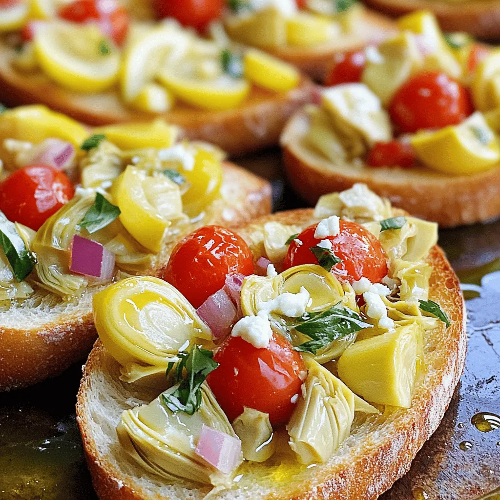 To make this tasty artichoke bruschetta, you need: - 1 can (14 oz) artichoke hearts, drained and chopped - 1 cup cherry tomatoes, diced - 1/4 cup red onion, finely chopped - 1/4 cup fresh basil, chopped - 2 tablespoons lemon juice - 2 tablespoons olive oil - 1 teaspoon garlic powder - Salt and pepper to taste - 1 French baguette, sliced diagonally These ingredients create a fresh and vibrant mix. The artichokes add a nice earthy flavor. Cherry tomatoes bring sweetness, while red onion adds a bit of crunch. Fresh basil ties it all together with a green, herbaceous note. You can enhance your bruschetta with these add-ons: - 1/2 cup goat cheese (optional) Adding goat cheese gives a creamy texture. You might also try feta or ricotta for a different taste. To prepare this dish, gather these kitchen tools: - Mixing bowl - Baking sheet - Oven - Sharp knife - Spoon These tools make the prep simple. A sharp knife helps with chopping, and a mixing bowl is perfect for combining all the ingredients. Using a baking sheet keeps the baguette slices organized while toasting. For the full recipe, you can check the details above. Enjoy your cooking! To make the artichoke mixture, grab a mixing bowl. Start with one can of artichoke hearts. Drain and chop them into small pieces. Next, add one cup of diced cherry tomatoes. Chop a quarter cup of red onion very finely and toss it in. Then, chop a quarter cup of fresh basil and mix that in too. Drizzle two tablespoons of lemon juice and two tablespoons of olive oil over the mix. Sprinkle in one teaspoon of garlic powder, salt, and pepper to taste. Stir everything together well. This mixture bursts with flavor and is the heart of your bruschetta. Now, let’s toast the baguette. Preheat your oven to 400°F (200°C). Slice a French baguette diagonally into thin pieces. Arrange these slices on a baking sheet. For extra flavor, you can lightly brush them with olive oil. Place the baking sheet in the oven and toast the baguette slices for about 5 to 7 minutes. Keep an eye on them until they turn golden and crisp. Remove them from the oven and let them cool slightly. It's time to assemble your bruschetta! Take the slightly cooled toasted baguette slices. Spoon the artichoke mixture generously onto each slice. If you want a creamy touch, sprinkle goat cheese on top of the mixture. Serve the bruschetta right away while the bread is warm and crisp. Enjoy this delightful dish with friends and family. For the full recipe, check out the details above. When making artichoke bruschetta, choose fresh and tasty ingredients. Select artichoke hearts packed in water or olive oil. This keeps their flavor and texture perfect. For tomatoes, pick ripe cherry tomatoes. They add sweetness and color to your dish. Look for bright green basil; it should smell fresh and strong. Use a good quality olive oil for the best taste. Extra virgin is my favorite. This oil enhances the flavors in the bruschetta and makes it shine. Serve artichoke bruschetta warm for the best experience. Place the bruschetta on a large platter. You can add a sprinkle of extra basil for color. If you love cheese, add a few crumbles of goat cheese on top. This adds creaminess and pairs well with the artichokes. Pair your bruschetta with a light salad or a glass of white wine. This adds a nice touch to your meal and makes it feel special. One common mistake is overcooking the baguette slices. Watch them closely in the oven to prevent burning. You want them golden and crisp, not dark brown. Another mistake is using old or wilted ingredients. Fresh ingredients make a big difference in flavor. Don’t skip the lemon juice; it brightens the dish. Lastly, avoid overloading the bread with the topping. Too much mixture can make the bread soggy. Spoon just enough to keep the bread crispy. For the full recipe, check the detailed instructions above. {{image_2}} You can easily make artichoke bruschetta vegetarian or vegan. For a vegan option, skip the goat cheese. The mix of artichokes, tomatoes, and herbs is still rich and tasty. You can add nutritional yeast for a cheesy flavor. This keeps your dish creamy without using dairy. To boost flavor, try adding some spices. A pinch of red pepper flakes adds heat. You might also want to use fresh herbs like dill or parsley. They give the bruschetta a fresh twist. Another fun idea is to mix in some sun-dried tomatoes. They add a sweet and tangy kick. Pair your bruschetta with a light salad or a nice soup. A crisp green salad complements the rich flavors. If you like more toppings, consider avocado slices or roasted red peppers. These add texture and taste. You can also drizzle balsamic glaze for a sweet finish. Each of these options makes your bruschetta stand out. You can explore many flavors with just one base recipe. To get the full recipe, check out the Artichoke Delight Bruschetta. After you enjoy your artichoke bruschetta, store leftovers in an airtight container. Keep the bruschetta in the fridge. It stays fresh for up to three days. If you have extra toppings, store them separately. This keeps the bread from getting soggy. When you want to eat leftovers, reheat them carefully. Preheat your oven to 350°F (175°C). Place the bruschetta on a baking sheet. Heat for about 5-10 minutes. This will make the bread crisp again. Avoid using the microwave as it makes the bread soft. You can freeze the artichoke mixture, but not the bread. Store the mixture in a freezer-safe container. It lasts for about one month. To use it later, thaw it in the fridge overnight. Then, reheat as mentioned before. Make fresh baguette slices when you're ready to enjoy. For the full recipe, check the instructions above. The best way to serve artichoke bruschetta is warm. Place the bruschetta on a nice platter. You can garnish it with fresh basil for color. Serve with toothpicks for easy eating. This way, everyone can enjoy it right away. Yes, you can make the artichoke mixture ahead of time. Just store it in the fridge. Make the baguette slices fresh before serving. This keeps the bread crispy. Mix it all before serving for the best taste. You can use cream cheese or ricotta instead of goat cheese. Both options add a creamy texture. If you want a dairy-free choice, try cashew cheese. Each option brings its own flavor to the bruschetta. Artichoke bruschetta lasts for about 2-3 days in the fridge. Keep it in an airtight container. The bread may get soft, so it’s best to eat it fresh. If you have leftovers, enjoy the artichoke mix on salads or crackers! Artichoke bruschetta combines simple ingredients into a tasty treat. We covered how to prepare the mixture, toast your bread, and assemble the dish. I shared tips on ingredient choice and common mistakes to avoid. You can mix it up with variations like vegan options or new toppings. Proper storage keeps leftovers fresh for later enjoyment. With practice, you will create delicious bruschetta that impresses friends and family. Enjoy experimenting with flavors and making this dish your own!