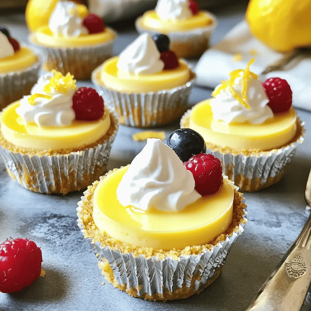 To make these creamy mini lemon cheesecakes, gather the following simple ingredients: - 1 cup graham cracker crumbs - 1/4 cup granulated sugar - 1/2 teaspoon ground cinnamon - 1/4 cup unsalted butter, melted - 16 oz cream cheese, softened - 1 cup powdered sugar - 2 large eggs - 1/4 cup fresh lemon juice - Zest of 1 lemon - 1 teaspoon vanilla extract - Fresh berries for garnish (optional) - Whipped cream for topping (optional) Each ingredient plays a key role in creating the perfect mini cheesecake. The graham cracker crumbs form a sweet and crunchy crust. The sugar adds sweetness, while the cinnamon gives a warm touch. Cream cheese is the star of this dessert, providing that rich and creamy texture. The eggs help bind everything together, creating a smooth filling. Fresh lemon juice and zest brighten the flavor, making it refreshing. Lastly, the vanilla extract enhances the overall taste. You can also add fresh berries and whipped cream on top for a fun touch. This makes each bite feel special. If you'd like more details on how to make these cheesecakes, check out the Full Recipe. To make the crust, start by combining graham cracker crumbs, sugar, and cinnamon in a bowl. This blend gives the crust a sweet and warm flavor. Next, add melted butter and mix well. The butter binds the crumbs and sugar together. Press about one tablespoon of this mixture into each muffin liner. Make sure it forms a solid base. Bake the crusts in a preheated oven at 325°F (160°C) for about 8 to 10 minutes. You want them to be lightly golden. Once baked, let them cool while you make the filling. In a large bowl, beat the softened cream cheese until it is smooth and creamy. This is the key to a great texture. Gradually add the powdered sugar and mix until well combined. Now, add in the eggs one at a time. Beat well after each addition to ensure a smooth filling. Next, mix in the fresh lemon juice, lemon zest, and vanilla extract. These ingredients add a bright flavor to your cheesecake. Once everything is mixed together, pour the cheesecake filling into the cooled crusts. Fill each cup about three-quarters full to allow for some expansion while baking. Bake the mini cheesecakes for 18 to 20 minutes. They should be set but still have a slight jiggle in the center. This jiggle means they are just right. After baking, let them cool at room temperature. Once cooled, transfer them to the refrigerator. Chill for at least 2 hours to let them fully set. This step is important for the best texture and flavor. After chilling, your creamy mini lemon cheesecakes are ready to serve! For a special touch, top them with whipped cream and fresh berries if you like. Enjoy your delicious treat! For the complete recipe, check out the [Full Recipe]. To get the best cheesecake, soften your cream cheese first. Cold cream cheese can make your mix lumpy. Let it sit out for about 30 minutes before you start. When you add the eggs, mix just until combined. Overmixing can make your cheesecake dense instead of light. You can elevate the taste of your mini cheesecakes by adding more citrus zest. Try mixing in some lime or orange zest for a fun twist. Instead of just whipped cream, think about using fresh berries or lemon curd on top. These options add color and flavor. Watch the baking time closely. Underbaking means a gooey center, while overbaking can lead to cracks. Aim for a slight jiggle in the center when you take them out. After baking, let them cool at room temperature. Chilling in the fridge for at least two hours is key for the right texture. {{image_2}} You can make a no-bake version of mini lemon cheesecakes. Start by using cream cheese, powdered sugar, and lemon juice. Instead of baking, chill the mixture in the fridge. This gives a creamy, soft texture. Chilling takes about 4 hours. You will enjoy a fresh, tangy taste without using the oven. Try mixing in other citrus fruits like lime or orange. You can also add zest for a stronger flavor. Want a unique twist? Infuse the filling with fresh herbs like basil. This mix of flavors creates a fun and bright dessert. It surprises your taste buds while keeping the lemon base. For gluten-free mini cheesecakes, swap out regular graham crackers for gluten-free options. Many brands make gluten-free crumbs. Adjust the sugar used to fit your diet. Coconut sugar or other options can be great substitutes. These changes help everyone enjoy this tasty treat. To keep your mini lemon cheesecakes fresh, store them in the fridge. First, let them cool completely after baking. Then, place them in an airtight container. This helps prevent them from drying out and keeps their creamy texture. If you want to save space, you can stack them with parchment paper between layers. You can freeze these mini cheesecakes for later enjoyment. Start by wrapping each cheesecake in plastic wrap. Then, place them in a freezer-safe bag or container. This keeps them safe from freezer burn. When you are ready to eat, thaw them in the fridge overnight. This method helps maintain their smooth texture and bright flavor. In the fridge, your mini cheesecakes will last about five days. Always check for signs of spoilage. If you see any mold or if they smell off, it’s best to throw them away. Keeping an eye on them ensures you enjoy these tasty treats at their best. For the full recipe, check the earlier section. Yes, you can use low-fat cream cheese. It will change the flavor and texture a bit. Low-fat cream cheese makes the cheesecake less rich and creamy. If you prefer a lighter dessert, it works well. Just know it may not be as smooth as the full-fat type. You can make these cheesecakes healthier easily. Here are some ideas: - Use Greek yogurt instead of cream cheese for a protein boost. - Substitute honey or maple syrup for granulated sugar. - Choose whole grain graham crackers for the crust. - Add less sugar to the filling for a less sweet treat. If you don’t have muffin liners, don’t worry! You can bake these mini cheesecakes without them. Just grease the muffin tin with butter or cooking spray. This will help the cheesecakes come out easily after baking. You can also use silicone muffin cups for easy removal. Yes, you can prepare the filling a day ahead. Just store it in the fridge. When you are ready to bake, pour the filling over the crusts. This makes it easy to get the cheesecakes ready quickly. However, I suggest baking the cheesecakes fresh for the best taste and texture. These mini cheesecakes taste great with several drinks and sides. Here are some tasty ideas: - Serve with a cup of herbal tea or lemonade. - Pair with fresh berries like strawberries or blueberries for extra flavor. - A scoop of vanilla ice cream complements the lemon flavor well. - A drizzle of chocolate sauce adds a fun twist and makes it special. For the full recipe, check out the main article! These mini lemon cheesecakes are both tasty and fun to make. We covered the key ingredients, steps for prep, and tips for better results. You can try variations, whether you prefer no-bake or gluten-free. Proper storage helps keep your treats fresh and great for later. Remember to have fun experimenting with flavors and textures. Enjoy your baking adventure!