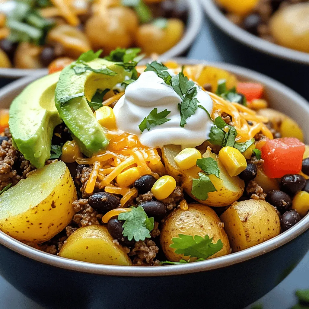 The Ground Beef and Potato Taco Bowl is simple to make with fresh ingredients. Here’s what you need: - 1 lb ground beef - 2 large potatoes, diced - 1 tablespoon olive oil - 1 small onion, chopped - 2 cloves garlic, minced - 1 tablespoon taco seasoning - 1 can (15 oz) black beans, drained and rinsed - 1 cup corn kernels (fresh or frozen) - 1 cup diced tomatoes (canned or fresh) - 1 cup shredded cheese (cheddar or Mexican blend) - 1 avocado, diced - Fresh cilantro for garnish - Salt and pepper to taste - Sour cream or Greek yogurt for serving (optional) These ingredients come together to create a hearty meal. Each item plays a role in the flavor. For example, the potatoes add comfort, while the taco seasoning gives a kick. Understanding the nutritional value helps you make better choices. Each serving has approximately: - Calories: 450 - Protein: 25g - Carbohydrates: 40g - Fats: 20g This meal packs in protein from the beef and beans. It also offers good carbs from the potatoes and corn. Healthy fats come from the avocado and cheese. You can enjoy a filling dish that works for lunch or dinner. For the full recipe, check the [Full Recipe]. 1. Heat olive oil, sauté onions and garlic: Start by heating 1 tablespoon of olive oil in a large skillet over medium heat. Add 1 small chopped onion. Sauté for about 3 to 4 minutes until the onion is soft and clear. Then, add 2 minced garlic cloves and cook for 1 more minute. This step brings out the nice flavors. 2. Brown the ground beef and season: Next, add 1 lb of ground beef to the skillet. Break it apart with a spatula as it cooks. Stir it often for about 5 to 7 minutes until it turns brown. Season with salt, pepper, and 1 tablespoon of taco seasoning. Mix it all together well to coat the beef evenly. 3. Boil and prepare the potatoes: While the beef cooks, fill a pot with salted water and bring it to a boil. Add 2 large diced potatoes. Boil for 10 to 12 minutes until the potatoes are soft enough to poke with a fork. Drain them and set them aside. 1. Adding beans, corn, and tomatoes: Once the beef is ready, stir in 1 can of drained black beans, 1 cup of corn, and 1 cup of diced tomatoes. Let everything cook together for about 2 to 3 minutes. This warms up the beans and corn nicely. 2. Folding in the potatoes: Gently fold the drained potatoes into the beef mixture. Mix carefully so you don’t mash the potatoes. Taste the mixture and add more seasoning if it needs it. 1. Plating the taco bowl: Take bowls and spoon the beef and potato mixture into them. Make sure to fill them well. 2. Toppings and garnishes: Top each bowl with 1 cup of shredded cheese and 1 diced avocado. Finish with a sprinkle of fresh cilantro. If you like, add a dollop of sour cream or Greek yogurt on top for extra creaminess. This Ground Beef and Potato Taco Bowl is ready to enjoy. For the full recipe, check out the details provided above. - Ensuring perfectly cooked potatoes: Start with fresh potatoes. Dice them into equal sizes for even cooking. Boil them for 10-12 minutes until fork-tender. Drain and set aside to keep them fluffy. - Best practices for browning ground beef: Use a large skillet over medium heat. Break the beef apart with a spatula. Stir often to ensure even browning. This method keeps the beef juicy and flavorful. - Additional spices to consider: Add cumin or smoked paprika for a warm taste. A pinch of cayenne can kick up the heat. Experiment to find your perfect blend. - Optional ingredients for extra flavor: Mix in jalapeños for spice or bell peppers for sweetness. Consider adding lime juice for a fresh burst or olives for a briny touch. - Ideal pairing suggestions: Serve the taco bowl with tortilla chips or a simple salad. A side of rice works well, too. These pairings add variety and balance to your meal. - Portion control for meal prep: Use bowls with clear measurements. Fill each bowl evenly to help with portion sizes. This way, you can enjoy this dish throughout the week without overeating. For the full recipe, check the details below! {{image_2}} You can switch out the ground beef for leaner meats. Turkey or chicken works well. They both cut down on fat but keep the flavor. If you want a vegetarian or vegan option, try using lentils or black beans. They provide protein and fiber, making your meal hearty. Change up your taco seasoning to create new flavors. You can use a spicy blend for heat or a milder mix for a gentle taste. You can also explore Southwest or Mexican flavors. Southwest flavors may include chipotle or smoked paprika, while Mexican flavors often feature cumin and oregano for depth. You can serve this dish as a taco bowl or in a burrito style. In a burrito, you wrap all the fillings in a tortilla. If you want a low-carb option, try using lettuce wraps instead. They are fresh and crunchy, adding a nice twist to the meal. For the full recipe, check out the Ground Beef and Potato Taco Bowl 🥔. To store leftovers, let your taco bowl cool first. Place it in an airtight container. This keeps it fresh and tasty. When stored properly, the taco bowl lasts about 3 to 4 days in the fridge. Always check for any signs of spoilage before eating. Freezing your taco bowls is easy. First, let them cool completely. Then, transfer the bowl to a freezer-safe container. Be sure to leave some space for expansion. Your taco bowl can stay in the freezer for up to 3 months. When you’re ready to eat, thaw it overnight in the fridge. Reheat it in the microwave or on the stove until hot. For the best flavor after storage, reheat your taco bowl gently. Use low heat on the stove or a microwave on medium power. Stir it often to ensure even heating. Always check that the food reaches at least 165°F to ensure it is safe to eat. Enjoy your hearty meal just like the first time! How to make Ground Beef and Potato Taco Bowl? To make this dish, follow these steps: 1. Heat 1 tablespoon of olive oil in a large skillet. 2. Add 1 small chopped onion and sauté it for 3-4 minutes. 3. Stir in 2 minced garlic cloves and cook for another minute. 4. Add 1 lb of ground beef and cook until browned, about 5-7 minutes. 5. Season with salt, pepper, and 1 tablespoon of taco seasoning. 6. In a pot, boil 2 diced large potatoes for 10-12 minutes until fork-tender. 7. Once the beef is cooked, mix in 1 can of black beans, 1 cup of corn, and 1 cup of diced tomatoes. 8. Fold in the drained potatoes. 9. Serve in bowls, topped with 1 cup of shredded cheese, diced avocado, and fresh cilantro. For the full recipe, check out the main article. What can I substitute for ground beef? You can use ground turkey, chicken, or even plant-based meat. Each option offers unique flavors. If you prefer a vegetarian option, try black beans or lentils. They add great texture and protein. Is this recipe gluten-free? Yes, this recipe is gluten-free. All the ingredients, like potatoes, beans, and spices, do not contain gluten. Always check labels for any packaged products to ensure they are gluten-free. Can I make this recipe dairy-free? Yes, you can make this dish dairy-free. Simply omit the cheese and use dairy-free sour cream or yogurt. You can still enjoy great flavor without dairy. How can I make this ahead of time? You can cook the beef and potato mixture a day in advance. Store it in an airtight container in the fridge. Reheat it on the stove or in the microwave before serving. What are the best storage options for meal prepping? Use glass or plastic containers with tight lids. This keeps the food fresh. You can also freeze portions for later use. Just remember to label the containers with dates for easy reference. In this blog post, we covered how to make a tasty Ground Beef and Potato Taco Bowl. We explored key ingredients and shared step-by-step cooking instructions. I provided helpful tips on cooking, flavor enhancements, and serving suggestions. We also discussed possible ingredient variations and how to store leftovers safely. Remember, cooking should be fun and flexible. Enjoy mixing flavors and making this dish your own. You can create a healthy meal that suits your taste!