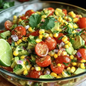 - 2 cups cherry tomatoes, halved - 1 ripe avocado, diced - 1 cup sweet corn kernels (fresh, canned, or frozen) - 1/2 red onion, finely chopped - 1/4 cup fresh cilantro, chopped - 2 tablespoons lime juice - 1 tablespoon olive oil - 1 teaspoon chili powder (optional for some heat) - Salt and pepper to taste In this salad, cherry tomatoes bring bright flavor. You can find sweet corn in many forms. Fresh corn adds crunch, while canned or frozen works well too. The avocado gives creaminess and richness. Red onion adds a sharp bite, which balances the dish. Fresh cilantro brightens the flavors and makes the salad pop. When it comes to lime juice, it adds a zesty twist. Olive oil ties everything together, making it smooth. If you want some heat, add chili powder. Adjust salt and pepper to your taste. You can find the full recipe to make this vibrant dish. Enjoy each bite of this fresh and flavorful delight! Start with the cherry tomatoes. Halve the cherry tomatoes and place them in a large bowl. Next, grab a ripe avocado. Dice the avocado into small pieces. Make sure to be gentle to keep the pieces intact. Now, take a red onion and finely chop the red onion. This adds a nice flavor and crunch to the salad. If you chose fresh corn, you need to husk and briefly cook fresh sweet corn. Bring a pot of water to a boil. Add the corn and cook for about 3-5 minutes until tender. Once cooked, cool the corn before adding it to the salad. If you prefer, use canned or frozen corn. Just rinse and drain them well. In a large mixing bowl, combine all prepared ingredients. This includes the halved cherry tomatoes, diced avocado, sweet corn, and chopped red onion. Now, let’s make the dressing. In a small bowl, whisk together the dressing ingredients. Mix lime juice, olive oil, chili powder, salt, and pepper. Pour the dressing over the salad mixture. Gently toss everything to combine, being careful not to mash the avocado. Finally, add the chopped cilantro and give it one last gentle toss. Taste the salad and adjust the seasoning if needed. Enjoy your fresh and vibrant Tomato Avocado Corn Salad! For the complete recipe, check the Full Recipe section. How to select ripe avocados To find a ripe avocado, look for one that feels slightly soft when you gently squeeze it. The skin should be dark green or black. Avoid avocados with large dark spots, as they may be overripe. If you buy firm avocados, let them sit on your counter for a few days to ripen. Properly rinsing canned or frozen corn If you use canned corn, open the can and pour the corn into a colander. Rinse it under cold water for a few seconds. This helps remove excess salt and keeps your salad fresh. For frozen corn, thaw it first. You can rinse it under cold water or microwave it briefly until warm. Ideal serving dishes and garnishes Serve your salad in a large, clear bowl. This lets the colors shine. You can also use individual bowls for a nice touch. Garnish each dish with a sprig of cilantro or a lime wedge to add flair. This makes the salad look even more inviting. Pairing ideas for the salad This salad pairs great with grilled chicken or shrimp. You can also serve it alongside tacos or fish. The fresh flavors complement many dishes. It’s a perfect side for summer barbecues or picnics. Modifying seasoning levels Taste your salad before serving. If you want more flavor, add extra lime juice or salt. For heat, sprinkle in more chili powder. Adjusting these elements makes the salad fit your taste. Adding other vegetables or elements Feel free to mix in other fresh veggies. Diced bell peppers or cucumbers add crunch. You could also toss in black beans for added protein. Get creative with your ingredients to make this salad your own! {{image_2}} You can boost the salad by adding protein. Grilled chicken or shrimp works well. Just chop them into bite-sized pieces and mix them in. For a vegetarian option, try adding chickpeas or black beans. These add both protein and a nice texture. You can change up the dressing to suit your taste. Try a balsamic vinaigrette for a tangy twist. Or, make it creamy by stirring in yogurt or sour cream. This adds a rich flavor and smooth texture to the salad. Feel free to swap in other seasonal vegetables. Bell peppers or cucumber add a nice crunch. You can also replace corn with quinoa or farro for a different grain option. This gives the salad a new spin while keeping it fresh and tasty. To keep your Tomato Avocado Corn Salad fresh, store it in the fridge. Use an airtight container to prevent air from changing the taste. If you have leftover dressing, keep it separate until you serve the salad again. This way, your salad stays crisp and tasty. In the fridge, your salad can last about 1-2 days. After that, it might not taste as good. Look for signs of spoilage, like brown avocado or a sour smell. If the salad looks slimy or has an off smell, throw it away to stay safe. Can you freeze the salad? It is not the best idea. Freezing can change the texture of the tomatoes and avocado. If you must freeze it, try freezing only the corn. To thaw, place it in the fridge overnight before using. This keeps it safe and helps it taste better. Yes, you can use frozen corn. Frozen corn is often sweeter than fresh corn. It is picked at peak ripeness and frozen quickly. This process locks in the flavor and nutrients. Plus, frozen corn is easy to store and quick to prepare. Just rinse it under cold water before adding it to your salad. This helps thaw it and keeps the corn crisp. If you need a substitute for avocado, consider using hummus. Hummus adds a creamy texture. You can also use mashed banana or silken tofu for a plant-based option. Each of these options brings a different taste, but they all work well. Experiment to find what you like best. To ensure this salad is vegan-friendly, check all your ingredients. Lime juice and olive oil are plant-based. Use vegan-friendly canned corn and check the chili powder. Most brands are vegan, but it’s good to confirm. This way, you can enjoy the salad without worry. This blog post covered how to make a fresh summer salad using healthy ingredients. You learned about cherry tomatoes, avocados, and sweet corn, along with tasty add-ons like red onion and cilantro. I shared tips for preparation, cooking, and mixing your salad for the best flavor. You can tweak the recipe to fit your taste and even add protein if you want. Remember to store leftovers properly to keep your salad fresh. Enjoy your fresh salad creation—it’s perfect for any meal or gathering. Happy cooking!