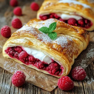 - 1 sheet of puff pastry, thawed - 1 cup fresh raspberries - 4 oz cream cheese, softened - Zest of 1 lemon - Additional toppings like powdered sugar - Rolling pin - Baking sheet - Mixing bowls These ingredients create a simple yet delightful dessert. Puff pastry is light and flaky, making it perfect for a Danish. Fresh raspberries offer a tart flavor that pairs well with sweet cream cheese. You can add lemon zest for a bright touch. Use a rolling pin to shape the pastry easily. A baking sheet is crucial for even baking. Mixing bowls help you combine ingredients smoothly. If you want to dive deeper into the recipe, check out the Full Recipe. It provides details on measurements and steps to create this delightful treat. Enjoy the process and have fun in the kitchen! First, you need to thaw the puff pastry. Leave it in the fridge for a few hours or on the counter for about 30 minutes. Once it's soft, roll it out on a lightly floured surface. Aim for a square that measures about 12 inches on each side. Then, cut it into four equal squares. Each square will hold the tasty filling. In a medium bowl, combine 1 cup of fresh raspberries with 1/4 cup of granulated sugar. Gently stir them together. Then, add 1 tablespoon of cornstarch and 1 teaspoon of vanilla extract. If you like, add the zest of 1 lemon for extra flavor. This mixture will create a sweet and tangy filling. Take one square of puff pastry and place it on a baking sheet. Spread about a tablespoon of the cream cheese mixture in the center. Leave about an inch around the edges. Next, spoon several raspberries on top of the cream cheese layer. To shape the pastry, fold the corners over the filling, forming a diamond shape. Make sure the edges are sealed well. Repeat this with the other squares. Before baking, preheat your oven to 400°F (200°C). Brush the tops of the pastries with an egg wash made from 1 beaten egg mixed with 1 tablespoon of milk. This gives them a golden color when baked. Place them in the oven for 15 to 20 minutes. Keep an eye on them. They should puff up and turn golden brown. Once done, take them out and let them cool for a few minutes before serving. Enjoy your Delightful Raspberry Danish! To make your Danish nice and puffy, you need to keep the pastry cold. Cold butter in the dough makes it flaky. Avoid pressing too hard when rolling it out. This keeps the layers intact. To avoid soggy bottoms, use parchment paper. This helps with airflow and prevents moisture from getting trapped. You can also bake on a preheated baking sheet. It gives the bottom a nice crisp. You can boost the flavor of your filling. Try adding a pinch of cinnamon or nutmeg. A few drops of almond extract can make it special. For serving, consider a scoop of vanilla ice cream. It pairs well with the tartness of the raspberries. Make your Danish look fancy by dusting it with powdered sugar. It adds a sweet touch and looks great. You can also add whole raspberries on top. A sprig of mint adds a nice pop of color. These little details impress your guests. {{image_2}} For a dairy-free Delightful Raspberry Danish, you can swap cream cheese for a vegan option. Use a vegan cream cheese made from nuts or soy. This keeps the texture creamy and rich. You can also try different fruit fillings. Instead of raspberries, use blueberries, strawberries, or peaches. Each fruit adds its own flavor and twist to the pastry. Do you want to mix things up? Add different berries to your filling! Blackberries and strawberries make great additions. You can even use a mix of berries for a burst of flavor. Another fun option is to incorporate chocolate or nuts. Adding chocolate chips gives a sweet touch. Chopped nuts like almonds or walnuts add a nice crunch. Both options will enhance your Danish experience! If you need a gluten-free Delightful Raspberry Danish, look for gluten-free puff pastry. Many brands offer this option now. It works just like the regular kind. You can also use alternative flours in your dough. Almond flour or oat flour can work well. Just remember to adjust the liquid since different flours absorb moisture differently. To keep your Delightful Raspberry Danish fresh, store it in an airtight container. This helps prevent drying out. Place parchment paper between layers to avoid sticking. Use a container that fits the pastries well. It will keep them safe without squashing them. You can freeze both raw and baked Danish. To freeze raw pastries, assemble them but do not bake. Place them on a baking sheet and freeze until firm. Then, transfer the pastries to a freezer bag. Seal tightly, removing as much air as possible. For baked Danish, let them cool completely first. Wrap each pastry in plastic wrap, then place them in a freezer bag. They can last up to three months in the freezer. To thaw, move the pastries to the fridge overnight. For reheating, place baked Danish in a preheated oven at 350°F (175°C) for about 10 minutes. This warms them up and keeps the pastry crisp. A Delightful Raspberry Danish is a sweet pastry made with puff pastry and fresh raspberries. It has a creamy filling of cream cheese and a hint of vanilla. This pastry is light, flaky, and packed with flavor. You can enjoy it as a dessert or a special treat any time of day. Yes, you can use frozen raspberries. They are convenient and save time. However, there are some pros and cons. Pros: - Frozen raspberries are often available year-round. - They save time since you don't need to wash or stem them. Cons: - Frozen raspberries can be mushy after thawing. - They may release extra juice, which can make the pastry soggy. If you use frozen raspberries, try to drain any excess juice before mixing them with the sugar and cornstarch. To reheat leftover pastries, use the oven for best results. Preheat the oven to 350°F (175°C). Place the pastries on a baking sheet. Heat for about 10-15 minutes until warm. You can also use a microwave, but the pastry may become soft. If you choose this method, heat for just 15-20 seconds at a time. Serve a Raspberry Danish warm for the best taste. You can dust it with powdered sugar for a pretty touch. Pair it with a scoop of vanilla ice cream or a dollop of whipped cream. Fresh mint leaves also add a nice color and flavor. For a lovely presentation, place the pastries on a nice platter. Add a few whole raspberries around them for extra charm. For the complete recipe with all ingredients and step-by-step guide, check out the [Full Recipe](#). In this blog post, we explored making a Delightful Raspberry Danish. We covered the main ingredients, tools needed, and step-by-step instructions. You learned how to prepare the puff pastry and make a fresh raspberry filling. We shared tips for perfecting your pastry and ways to enhance flavor. Don’t forget the variations for dairy-free and gluten-free options. Enjoy this easy treat fresh, or store it properly for later. This Danish is sure to impress any guest, or you can savor it yourself. Happy baking!