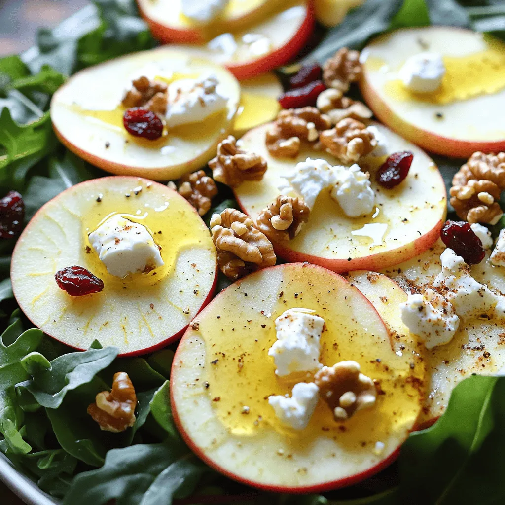 - Honeycrisp apples - Mixed salad greens - Feta cheese - Toasted walnuts - Dried cranberries - Olive oil - Apple cider vinegar - Honey - Salt and pepper This dish shines because of its fresh and vibrant ingredients. Honeycrisp apples are sweet and crisp, making them perfect for salads. I love using mixed salad greens like arugula, spinach, and kale for a nice variety of textures and tastes. Feta cheese adds a salty kick. I always prefer crumbled feta because it spreads its flavor well. Toasted walnuts give a nice crunch and nutty taste, while dried cranberries add a sweet touch. For the dressing, I mix olive oil and apple cider vinegar. Adding honey sweetens it just right. A dash of salt and pepper rounds out the flavor. - Large mixing bowl - Small whisk or fork - Measuring cups and spoons - Salad serving platter You will need a large mixing bowl to toss everything together. A small whisk or fork works well for making the dressing. You should also have measuring cups and spoons to get the amounts just right. Finally, a nice salad serving platter makes your dish look great when serving. For the full recipe, check out the [Full Recipe]. To start, grab a large bowl. This will hold your salad base. Next, add the mixed salad greens. I love using a mix of arugula, spinach, and kale. This blend adds flavor and color. For slicing the Honeycrisp apples, use a sharp knife. Cut the apples into thin slices. Aim for about a quarter-inch thickness. This size helps them mix well without getting mushy. I suggest slicing them right before you serve. This keeps them fresh and crisp. Now, let’s layer the ingredients. Place the thin apple slices on top of the greens. Make sure they spread evenly. This creates a beautiful look. Next, add crumbled feta cheese. Then, sprinkle on the toasted walnuts and dried cranberries. Each layer adds a nice touch of flavor and texture. Making the dressing is easy. In a small bowl, combine the olive oil, apple cider vinegar, honey, salt, and pepper. Use a whisk or fork for this. Whisk until everything blends well. You want a smooth dressing that coats the salad nicely. When you are ready to dress the salad, drizzle the dressing over it. Do this just before serving. This keeps the greens crisp. Toss gently to mix the salad. Be careful not to bruise the apple slices. For a nice touch, serve the salad in a large bowl or on individual plates. You can garnish it with extra apple slices and a sprinkle of feta. This adds elegance and invites everyone to dig in. Enjoy this refreshing dish! For the complete recipe, check out Full Recipe. To make your Honeycrisp apple feta salad even better, consider adding more toppings. Nuts like sliced almonds or pecans add crunch. Fresh herbs like basil or mint can brighten the taste. Feel free to toss in some sliced strawberries or blueberries for a sweet twist. When selecting ripe Honeycrisp apples, look for firm, unbruised fruit. The skin should be smooth with a vibrant color. If they smell sweet, they are likely ripe. Choose apples that feel heavy for their size. This often means they are juicy. Prepping your ingredients in advance saves time. Slice the apples and chop the nuts the day before. Store them in airtight containers to keep them fresh. You can mix the salad greens and feta cheese in a bowl ahead of time as well. If you are serving larger groups, make a big batch of the salad. Use a large bowl to mix everything together. Make extra dressing and keep it on the side. This way, guests can add their desired amount just before serving. {{image_2}} You can easily switch up the greens in this salad. If you want a different taste, try using baby kale or romaine. These options add crunch and flavor. You can also mix in some watercress for a peppery kick. When it comes to cheese, feta is a star. But you can use goat cheese or blue cheese if you want something bolder. Each cheese gives a unique twist to the salad. In fall, consider adding roasted sweet potatoes or sliced pears. They pair well with the Honeycrisp apples. In winter, add pomegranate seeds for a bright pop of color and flavor. They also bring extra nutrients to your dish. Fresh herbs like parsley or mint can lift this salad. They add a burst of freshness. Just sprinkle chopped herbs on top before serving for a nice touch. If you want a different taste, try using balsamic vinegar instead of apple cider vinegar. It gives a sweet and tangy flavor to the dressing. You can also mix in some Dijon mustard for a little heat. For a creamier dressing, blend Greek yogurt with the olive oil and vinegar. This will make your salad rich and smooth. Another great option is to add sour cream for a tangy twist. For the full recipe, check out the Honeycrisp Apple Feta Salad. It is a delightful dish to try! To keep your Honeycrisp Apple Feta Salad fresh, store it in an airtight container. This helps prevent wilting and keeps the flavors bright. If you have leftovers, try to eat them within two days for the best taste. For the dressing, store it separately. This way, the salad greens won’t get soggy. Use a small jar or container with a lid. The dressing stays fresh for up to a week in the fridge. You can prepare this salad in advance for busy days. Start by washing and cutting the apples and greens. Store them in separate containers. This keeps everything crisp and fresh until you are ready to eat. Portion the salad for quick meals. Use small containers for each serving. This makes it easy to grab and go. You can also layer the ingredients, with the apples on top to keep them from browning. Enjoy your salad anytime with this simple prep! Can I use different kinds of apples? Yes, you can use other apples. Try Fuji or Gala apples for a sweet flavor. Each type gives a unique taste and texture. Just make sure they are crisp and fresh. How long will the salad last in the fridge? This salad stays fresh for about two days in the fridge. Keep it in an airtight container. If you can, store dressing separately to keep apples crunchy. Is there a vegan option for this salad? Yes! You can replace feta cheese with a vegan cheese. Use nuts or seeds for added crunch. This keeps the salad tasty and plant-based. What are the calories per serving? Each serving has about 200 calories. This includes all the ingredients in the Full Recipe. It’s a light dish packed with nutrients. Can this salad be suitable for a low-carb diet? This salad has some carbs due to apples and dried cranberries. If you want lower carbs, skip the cranberries. You can add more nuts for healthy fats. How can I thicken the dressing? To thicken the dressing, add a little more honey. You can also mix in some Greek yogurt. This gives it a creamy texture and boosts flavor. What herbs pair well with apple and feta flavors? Fresh mint or basil works well with this salad. They add a bright flavor and nice aroma. You can sprinkle them on top for a refreshing touch. This blog post shared various ways to create a delicious Honeycrisp apple salad. We explored the ingredients, equipment, and step-by-step instructions for preparation and assembly. I also highlighted tips for enhancing flavor and how to store leftovers. Making this salad is simple and rewarding. You can enjoy it fresh, customize it, or prep it in advance. With a few easy steps, you can serve a vibrant, tasty dish. Enjoy your salad adventures!