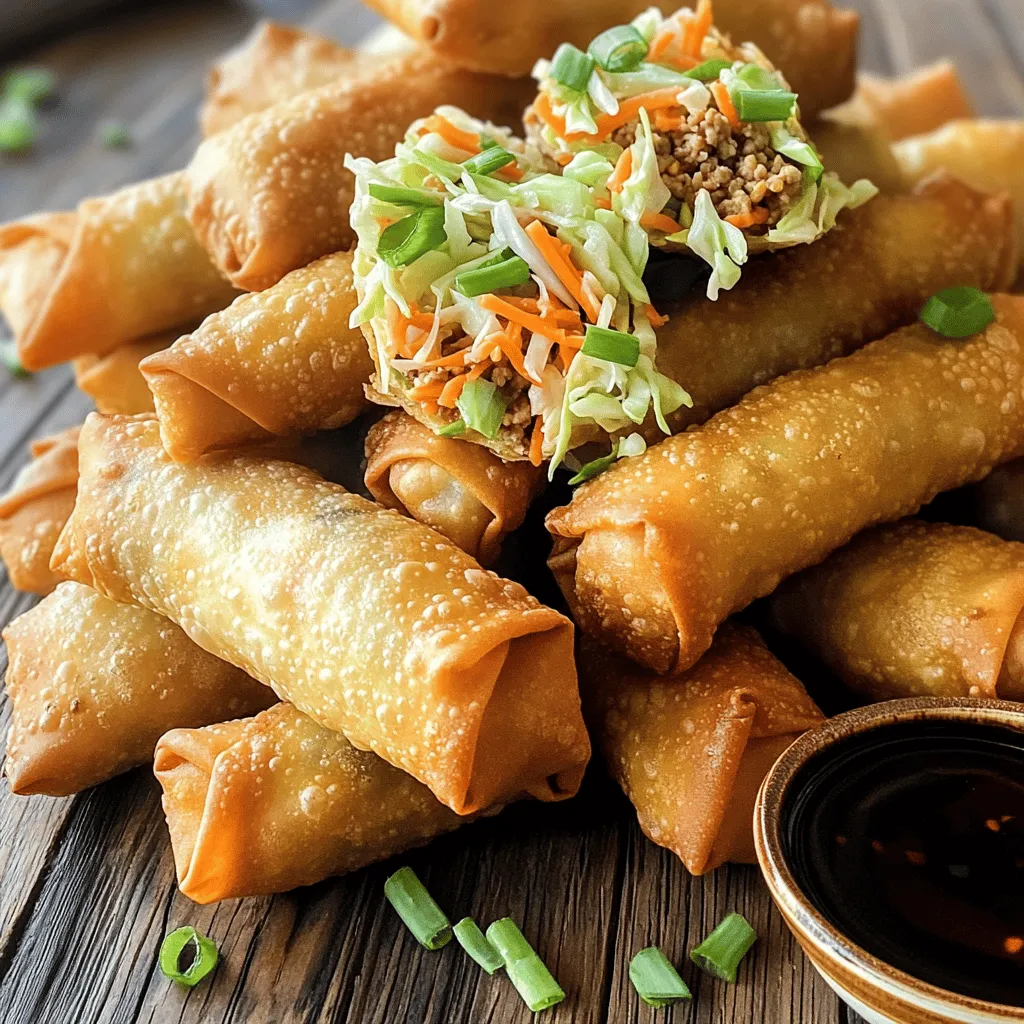 To make the best homemade egg rolls, gather these fresh and tasty ingredients: - 1 pound ground chicken or turkey - 2 cups coleslaw mix (cabbage and carrots) - 2 green onions, chopped - 2 cloves garlic, minced - 1 teaspoon fresh ginger, grated - 2 tablespoons soy sauce - 1 tablespoon sesame oil - 1 teaspoon salt - 1/2 teaspoon black pepper - 20 egg roll wrappers - Oil for frying These ingredients create a flavor-packed filling that makes your egg rolls so crispy and delicious. The ground protein gives a hearty base, while the coleslaw mix adds crunch. Fresh garlic and ginger bring warmth, and soy sauce adds depth. Don't skip the sesame oil; it enhances the taste. With the right ingredients, you can easily impress your family and friends. Just remember, quality matters. Fresh veggies and good protein make all the difference in your egg rolls. For the full recipe, check out the detailed instructions on how to bring these delightful treats to life! To make the filling, I start by sautéing the aromatics. I heat sesame oil in a large skillet over medium heat. Then, I add minced garlic and grated ginger. I cook them for about one minute until they smell great. Next, I add the ground chicken or turkey to the skillet. I cook it for 5 to 7 minutes until it turns brown. I break it apart with a wooden spoon. This helps it cook evenly. After the meat is cooked, I add the coleslaw mix and chopped green onions. I also stir in soy sauce, salt, and black pepper. I cook this mix for 2 to 3 minutes. The veggies should be soft but still crisp. I then remove the skillet from the heat and let the filling cool slightly. Now it’s time to assemble the egg rolls. I lay an egg roll wrapper on a clean surface with one corner facing me. I scoop about 2 tablespoons of the filling into the center of the wrapper. Next, I fold the bottom corner over the filling. I then fold the sides inward to keep the filling secure. Finally, I roll the egg roll tightly away from me. I seal the top corner with a bit of water. I repeat this with the remaining wrappers and filling. Frying the egg rolls is the best part! I heat oil in a deep pan or fryer to 350°F (175°C). Once hot, I carefully add a few egg rolls at a time. I fry them for about 3 to 4 minutes on each side. I want them golden brown and crispy. After frying, I remove the egg rolls and drain them on paper towels. This helps to get rid of excess oil. Now, they are ready to serve warm with my favorite dipping sauce. You can find the full recipe above to follow along! To make egg rolls crispy, start with the right oil. Use a good frying oil, like vegetable or peanut oil. Heat the oil to 350°F (175°C). This temperature helps the egg rolls cook quickly and get that golden crunch. If the oil is too cool, the rolls will soak up oil and become greasy. To avoid a soggy filling, make sure your vegetables are dry. You can pat them with a paper towel after washing. Also, do not overfill the egg rolls. About two tablespoons of filling is just right. If you pack them too tight, moisture builds up inside, making them soggy. To boost flavor, consider adding some extra seasonings. You can mix in a teaspoon of five-spice powder for a unique taste. A splash of rice vinegar gives a nice tang. If you like heat, add a few drops of sriracha or chili oil. Customizing the filling is easy. Try swapping ground chicken for shrimp or tofu. You can mix in different veggies like bell peppers or mushrooms for added crunch and flavor. Adding fresh herbs like cilantro or basil can also bring a fresh twist to your egg rolls. For the full recipe, check out the section above! {{image_2}} You can easily make egg rolls vegetarian or vegan. Start by substituting the protein. Use tofu or tempeh instead of chicken or turkey. Both options offer great texture and flavor. Next, think about the vegetables. You can use a mix of bell peppers, mushrooms, and bean sprouts. These add crunch and taste to your rolls. Try adding spinach or zucchini for extra nutrition. For an Asian-inspired flavor, add soy sauce, sesame oil, and hoisin sauce to your filling. These ingredients bring a rich taste that pairs well with the vegetables. You can also toss in some crushed red pepper for heat. If you like spicy and tangy versions, use sriracha in your filling or as a dip. Mix lime juice with your dipping sauce for a zesty kick. Consider adding pickled vegetables to your filling for extra tang. Explore these variations to make your egg rolls unique and exciting! Check out the Full Recipe for more ideas. To keep your uncooked egg rolls fresh, follow these steps. First, lay them flat on a baking sheet. Make sure they do not touch each other. Cover the sheet with plastic wrap. Place it in the freezer for a few hours until they freeze solid. Once frozen, transfer the egg rolls to a freezer bag. Squeeze out the air before sealing. You can keep them in the freezer for up to three months. If you want to refrigerate them, do this for one to two days. Just keep them wrapped tightly in plastic wrap. After cooking, let the egg rolls cool on a wire rack. This helps prevent sogginess. To store them, place them in an airtight container. You can keep cooked egg rolls in the fridge for up to three days. When reheating, use an oven or air fryer. Set the oven to 350°F (175°C) and heat for about 10-15 minutes. This keeps them crispy. If you use a microwave, they may turn soft. Always aim for crispy edges for the best taste. For more details, check the Full Recipe. Yes, you can make egg rolls ahead of time. Prepare the filling and wrap the egg rolls. Store them in the fridge for a day or freeze them for longer. If you freeze them, just remember to separate them with parchment paper. This way, they won’t stick together. When you're ready to fry them, cook them straight from the freezer. This keeps them fresh and tasty! The best dipping sauce for egg rolls is sweet and sour sauce. It adds a nice balance to the crispy roll. Soy sauce is also a popular choice. You can even mix them for a unique taste. If you like spice, try adding chili sauce or sriracha to your soy sauce. Experimenting with these sauces can make your egg rolls even more enjoyable! To reheat leftover egg rolls, use the oven. Preheat it to 350°F (175°C). Place the egg rolls on a baking sheet. Bake them for about 10 minutes until crispy. This method keeps the outside crunchy. You can also use an air fryer if you have one. Just heat them at 350°F for about 5 minutes. Both methods work great! - Can I bake instead of fry egg rolls? Yes, you can bake egg rolls instead of frying. Preheat your oven to 400°F (200°C). Brush the egg rolls with a little oil before baking. Place them on a baking sheet and bake for 20-25 minutes. Turn them halfway through for even crispiness. Baking is a healthier option, but they may not be as crispy as frying. - What are the best fillings for egg rolls? The best fillings for egg rolls include ground meat like chicken or turkey. You can also use shrimp or tofu for variety. Adding vegetables like cabbage, carrots, and green onions gives color and crunch. For a twist, try adding mushrooms, bean sprouts, or even cheese. Get creative with flavors to find your favorite mix! Check out the Full Recipe for more ideas. You now have all the tools to make delicious egg rolls. We covered the key ingredients, from proteins to veggies, to create a tasty filling. Following step-by-step instructions, you can assemble and fry these snacks to perfection. Don't forget to explore variations and learn storage tips to keep them fresh. Enjoy making these egg rolls your own by mixing flavors. With a little practice, you’ll impress everyone. Get started and have fun cooking!