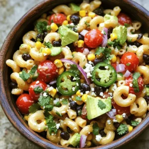 To make a tasty Mexican macaroni salad, you need some key ingredients: - 2 cups elbow macaroni - 1 cup cherry tomatoes, halved - 1 cup black beans, rinsed and drained - 1/2 cup corn, canned or frozen (thawed) - 1/2 red onion, finely chopped - 1 avocado, diced - 1/2 cup cilantro, chopped - 1 jalapeño, finely chopped (optional for heat) - 1/4 cup lime juice - 1/4 cup olive oil - 1 teaspoon cumin - Salt and pepper to taste - Cotija cheese for topping (optional) These ingredients create a mix of flavors and colors. The creamy avocado and crunchy vegetables make every bite fun. You can play with the recipe by adding these optional ingredients: - Bell peppers for sweetness - Fresh corn for extra crunch - Chopped green onions for a mild onion taste - Radishes for a peppery flavor - A splash of hot sauce for more heat These additions can change the taste and texture. Feel free to experiment! If you have dietary needs, there are easy swaps: - Use gluten-free pasta if you need it. - Replace black beans with chickpeas for a different protein. - Swap out lime juice for lemon juice if you prefer. - Use olive oil or avocado oil for a lighter dressing. These substitutions help you stick to your diet while still enjoying the salad. Remember, cooking is all about finding what works best for you! For the complete recipe, check out the Full Recipe. Start with a large pot of salted water. Bring it to a boil. Once boiling, add 2 cups of elbow macaroni. Cook according to the package instructions until the pasta is al dente. This usually takes about 8-10 minutes. Drain the macaroni in a colander and rinse it under cold water. This stops the cooking and cools it down quickly. While the macaroni cooks, chop your fresh ingredients. Slice 1 cup of cherry tomatoes in half. Rinse and drain 1 cup of black beans. If you use frozen corn, thaw 1/2 cup. Finely chop 1/2 red onion. Dice 1 avocado into small pieces. Chop 1/2 cup of cilantro. If you like heat, finely chop a jalapeño. Be careful with the seeds! In a large mixing bowl, combine all the cooked macaroni with your fresh ingredients. Add the tomatoes, beans, corn, onion, avocado, cilantro, and jalapeño. Next, make the dressing. In a small bowl, whisk together 1/4 cup lime juice, 1/4 cup olive oil, 1 teaspoon cumin, and salt and pepper to taste. Pour the dressing over the salad. Toss gently to mix everything well. You can serve it right away, topped with Cotija cheese, or chill it for 30 minutes for extra flavor. This recipe is truly a crowd-pleaser! For the full recipe, check out the details above. To add more flavor to your Mexican macaroni salad, try these tips. First, use fresh lime juice instead of bottled. Fresh juice brightens the taste. Next, add a pinch of smoked paprika for a nice kick. You can also toss in some diced red bell pepper for extra crunch and color. If you want more spice, consider adding more jalapeño. You can also include a dash of hot sauce for a zesty touch. Lastly, let the salad sit for a bit after mixing. This allows the flavors to blend and deepen. Texture is key in a great salad. Make sure not to overcook the elbow macaroni. Cook it just until al dente. This keeps it firm and prevents mushiness. Rinse the pasta with cold water after cooking. This halts the cooking and cools it down. For the veggies, chop them into small, even pieces. This helps them mix well with the pasta. The avocado should be just ripe. Too soft and it becomes mushy. A little crunch from the corn and beans balances the softness of the avocado. When serving your salad, presentation matters. Use a large bowl to show off the colorful ingredients. Garnish the top with crumbled Cotija cheese. This adds a creamy texture and salty flavor. You can also sprinkle extra cilantro on top for color. Serve it cold for the best taste. It’s great for picnics or barbecues. Pair it with grilled meats or as a side dish. For a fun twist, serve it in avocado halves. This makes for a beautiful and tasty dish. For the full recipe, check below! {{image_2}} You can easily make this salad more veggie-packed. Add bell peppers for crunch or zucchini for a fresh taste. Fresh corn off the cob is a great choice too. You can swap black beans with chickpeas or kidney beans. These options boost flavor and nutrition while keeping it vegetarian. Want some extra protein? Grilled chicken or shrimp fits in well. You can also use diced tofu for a plant-based option. If you love seafood, try adding canned tuna or salmon. These additions turn your salad into a filling meal. If you like heat, add more jalapeños or some diced serrano peppers. Sliced radishes can also add a nice kick. To make it zesty, sprinkle in some chili powder or hot sauce. These spicy twists will give your salad a fun twist and keep it lively. For a complete guide, check the Full Recipe. To keep your Mexican macaroni salad fresh, store it in an airtight container. If you make extra, let it cool down first. Then, place it in the fridge. This salad tastes great cold, so it’s perfect for leftovers. If you want to warm it up, do it gently. Use the microwave and heat in short bursts. Stir in between to make sure it heats evenly. You don't want mushy pasta! Add a splash of lime juice for a fresh taste after reheating. The salad stays good for about three days in the fridge. After that, check for any off smells or changes in texture. If it looks or smells funny, it’s best to toss it out. Enjoy it while it’s fresh for the best flavors! Mexican macaroni salad is a vibrant twist on classic pasta salad. It combines elbow macaroni with fresh veggies and beans. The flavors come from lime juice, cumin, and cilantro. You get a mix of creamy avocado, sweet corn, and juicy tomatoes in every bite. People love it for its colorful look and bold taste. This salad is perfect for barbecues, picnics, or family dinners. Yes, you can prepare Mexican macaroni salad ahead of time. Making it a few hours before serving helps the flavors blend well. Just store it in the fridge until you are ready to eat. If you want, add avocado just before serving to keep it fresh. This makes it easy for busy days or gatherings. You can easily customize this recipe to fit your taste. Add your favorite veggies like bell peppers or cucumbers for crunch. Want more protein? Toss in cooked chicken or shrimp. For spice lovers, add more jalapeño or a dash of hot sauce. You can even change the dressing by adding yogurt for creaminess. Check out the Full Recipe for more ideas and mix it up! In this post, we covered how to make Mexican macaroni salad, including key ingredients and steps. You learned how to enhance flavors and adjust for dietary needs. I shared tips for the best texture and serving ideas. Remember, you can customize this dish in many ways to fit your taste. Experiment with different ingredients and find your perfect mix. Enjoy making this fun and tasty dish!
