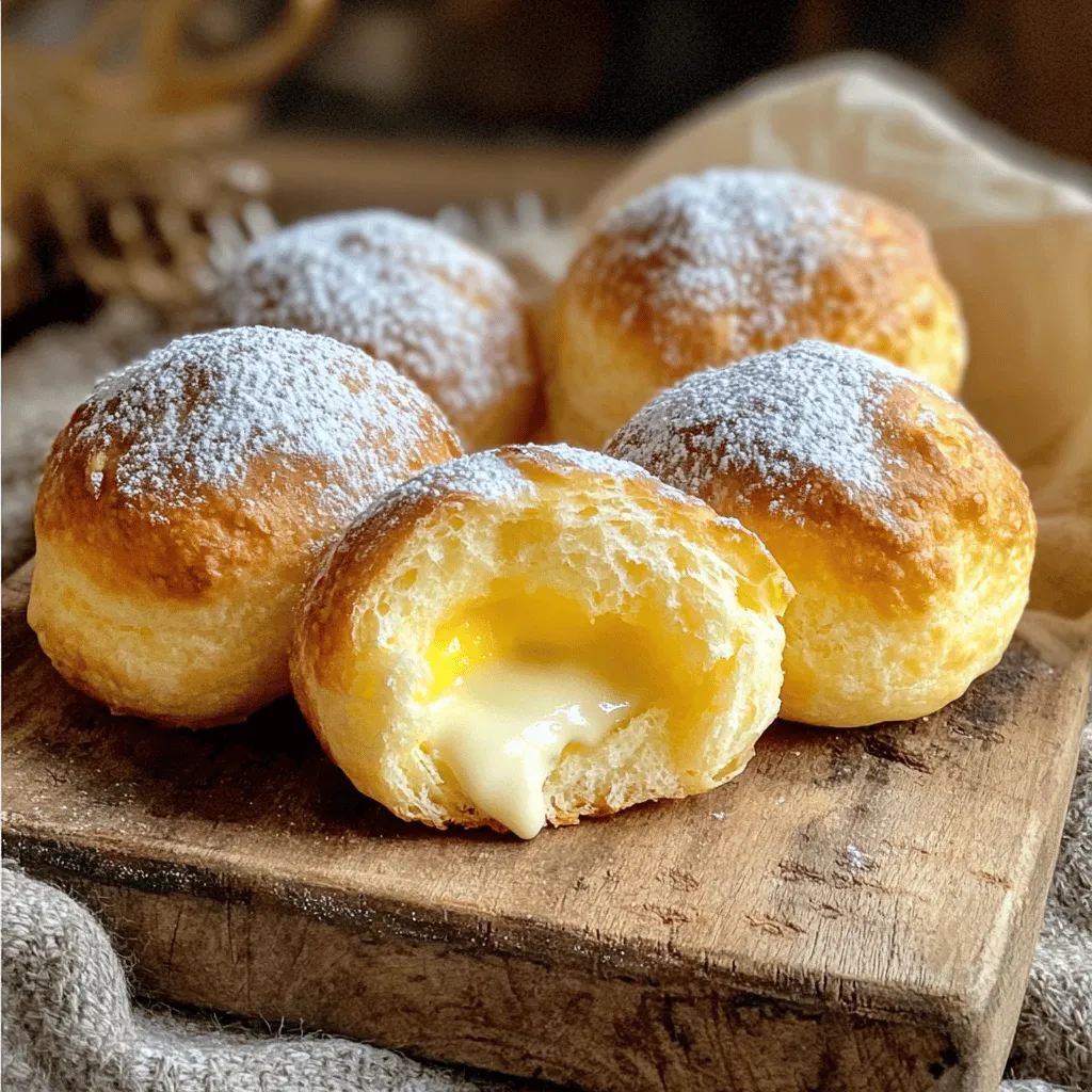 To make these delightful treats, you will need: - 2 cups all-purpose flour - 2 tablespoons granulated sugar - 1 teaspoon instant yeast - 1/2 teaspoon salt - 1/2 cup whole milk, warmed - 2 tablespoons unsalted butter, melted - 2 large egg yolks - 1 teaspoon vanilla extract - Vegetable oil, for frying - Powdered sugar, for dusting - For the custard filling: - 1 cup whole milk - 1/4 cup granulated sugar - 2 tablespoons cornstarch - 2 large egg yolks - 1 teaspoon vanilla extract Each ingredient plays a key role in the magic of bomboloni: - Flour gives structure. All-purpose flour works best. - Sugar adds sweetness and helps the dough rise. - Yeast makes the dough light and fluffy. - Salt enhances flavor and balances sweetness. - Milk brings moisture and richness to the dough. - Butter adds a nice buttery flavor and softens the dough. - Egg yolks provide color and richness. - Vanilla extract adds warmth and sweetness to the custard. - Vegetable oil is essential for frying, giving the bomboloni that crispy outside. - Powdered sugar makes for a lovely finish and adds sweetness. If you have special dietary needs, here are some swaps: - Gluten-free flour can replace all-purpose flour for a gluten-free option. - Dairy-free milk, like almond or oat milk, works instead of whole milk. - Coconut oil can replace unsalted butter for a dairy-free option. - Egg substitutes, such as flaxseed meal or applesauce, can replace egg yolks for a vegan version. - Natural sweeteners, like honey or maple syrup, can replace granulated sugar for a healthier choice. These swaps help you enjoy bomboloni no matter your diet! For the full recipe, check the steps in this article. 1. Start by mixing your flour, sugar, instant yeast, and salt in a bowl. This is the dry mix. 2. In another bowl, whisk together the warmed milk, melted butter, egg yolks, and vanilla. This is your wet mix. 3. Slowly mix the wet ingredients into the dry mix. Stir until a soft dough forms. 4. Knead the dough on a floured surface for about 5-7 minutes. You want it smooth and elastic. 5. Place the dough in a lightly greased bowl. Cover it with a cloth and let it rise in a warm area for about 1 hour. It should double in size. 6. While waiting, let’s make the custard filling. Heat the milk in a saucepan until it just boils. Then remove it from heat. 7. In a separate bowl, whisk together the sugar, cornstarch, and egg yolks. 8. Slowly pour the hot milk into the egg mixture while whisking. This keeps the eggs from cooking too fast. 9. Put the mixture back in the saucepan over medium-low heat. Stir constantly until it thickens, about 2-3 minutes. Add the vanilla and mix well. 10. Transfer the custard to a bowl. Cover it with plastic wrap and let it cool completely. 11. Once the dough has risen, punch it down. Roll it out to about 1-inch thick. Cut circles with a cookie cutter or glass. 12. Place the circles on a floured surface. Cover them and let them rise for another 30 minutes. 13. Heat vegetable oil in a deep pan to 350°F (175°C). Fry the bomboloni in batches until golden brown, about 2-3 minutes on each side. 14. Remove them from the oil and drain on paper towels. 15. After they cool, fill a piping bag with custard. Inject it into each bomboloni through a small slit. 16. Dust with powdered sugar before serving. - Knead the dough until it feels smooth. This helps develop gluten for a better texture. - If your kitchen is cool, try placing the dough in an oven with the light on. The warmth helps the dough rise faster. - Don’t rush the rising process. A slow rise makes the dough fluffier and tastier. - Start with whole milk for a rich flavor. It makes the custard creamy. - Use cornstarch to thicken the custard. It gives a nice, smooth texture. - Always whisk the egg yolks and sugar first. This helps to combine them well before adding hot milk. - Be careful when adding hot milk to the egg mix. Whisking constantly prevents the eggs from curdling. - Once the custard thickens, cool it completely before filling the bomboloni. This keeps the dough from getting soggy. For the full recipe, check the detailed instructions and get ready to enjoy these delightful treats! To get light and fluffy bomboloni, use these tips: - Use fresh yeast: Fresh yeast helps the dough rise well. - Warm milk: Warm milk activates the yeast for a better rise. - Knead well: Knead the dough until it feels smooth and elastic. This helps develop gluten. - Let it rise twice: Allow the dough to rise once, then again after shaping. This makes it airy. Avoid these common errors for the best results: - Overworking the dough: This can make bomboloni tough. Knead gently. - Skipping the first rise: Don’t rush! Letting it rise is key to fluffiness. - Too hot oil: Oil that is too hot can burn the outside while leaving the inside raw. Aim for 350°F (175°C). - Not cooling the custard: If the custard is warm, it can melt the dough. Always cool it completely before filling. Filling bomboloni with custard can be tricky: - Use a piping bag: A piping bag makes it easier to fill each bomboloni. - Make a small slit: Create a tiny slit in the bomboloni to insert the tip of the piping bag. - Fill gently: Squeeze the custard inside slowly until you feel it fill up. Stop before it bursts! - Dust with powdered sugar: Dusting right before serving adds a nice touch and keeps them looking fresh. For a full recipe, refer to the section above. Enjoy your cooking adventure! {{image_2}} You can make your Italian custard bomboloni even more fun with different flavors! Here are some tasty ideas: - Chocolate: Add cocoa powder or melted chocolate to the custard mix. - Lemon: Mix in lemon zest and a touch of juice for a zesty kick. - Coffee: Use strong brewed coffee or espresso for a rich flavor. - Nutella: Fill your bomboloni with creamy Nutella for a sweet twist. These flavor combinations add a new layer to your bomboloni. You can mix and match to find your favorite! Toppings can change the whole look and taste of your bomboloni. Here are some ideas: - Sprinkles: Add colorful sprinkles for a festive touch. - Coconut: Dust with shredded coconut for a tropical vibe. - Cinnamon Sugar: Mix cinnamon and sugar for a warm, cozy flavor. - Chocolate Glaze: Drizzle melted chocolate on top for a rich finish. These options let you play with flavors and textures. You can even combine them for a tasty surprise! Serving your bomboloni can be a fun experience! Here are some ways to enjoy them: - Coffee or Tea: Pair your bomboloni with a hot cup of coffee or tea. - Fruit Compote: Serve with a side of berry compote for tartness. - Ice Cream: Top with a scoop of vanilla ice cream for a dessert delight. - Fresh Berries: Add fresh strawberries or raspberries for a fruity touch. These ideas help you create a delightful dessert spread. Feel free to mix and match your favorites. For more detailed instructions, check the Full Recipe. To keep bomboloni fresh, place them in an airtight container. This stops moisture from getting in. You should store them at room temperature for up to two days. If you want them to last longer, put them in the fridge. They will stay good for about a week in the fridge. Just remember, the longer they sit, the less soft they become. Always dust them with powdered sugar just before serving. If you have leftover bomboloni, you can reheat them easily. Use a microwave for about 10-15 seconds. This warms them up well. If you want them crispy again, use an oven. Preheat it to 350°F (175°C). Place bomboloni on a baking sheet for about 5 minutes. They will taste fresh and soft. You can freeze bomboloni for later use. Wrap each one tightly in plastic wrap. Then, put them in a freezer-safe bag. They can stay in the freezer for up to three months. For the custard, store it in a separate container. It will freeze well too. Just make sure it is cool before you freeze it. When you want to eat them, thaw in the fridge overnight. Reheat as mentioned above for the best taste. For a detailed recipe, check out the Full Recipe above. Bomboloni comes from Italy. These sweet treats are popular in Tuscany. They are often filled with creamy custard or jam. Many people enjoy them during festivals. They are also great for breakfast or dessert. The name "bombolone" means "big bomb." This refers to their round shape. Each bite is soft and delicious, making them a favorite for many. Yes, you can make Bomboloni ahead! You can prepare the dough a day before. Let it rise, then shape it into circles. Cover and store in the fridge overnight. The next day, let them rise again before frying. If you want to make them fully, fry and fill them. Store filled Bomboloni in an airtight container. They will stay fresh for one day. To make the custard thicker, use more cornstarch. Adding an extra tablespoon will help. For a creamier filling, use heavy cream instead of milk. You can also cook it longer to thicken. Stir constantly to avoid lumps. Whisk well for a smooth texture. If you want more flavor, add a bit more vanilla extract. This will enhance the taste and make it richer. In this article, we covered how to make delicious Italian Bomboloni. We explored the key ingredients and their roles, shared a step-by-step recipe, and provided helpful tips. You learned about variations, storage tips, and common questions. Making Bomboloni is simple and fun. Whether you stick to classic custard or try new flavors, these treats will impress. Have fun experimenting in the kitchen and enjoy every fluffy bite.