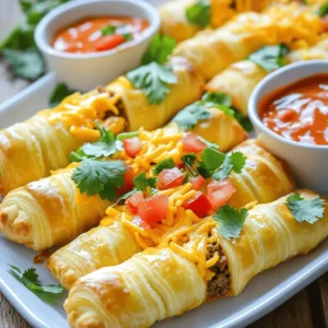 Here’s what you need to make Cheesy Taco Sticks. Each ingredient adds flavor and fun. - 1 package of crescent roll dough - 1 cup seasoned ground beef (cooked and drained) - 1 cup shredded cheddar cheese - 1/2 cup taco sauce - 1/4 cup diced tomatoes (fresh or canned) - 1/4 cup sliced black olives (optional) - 1 teaspoon taco seasoning - 1 egg (beaten, for egg wash) - Cooking spray - Fresh cilantro for garnish (optional) Each ingredient plays its part. The crescent roll dough offers a flaky base. The seasoned ground beef gives it that tasty taco flavor. Cheddar cheese melts perfectly and adds richness. Taco sauce ties all the ingredients together with a zesty kick. Tomatoes add freshness, while olives can add a savory note if you choose to include them. Don’t forget the egg wash! It gives the taco sticks a lovely golden color. Cooking spray helps prevent sticking, making clean-up easier. You can garnish with cilantro for a fresh finish. For the full recipe, check the section above. 1. Preheat your oven to 375°F (190°C). This ensures even baking. 2. Lightly grease a baking sheet with cooking spray. This helps prevent sticking. 3. In a mixing bowl, combine the seasoned ground beef, taco sauce, shredded cheddar cheese, diced tomatoes, and black olives. Mix well until all ingredients are integrated. This filling is key to great flavor. 1. Unroll the crescent roll dough onto a clean surface. Keep the triangles intact. Pinch the seams together to form a large rectangle. This step is important for holding the filling. 2. Cut the dough into strips, about 1 inch wide. Each strip should hold a good amount of filling. 3. Place a tablespoon of the taco filling mixture at one end of each strip of dough. 4. Fold the other end over the filling, pinching the edges to seal tightly. Make sure there are no gaps. 1. Arrange the stuffed taco sticks on the prepared baking sheet. Make sure they are spaced apart for even baking. 2. Brush the tops of each taco stick with the beaten egg. This gives them a nice golden color when baked. 3. Bake in the preheated oven for 12-15 minutes. Look for the dough to puff and turn golden brown. 4. Once cooked, allow them to cool for a few minutes before serving. You can garnish with fresh cilantro if you like. For the complete cooking directions, refer to the Full Recipe. To make your Cheesy Taco Sticks perfect, seal the dough tightly. A good seal keeps the filling from leaking out during baking. If the dough isn't sealed well, it can lead to a messy outcome. Also, watch your baking time. Bake until the dough is golden brown and puffed. Overbaking can make them tough, so keep an eye on them. One common mistake is overfilling the dough strips. Too much filling can cause the dough to burst open. Use just enough filling to create a nice flavor without making a mess. Another mistake is not preheating the oven. Always preheat to the right temperature before baking. This step ensures that the dough cooks evenly. Presentation matters! Serve your Cheesy Taco Sticks on a colorful platter. Add a small bowl of taco sauce for dipping. You can also sprinkle fresh cilantro on top for a pop of color. For drinks, consider pairing them with a cool soda or a light beer. These ideas make your snack time fun and tasty. {{image_2}} You can easily change up the filling for your Cheesy Taco Sticks. If you want a vegetarian option instead of ground beef, try using black beans or lentils. These alternatives give a great texture and flavor. For cheese, don't feel stuck with cheddar. You can use pepper jack for more spice or mozzarella for a milder taste. Each cheese brings a unique twist to the flavor. To spice up the filling, add some diced onions or bell peppers. These ingredients add crunch and freshness. You can also mix in some taco seasoning for an extra kick. If you like heat, include jalapeños or diced green chilies. They can elevate the taste and bring in the heat you crave. If you have an air fryer, you can make these Cheesy Taco Sticks faster. Preheat your air fryer to 375°F (190°C). Then, cook the sticks for about 8-10 minutes. Keep an eye on them to avoid burning. For gluten-free options, look for gluten-free crescent roll dough. Make sure all your ingredients, like cheese and taco sauce, are gluten-free. This way, everyone can enjoy these tasty treats! To keep your Cheesy Taco Sticks fresh, store them in an airtight container. This helps prevent them from drying out. They stay good in the fridge for about 3 to 4 days. If you have leftover taco sticks, let them cool first. Then, place them in the fridge. Avoid stacking them to keep them from getting soggy. For the best taste, reheat your Cheesy Taco Sticks in the oven. Preheat your oven to 350°F (175°C). Place the sticks on a baking sheet. Heat them for about 10 minutes. This keeps them crispy. You can also use the microwave, but they won’t be as crisp. If you choose the microwave, heat for about 30 seconds. Check if they’re warm enough and add more time if needed. Yes, you can freeze Cheesy Taco Sticks! First, let them cool completely. Then, wrap each stick in plastic wrap or foil. Place them in a freezer bag. They can last up to 2 months in the freezer. When you're ready to eat them, take out how many you want. Thaw them overnight in the fridge. You can then reheat them in the oven for the best taste. Cheesy Taco Sticks are fun snacks made with crescent roll dough. They are filled with seasoned ground beef, cheese, and taco flavors. You roll the dough around the filling and bake it until golden. Each bite is cheesy, savory, and bursting with flavor. Cooked Cheesy Taco Sticks can last in the fridge for about three to four days. Uncooked sticks can stay fresh for up to two days if stored properly. Keep them in an airtight container to maintain their taste and texture. Yes, you can prepare Cheesy Taco Sticks in advance. You can make the filling and fill the dough ahead of time. Just store them in the fridge until you’re ready to bake. This way, you can enjoy fresh snacks without the wait. These tasty sticks pair well with various dips and sides. Try serving them with salsa, guacamole, or sour cream for extra flavor. You can also add a side salad or some crunchy veggies to balance the meal. You can find the full recipe and detailed instructions in the Full Recipe section. It will guide you step-by-step to create these tasty Cheesy Taco Sticks. You learned how to make delicious Cheesy Taco Sticks with a few simple steps. Start with easy ingredients like crescent dough and seasoned beef. Follow the step-by-step guide to mix, fill, and bake. Avoid mistakes to ensure the best taste. Explore variations to make this dish your own. These tasty sticks are fun to serve and pair well with dips. Enjoy your cooking adventure! Keep experimenting to discover new favorites.