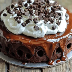 To make the Death By Chocolate Poke Cake, you need the following ingredients: - 1 box chocolate cake mix - 1 cup brewed coffee (cooled) - 3 large eggs - 1/2 cup vegetable oil - 1 can (14 oz) sweetened condensed milk - 1 cup chocolate fudge sauce (jarred or homemade) - 1 cup heavy whipping cream - 1/2 cup powdered sugar - 1 teaspoon vanilla extract - Chocolate shavings or chocolate chips for garnish - Chocolate Cake Mix: This is the base of your cake. It gives the cake its rich chocolate flavor. - Brewed Coffee: Adding coffee enhances the chocolate taste. It deepens the flavor without making the cake taste like coffee. - Sweetened Condensed Milk: This adds sweetness and moisture. It helps create that signature poke cake texture. - Chocolate Fudge Sauce: Use jarred or homemade. This adds rich, gooey chocolate to the cake. - Heavy Whipping Cream: Whipping cream becomes fluffy and light. It creates a perfect topping that balances the cake's richness. - Chocolate Shavings: These add a nice visual touch and extra chocolate flavor. - Chocolate Chips: Sprinkle these on top for added texture. They also melt slightly into the whipped cream. - Drizzled Fudge Sauce: A drizzle of fudge around the plate makes for an elegant presentation. - Fresh Berries: Add strawberries or raspberries for a fruity contrast that brightens the dish. For the complete recipe, check out the full recipe section. Enjoy making this delightful dessert! Start by gathering all your ingredients. You need a box of chocolate cake mix, brewed coffee, eggs, vegetable oil, sweetened condensed milk, chocolate fudge sauce, heavy whipping cream, powdered sugar, and vanilla extract. Don’t forget chocolate shavings or chips for garnish. Preheat your oven to 350°F (175°C). Grease and flour a 9x13 inch baking pan. In a large bowl, mix the chocolate cake mix, cooled coffee, eggs, and vegetable oil. Use an electric mixer on medium speed for 2 minutes. This helps blend everything well. Pour the batter into your prepared pan and smooth the top. Bake for 30-35 minutes. To check if it’s done, insert a toothpick in the center. If it comes out clean, it's ready. Once baked, let it cool for 10 minutes in the pan. After cooling, poke holes all over the cake with the end of a wooden spoon or fork. Be generous with the holes to let the sauce soak in. In another bowl, mix sweetened condensed milk with chocolate fudge sauce. Pour this mixture evenly over the warm cake, filling all the holes. Let the cake cool completely on a wire rack. While it cools, whip the heavy cream with powdered sugar and vanilla until soft peaks form. Spread this whipped cream over the cooled cake. Finally, sprinkle chocolate shavings or chips on top for a touch of elegance. Refrigerate for at least 1-2 hours to let the flavors mix before serving. For more details, check the Full Recipe. To make your cake super moist, use brewed coffee instead of water. The coffee adds depth and richness. Also, be sure to poke plenty of holes in the cake. This helps the sweetened condensed milk soak in well. Let the cake cool completely before adding the toppings. This keeps everything from melting together too fast. When serving, cut the cake into squares and plate them nicely. You can drizzle extra chocolate fudge sauce over each piece. This adds a nice touch. Top with whipped cream and a sprinkle of chocolate shavings. This makes each bite even more delightful. Serve with a scoop of vanilla ice cream for an extra treat! One common mistake is not letting the cake cool enough before adding the sauce. If the cake is too warm, the sauce will run off. Another mistake is not poking enough holes in the cake. If you don’t poke enough, the sauce won’t soak in well. Lastly, make sure to whip the cream until soft peaks form. This makes it light and fluffy. For the full recipe, check out the complete instructions. {{image_2}} You can mix things up with many flavors for this cake. Try adding peppermint extract for a festive touch. Just a teaspoon will do. For a rich twist, use Nutella instead of chocolate fudge. Spread it over the cooled cake after pouring the milk mixture. You can also experiment with caramel sauce instead of fudge. Each option gives a new taste to the classic dessert. If you want to make this cake gluten-free, use a gluten-free chocolate cake mix. Most brands work well in this recipe. For a vegan version, swap eggs with flax eggs and use almond milk. Replace the heavy cream with coconut cream for the topping. These changes keep the cake delicious while meeting dietary needs. Toppings can change everything about this cake. Instead of whipped cream, try a layer of chocolate mousse. You can also add fresh berries for a fruity touch. Mix in crushed cookies or nuts in the whipped cream for extra texture. Drizzle with caramel or white chocolate sauce for added flair. Each topping adds its own unique flavor and style to your Death By Chocolate Poke Cake. To keep your Death By Chocolate Poke Cake fresh, store it in the fridge. Wrap it tightly with plastic wrap or use an airtight container. This helps prevent the cake from drying out or absorbing other smells from the fridge. Enjoying it within three days gives you the best taste and texture. If you want to save some cake for later, freezing is a great option. First, let the cake cool completely after making it. Cut it into slices for easy thawing. Wrap each slice in plastic wrap, then place them in a freezer bag. Label the bag with the date. You can freeze it for up to three months. When you're ready to eat your frozen cake, take it out of the freezer. Unwrap the slices and place them on a plate. Let them thaw in the fridge overnight. If you want to warm them up, use the microwave. Heat them for about 15 to 20 seconds. This makes the chocolate fudge sauce gooey again. Enjoy the rich flavor of your cake! Yes, you can use other flavors of cake mix. Vanilla, red velvet, or even lemon can work. Each flavor gives a unique twist to the cake. However, chocolate works best for the classic Death By Chocolate Poke Cake. It pairs well with the rich chocolate fudge sauce and sweetened condensed milk. You can store the cake in the fridge for up to five days. Make sure to cover it well with plastic wrap or foil. This keeps the cake moist and fresh. The chocolate flavors will meld and deepen over time, making each bite even better. If you need a substitute for sweetened condensed milk, try using evaporated milk with added sugar. Mix one cup of evaporated milk with 1 1/4 cups of sugar. You can also use coconut milk for a dairy-free option. Just make sure to adjust the sweetness to your taste. We covered all parts of making a delicious cake. You learned key ingredients, step-by-step instructions, and helpful tips. I shared tasty variations and smart storage methods, too. Remember, making this cake can be fun and rewarding. Avoid common mistakes, and your cake will shine. Enjoy your baking, and share the joy with friends and family!