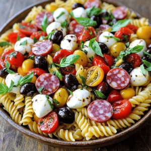 Here’s what you need for a great Easy Italian Antipasto Pasta Salad. This list has everything to make your dish burst with flavor. - 8 ounces rotini or fusilli pasta - 1 cup cherry tomatoes, halved - 1 cup mozzarella balls (bocconcini) - 1 cup salami, sliced into strips - 1/2 cup black olives, pitted and sliced - 1/2 cup roasted red peppers, chopped - 1/4 cup red onion, finely chopped - 1/4 cup fresh basil, chopped - 1/4 cup olive oil - 2 tablespoons balsamic vinegar - 1 teaspoon Italian seasoning - Salt and pepper to taste You can swap ingredients if you like. For example, use penne instead of rotini. You can also try different cheeses like feta or provolone. If you want a lighter option, use turkey or chicken instead of salami. You can even add more veggies, like cucumbers or artichokes. This recipe is flexible to fit your taste. Enjoy making this salad with your favorite ingredients! For the full recipe, check out the Easy Italian Antipasto Pasta Salad. Start by cooking the pasta. Use rotini or fusilli, as they hold sauce well. Cook until al dente. This means the pasta should be firm but not hard. If you overcook it, the pasta will get mushy. Once done, drain the pasta. Rinse it under cold water. This cooling process stops cooking and keeps the pasta fresh. In a large bowl, combine the cooled pasta with the antipasto elements. Add cherry tomatoes, mozzarella balls, salami, black olives, roasted red peppers, red onion, and fresh basil. Mix gently. Avoid smashing the ingredients. You want each flavor to shine. Toss until everything is evenly distributed. For the dressing, you need olive oil, balsamic vinegar, Italian seasoning, salt, and pepper. Whisk them together in a small bowl until smooth. The dressing should balance tang and richness. Taste it. If needed, adjust the salt and vinegar. Pour the dressing over the pasta and vegetable mixture. Mix it all well. Let the pasta salad sit in the fridge for at least 30 minutes. This allows the flavors to blend perfectly. You can find the full recipe above for all the details! You can change your pasta salad to fit your taste. Here are some ideas: - Additional ingredients: Add artichoke hearts, pepperoncini, or roasted zucchini. You can also try different cheeses like feta or goat cheese. - Dietary modifications: For a vegan version, skip the cheese and salami. Use chickpeas or tofu for protein. If you need gluten-free, choose gluten-free pasta. This salad fits many occasions. Here are some ideas for serving: - Best occasions: Serve it at picnics, barbecues, or family gatherings. It’s great for potlucks or as a side dish for dinner. - Pairing ideas: Pair it with grilled chicken, garlic bread, or a light soup. It also works well with a fresh green salad. Marinating your salad brings out the best flavors. Here’s how to do it: - Marinating time: Let your salad sit for at least 30 minutes. This helps the ingredients blend well. For even more flavor, you can marinate for a few hours. - Adjusting acidity and seasoning: Taste your salad before serving. If it needs more zing, add extra balsamic vinegar or a squeeze of lemon. Season with salt and pepper to balance the flavors. {{image_2}} You can change up the ingredients to give a Mediterranean flair. Use artichoke hearts, feta cheese, and sun-dried tomatoes. These flavors bring a bright taste to your salad. You can also add capers for a salty punch. Swap out the salami for prosciutto, which adds a nice texture. This twist makes the dish feel fresh and vibrant, perfect for summer. Adding more vegetables can make your pasta salad even better. You can toss in bell peppers, cucumbers, or zucchini. These veggies add crunch and color. Try adding spinach or arugula for a healthy touch. More vegetables can balance out the rich flavors, making each bite exciting. Plus, they make the salad look beautiful! Want to make your salad heartier? Add grilled chicken or chickpeas for protein. Grilled chicken adds a smoky flavor, while chickpeas offer a nice, nutty taste. Both options make your salad filling and satisfying. You can also use shrimp if you prefer seafood. Protein-packed salads are great for lunch or dinner. They keep you full and energized! For the complete recipe, check out the Full Recipe section. To keep your Easy Italian Antipasto Pasta Salad fresh, store it in the fridge. Use an airtight container to prevent any odors from mixing. Glass containers work well because they don’t stain. You can also use plastic containers, but ensure they close tightly. Always let the dish cool before sealing it. This helps avoid condensation, which can make the salad soggy. When stored properly, your pasta salad lasts about 3 to 5 days in the refrigerator. Check for signs of spoilage, like a sour smell or mold. If you see any changes in color or texture, it's best to toss it. Always trust your senses; if it looks or smells off, don't eat it. Yes, you can freeze the pasta salad, but it may change the texture. To freeze, place it in a freezer-safe container. Leave some space at the top, as it will expand. When you want to eat it, thaw it in the fridge overnight. For best results, enjoy it fresh. The flavors may not be as bright after freezing. You can find the full recipe for more details on how to prepare it. To make an Italian antipasto pasta salad, start by cooking 8 ounces of rotini or fusilli pasta. Cook it until it is al dente, then drain and rinse it under cold water. This cools the pasta down and stops the cooking. Next, gather your ingredients. You will need cherry tomatoes, mozzarella balls, salami, black olives, roasted red peppers, red onion, and fresh basil. In a large bowl, mix the cooled pasta with these ingredients. For the dressing, whisk together olive oil, balsamic vinegar, Italian seasoning, salt, and pepper in a small bowl. Pour this dressing over the pasta salad and gently toss everything. Let the salad sit in the fridge for at least 30 minutes. This helps the flavors blend. You can find the full recipe for detailed steps. For extra flavor, you can add a few items to your salad. Consider adding: - Artichoke hearts for a tangy bite. - Capers for a salty kick. - Fresh herbs like parsley or oregano for freshness. - Pepperoncini for some heat. - Grilled vegetables for a smoky flavor. These additions can really enhance the taste and make your salad unique. Yes, you can eat antipasto pasta salad the next day. Store it in an airtight container in the fridge. It stays fresh for about 3 days. The flavors may even taste better as they meld overnight. Just give it a good stir before serving. If it seems dry, add a splash of olive oil or vinegar to refresh it. Enjoy your delicious pasta salad! In this post, we explored how to make a delicious antipasto pasta salad. I gave you a clear list of ingredients and even some swaps. We discussed cooking pasta perfectly and mixing it right. Tips helped customize your salad for any diet or occasion. I also shared ways to store and enhance flavor. Remember, this salad is flexible and fun. Enjoy creating your own version!