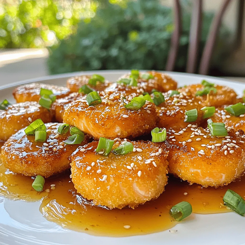 - 1 pound salmon fillet, skin removed and cut into bite-sized pieces - 1/3 cup honey - 1/4 cup soy sauce (or tamari for gluten-free) - 2 cloves garlic, minced - 1 teaspoon ginger, grated - 1 tablespoon cornstarch - 1/2 teaspoon black pepper - 1/4 teaspoon chili flakes (optional for heat) - 2 tablespoons sesame oil or cooking oil of choice - 1 tablespoon chopped green onions (for garnish) - Sesame seeds (for garnish) When you make crispy honey garlic salmon bites, the right ingredients matter. Start with fresh salmon. It gives great flavor. Honey adds sweetness, while soy sauce gives a salty touch. Garlic and ginger provide a nice kick. Cornstarch helps the bites get crispy. You may want to add chili flakes for heat. For extra flavor, sesame oil is a great choice. Green onions and sesame seeds make it pretty, too. You can find the full recipe online. This dish is simple yet tasty, perfect for snacks or parties. Start by whisking together these simple ingredients: - 1/3 cup honey - 1/4 cup soy sauce - 2 cloves garlic, minced - 1 teaspoon ginger, grated - 1/2 teaspoon black pepper - Optional: 1/4 teaspoon chili flakes for some heat Mix them well in a medium bowl. The honey gives a sweet touch, while the soy sauce adds saltiness. Garlic and ginger bring depth to the flavor. This marinade will soak into the salmon and make it taste amazing. Next, add your salmon pieces to the bowl. Use about 1 pound of salmon fillet, cut into bite-sized pieces. Gently stir the salmon to coat it fully in the marinade. Cover the bowl and place it in the fridge. Let it marinate for at least 20 minutes. This time helps the salmon absorb all those lovely flavors. Now, it’s time to cook! First, take the salmon out of the marinade and set it aside. Keep the marinade for later. Toss the salmon pieces with 1 tablespoon of cornstarch in a separate bowl. This step is key for achieving that crispy texture you want. In a large skillet, heat 2 tablespoons of sesame oil over medium-high heat. Once the oil is hot, carefully add the salmon bites in a single layer. Don’t overcrowd the pan; this helps them cook evenly. Fry the salmon for about 3-4 minutes on each side. Look for a golden brown color and a crispy exterior. You might need to cook them in batches. After cooking, remove the salmon bites and place them on a plate lined with paper towels. This will help soak up any extra oil. In the same skillet, pour in the reserved marinade. Bring it to a boil and let it cook for about 2-3 minutes until it thickens. Drizzle this thickened sauce over your crispy salmon bites. For a finishing touch, garnish with chopped green onions and sesame seeds. For the full recipe, check out the details above! To get that great crunch, cornstarch is key. It creates a light coating that crisps up nicely. Make sure your oil is hot enough before adding the salmon. If the oil is too cool, the salmon will not crisp up. Heat the oil on medium-high heat until it shimmers. This step ensures your bites turn out golden brown and crispy. Marinating the salmon is essential for flavor. Aim for at least 20 minutes in the fridge. The longer you marinate, the deeper the flavor gets. You can even marinate for up to an hour if you want a richer taste. Just don’t go too long, or the fish can become mushy. Gently toss the salmon in the marinade to coat it evenly. These salmon bites are tasty on their own but pair well with many sides. Try serving them with rice or a fresh salad. You can also place them on skewers for fun finger food. To make it pretty, drizzle the thickened sauce over the bites and sprinkle with green onions and sesame seeds. This adds color and a nice touch for your guests. For the full recipe, check out the details above! {{image_2}} You can switch out salmon for chicken or tofu. Chicken bites will give you a different texture. Cut chicken into small pieces, just like the salmon. Marinate it the same way. For tofu, choose firm tofu. Press it to remove extra water, then cut it into cubes. The marinade will soak in, adding great flavor. You can mix it up with sweet and spicy flavors. Add more chili flakes for heat or a splash of hot sauce. If you love citrus, try adding lemon or lime juice. This will brighten the dish and add a fresh twist. These options keep things exciting and fun. You can bake the salmon bites for a healthier dish. Preheat your oven to 425°F (220°C). Line a baking sheet with parchment paper. Place the coated salmon bites on the sheet and bake for 12-15 minutes. This method still gives you a nice crisp. Plus, it cuts down on the oil. It’s an easy way to enjoy this dish without frying. For the full recipe, check the link above! To keep your crispy honey garlic salmon bites fresh, store them in an airtight container. Place a paper towel at the bottom to absorb moisture. This way, they stay crispy longer. Make sure to refrigerate them within two hours of cooking. They can last up to three days in the fridge. To reheat your salmon bites without losing crispiness, use the oven. Preheat it to 350°F (175°C). Place the salmon on a baking sheet lined with parchment paper. Heat for about 10 minutes, or until they’re warm. You can also use an air fryer. This method helps regain that crispy texture. Avoid using a microwave, as it can make them soggy. If you want to freeze the salmon bites, first let them cool completely. Then, arrange them in a single layer on a baking sheet. Freeze for about an hour until firm. After that, transfer them to a freezer-safe bag. They can last up to three months in the freezer. To thaw, place them in the fridge overnight before reheating. Yes, you can use frozen salmon for this recipe. Just make sure to thaw it first. Place the frozen salmon in the fridge overnight or run it under cold water for quick thawing. Fresh salmon has a better texture and flavor, but frozen works well too. When using frozen salmon, check for any ice crystals. Pat the fish dry before marinating. This will help the marinade stick better. To prevent sticking, use a non-stick skillet. Heat the oil well before adding the salmon. Make sure the salmon pieces are dry and coated with cornstarch. This layer helps create a barrier between the fish and the pan. Avoid overcrowding the pan, as this can lower the heat and cause sticking. Cook in batches if needed. Flip the salmon only after a good crust forms; this helps it release easily. Crispy honey garlic salmon bites pair well with many sides. Consider serving them with steamed rice or quinoa for a filling meal. Fresh veggies, like a simple salad or roasted broccoli, add color and nutrition. You can also try dipping sauces like sweet chili sauce or soy sauce for extra flavor. For a fun twist, serve them as a topping on lettuce wraps for a light snack. This blog post covered how to make crispy honey garlic salmon bites. We explored main and optional ingredients, step-by-step cooking instructions, and tips for the perfect outcome. Remember to marinate your salmon well and use cornstarch for crunch. You can also try alternatives like chicken or tofu. Leftovers can be stored and reheated easily. Enjoy experimenting with different flavors and serving ideas. With these tips, you’ll impress everyone with your cooking skills and enjoy delicious meals. Happy cooking!