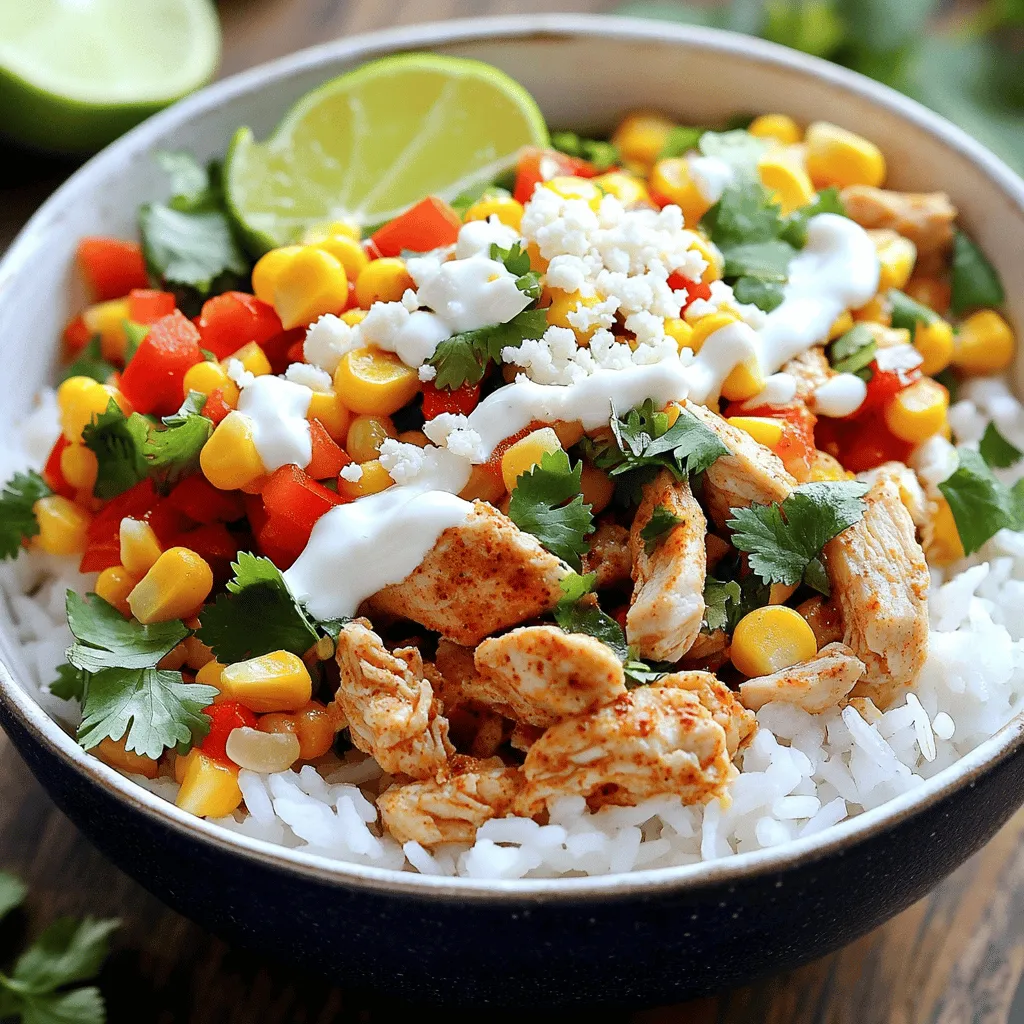 To make this tasty Street Corn Chicken Rice Bowl, gather these ingredients: - 2 cups cooked rice (white or brown) - 1 lb chicken breast, diced - 1 can corn (15 oz), drained - 1 red bell pepper, diced - 1/4 cup cilantro, chopped - 1/4 cup cotija cheese, crumbled (or feta) - 2 tablespoons mayonnaise - 1 tablespoon sour cream - 1 tablespoon lime juice - 1 teaspoon chili powder - 1 teaspoon cumin - Olive oil - Salt and pepper to taste - Extra lime wedges for serving This bowl is not only delicious but also packed with nutrients. Each serving contains: - Calories: About 500 - Protein: 30g - Carbohydrates: 60g - Fat: 15g - Fiber: 5g These nutrients help you feel full and satisfied. You can change some ingredients if needed. Here are some ideas: - Use quinoa instead of rice for a different grain. - Swap chicken for shrimp or tofu for a new protein. - Use feta cheese if you can't find cotija. - Replace lime juice with lemon juice for a twist. These swaps keep the dish fresh and exciting! For the full recipe, check out the detailed instructions. To start, heat 2 tablespoons of olive oil in a skillet over medium heat. Take your diced chicken breast and season it with salt, pepper, chili powder, and cumin. This adds great flavor. Add the chicken to the skillet and cook it for about 7-10 minutes. You want the chicken to be browned and cooked through. Once done, remove it from the heat and set it aside. In a separate bowl, you’ll mix the corn with some fresh ingredients. Take one can of drained corn and add the diced red bell pepper and chopped cilantro. Then, crumble in 1/4 cup of cotija cheese or feta for creaminess. Add 2 tablespoons of mayonnaise, 1 tablespoon of sour cream, and 1 tablespoon of lime juice. Season this with a pinch of salt and pepper. Mix everything well. This mixture brings the street corn flavor to your bowl. Now for the fun part! Grab your bowls and start with a base of 2 cups of cooked rice. Top it with the cooked chicken. Then, add the corn mixture on top. For a finishing touch, sprinkle some extra cilantro and add lime wedges on the side. When you’re ready to eat, squeeze the lime over everything. This adds a fresh kick! You can find the full recipe [here](#). Start with a hot skillet. Use medium heat for cooking the chicken. This helps it brown well. Cut the chicken into small pieces for even cooking. Season the chicken before adding it to the pan. This keeps the flavors strong. Stir the chicken often to prevent it from sticking. When preparing the corn mixture, chop the veggies small for better bites. Mix everything in a bowl until well combined. This makes sure every bite is tasty. To boost flavor, use fresh lime juice. It adds brightness to the dish. Try adding more spices if you like heat. A bit of cayenne pepper can spice things up. Cotija cheese gives a nice salty touch. If you prefer, feta cheese works well too. Don’t forget the cilantro! It adds freshness and depth. Drizzle some extra mayo or sour cream on top for creaminess. Serve the rice bowl warm. Add extra lime wedges on the side. This way, everyone can squeeze more juice as they like. For a fun twist, serve with tortilla chips for crunch. Pair this dish with a light salad or grilled veggies. You can also add avocado slices for richness. For a drink, try a refreshing iced tea or lemonade. For the complete recipe, check out the Full Recipe. {{image_2}} You can make a tasty vegetarian version of this dish. Instead of chicken, use black beans or chickpeas. They add protein and fiber. For more flavor, roast the beans with chili powder and cumin. Use the same corn mixture for a great taste. Add extra veggies like zucchini or spinach for more color and nutrients. If you want to change the protein, you have many choices. Shrimp or pork can add a new spin to the bowl. For a lighter option, try grilled fish. Each protein brings its own flavor, so adjust the seasonings to match. You can also use tofu for a plant-based protein that soaks up flavors well. To keep things exciting, play with flavors in the bowl. Try adding diced jalapeños for heat. A splash of hot sauce can also spice it up. Swap the lime juice for lemon juice for a different twist. Fresh herbs like basil or dill can add a fresh taste. You can even experiment with different cheeses like goat cheese or mozzarella. Each change brings a new flavor adventure! For the complete recipe, check out the Full Recipe section. To keep your Street Corn Chicken Rice Bowl fresh, store it in airtight containers. Make sure to let the dish cool first. Divide the rice, chicken, and corn mixture into separate containers. This helps keep the rice from getting soggy. You can layer them back together when you are ready to eat. When you're ready to enjoy leftovers, reheat the rice and chicken together. Use the microwave for about 1-2 minutes. Stir halfway for even heating. For the corn mix, heat it in a pan over low heat. Add a splash of water if it seems dry. This will help keep it moist. Your Street Corn Chicken Rice Bowl will last in the fridge for about 3-4 days. If you want to keep it longer, freeze it. The dish can stay good in the freezer for about 2-3 months. Just make sure to label the containers with the date. This way, you know when it was made! A Street Corn Chicken Rice Bowl is a fun dish. It mixes tender chicken, sweet corn, and vibrant veggies. You start with a base of rice, then layer on cooked chicken and corn mixture. The corn mix has red bell pepper, cilantro, and cheese. It’s creamy, tangy, and has a hint of spice. This bowl is colorful and packed with flavor. Yes, you can prepare parts of this dish ahead of time. Cook the chicken and store it in the fridge. You can also make the corn mixture early. Just keep it in an airtight container. When it’s time to eat, warm the chicken and rice. Then, add the corn mix on top. It saves time and keeps the meal fresh. This bowl is great on its own, but you can add sides too. Consider serving tortilla chips for crunch. A simple salad with lime dressing pairs well. You might also enjoy some sliced avocado for creaminess. Lime wedges add a nice touch, too. For a drink, try a refreshing agua fresca or iced tea. These options will complete your meal nicely. For the full recipe, check out the Street Corn Chicken Rice Bowl . This blog shared a tasty way to make a Street Corn Chicken Rice Bowl. We looked at the needed ingredients, including healthy swaps. Then, I laid out the steps, from cooking the chicken to serving the bowl. I also gave tips on cooking, flavor boosts, and fun twists. Finally, I covered how to store leftovers. With these tips and recipes, you can make this dish your own. Enjoy your cooking, and happy eating!