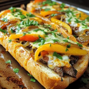 - 1 large French baguette - 8 ounces ribeye steak, thinly sliced - 1 cup bell peppers, thinly sliced (mixed colors) - 1 cup onion, thinly sliced - 1 cup provolone cheese, shredded - 1 cup mozzarella cheese, shredded - 2 tablespoons olive oil - 1 teaspoon garlic powder - Salt and pepper to taste - Fresh parsley, chopped (for garnish) When making Philly Cheesesteak Cheesy Bread, the right ingredients make all the difference. I love using a large French baguette as the base. It holds up well and gives a nice crunch. For the meat, I recommend ribeye steak. It’s tender and flavorful. Thin slices cook quickly and blend well with the veggies. Bell peppers and onions add color and sweetness. I prefer a mix of bell pepper colors for a vibrant dish. The cheese is key. Provolone brings a sharp flavor while mozzarella melts beautifully. Together, they create a gooey and delicious topping. Olive oil adds richness to the sautéed veggies. Garlic powder enhances the flavor without adding too much fuss. Salt and pepper are essential for balancing taste. Finally, fresh parsley gives a pop of color and freshness when you serve the dish. Be sure to check the Full Recipe for complete cooking steps. - Preheat oven to 375°F (190°C). - In a large skillet, heat olive oil over medium-high heat. - Add sliced onions and bell peppers, sauté for about 5-7 minutes until soft. - Remove the veggies from the skillet and set them aside. - In the same skillet, add thinly sliced ribeye steak. - Season steak with garlic powder, salt, and pepper. - Cook for 3-4 minutes until the steak is browned but still tender. - Slice the baguette in half lengthwise and place it cut side up on a baking sheet. - Evenly layer the cooked steak over each half of the baguette. - Add the sautéed onions and peppers on top of the steak. - Sprinkle provolone cheese first, then mozzarella cheese, covering the filling well. - Place the baking sheet in the preheated oven. - Bake for 10-12 minutes or until the cheese is melted and bubbly. - Remove from oven and let it cool slightly. - Garnish with chopped fresh parsley before slicing into pieces. Follow these steps to make your Philly Cheesesteak Cheesy Bread a hit! For the complete recipe, check out the Full Recipe. - Choosing the right steak: I prefer ribeye steak for its tender texture and rich flavor. Thinly slice it against the grain for the best bite. You can also use sirloin or flank steak if you want a leaner option. - Timing for sautéing vegetables: Sauté the onions and bell peppers for about 5-7 minutes. This time lets them soften and caramelize nicely. Keep an eye on them to avoid burning. You want them golden but not mushy. - Cheese melting tips: Use a mix of provolone and mozzarella cheese for a creamy and gooey topping. Layer the provolone first, then add the mozzarella. This method helps the cheese melt evenly and creates that delicious stretch we love. - Pairing with dips or sides: Serve your cheesy bread with ranch or marinara sauce for dipping. A simple side salad or some crispy fries can also complement the dish well. - Presentation ideas: Slice the cheesy bread into pieces and arrange it on a platter. Sprinkle chopped parsley on top for a fresh touch. A colorful plate makes it even more inviting and fun! For the full recipe, check out the detailed steps above. Enjoy your cooking! {{image_2}} You can make this dish your own in many ways. If you want a vegetarian version, swap the ribeye for mushrooms. Portobello or cremini mushrooms work well. They give a nice, meaty flavor. You can also try different cheese combinations. Cheddar or gouda can add a fun twist. To spice things up, add some red pepper flakes or a dash of hot sauce. This will give your cheesy bread a nice kick. You can even mix in herbs like oregano or thyme for extra flavor. While a French baguette is classic, feel free to use other types of bread. Substituting with ciabatta gives a nice chewy texture. You can also use whole grain or sourdough for a new taste. For those needing gluten-free options, look for gluten-free baguettes or rolls. These work just as well, and you won’t miss the gluten. You can still enjoy the great flavors of Philly Cheesesteak Cheesy Bread with these tasty swaps. For the full recipe, check the earlier section. To keep your Philly cheesesteak cheesy bread fresh, store it in the fridge. First, let it cool completely. Then, wrap it tightly in plastic wrap or place it in an airtight container. This way, it won’t dry out. You can keep it in the fridge for up to three days. When you want to reheat it, preheat your oven to 350°F (175°C). Place the bread on a baking sheet. Cover it with foil to keep it from getting hard. Heat for about 10-15 minutes, or until it’s warm. This helps the cheese melt nicely again. You can freeze this cheesy bread either before or after baking. If you freeze it before baking, follow these steps: prepare the filling and put it on the baguette. Wrap it well in plastic wrap and then foil. This keeps air out. It can stay in the freezer for up to three months. To bake from frozen, preheat your oven to 375°F (190°C). Bake it for about 20-25 minutes. Check if the cheese is melted and bubbly before serving. If you choose to freeze it after baking, let it cool first. Wrap it tightly in plastic wrap, then foil. To thaw, move it to the fridge overnight. When ready, reheat it in the oven as mentioned before. Enjoy your cheesy bread anytime! If you can't find ribeye, you can use other steaks. Sirloin or flank steak works well. You could also try ground beef or chicken. For a vegetarian option, use mushrooms or tempeh. Just slice them thinly to match the cooking time. Yes, you can prep the filling in advance. Cook the steak, peppers, and onions, then store them in the fridge. When you're ready, just assemble and bake. This saves time and makes it easy for a busy night. To avoid soggy bread, do not overload it with filling. Use less oil when cooking veggies. Also, bake it just until the cheese melts. This keeps the bread crusty and delicious. Absolutely! Preheat your air fryer to 350°F (175°C). Assemble the cheesy bread as usual, then place it in the air fryer. Cook for about 8-10 minutes. Check until the cheese is melted and bubbly. This method cuts down on baking time and adds great texture. This blog post covered the key ingredients and steps for making a delicious Philly cheesesteak cheesy bread. We shared tips on perfecting your flavors and suggested fun variations to fit your taste. Remember, you can swap the steak for veggies or try different cheeses. Storing leftovers and reheating them properly ensures you enjoy every bite later. Explore these ideas, and have fun in the kitchen. Now, you’re ready to impress with a tasty meal that everyone will love!
