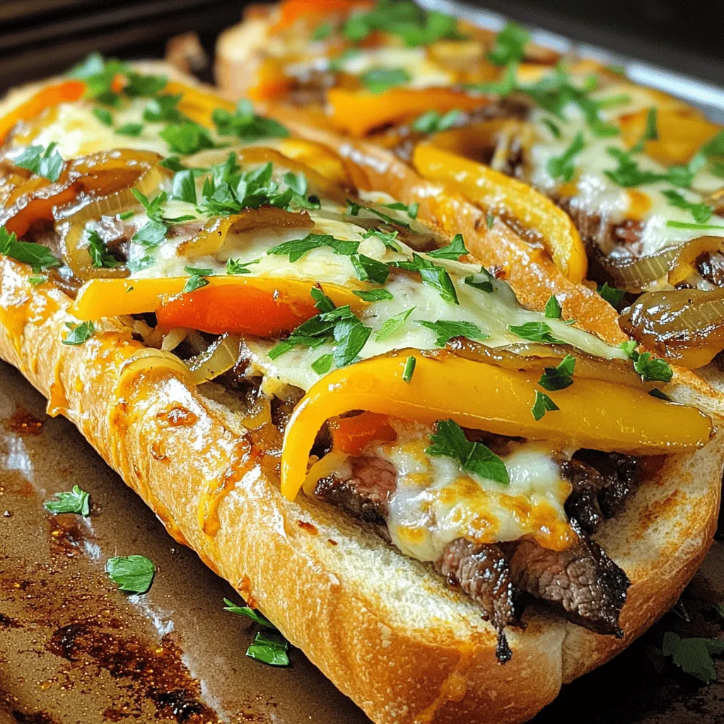 - 1 large French baguette - 8 ounces ribeye steak, thinly sliced - 1 cup bell peppers, thinly sliced (mixed colors) - 1 cup onion, thinly sliced - 1 cup provolone cheese, shredded - 1 cup mozzarella cheese, shredded - 2 tablespoons olive oil - 1 teaspoon garlic powder - Salt and pepper to taste - Fresh parsley, chopped (for garnish) When making Philly Cheesesteak Cheesy Bread, the right ingredients make all the difference. I love using a large French baguette as the base. It holds up well and gives a nice crunch. For the meat, I recommend ribeye steak. It’s tender and flavorful. Thin slices cook quickly and blend well with the veggies. Bell peppers and onions add color and sweetness. I prefer a mix of bell pepper colors for a vibrant dish. The cheese is key. Provolone brings a sharp flavor while mozzarella melts beautifully. Together, they create a gooey and delicious topping. Olive oil adds richness to the sautéed veggies. Garlic powder enhances the flavor without adding too much fuss. Salt and pepper are essential for balancing taste. Finally, fresh parsley gives a pop of color and freshness when you serve the dish. Be sure to check the Full Recipe for complete cooking steps. - Preheat oven to 375°F (190°C). - In a large skillet, heat olive oil over medium-high heat. - Add sliced onions and bell peppers, sauté for about 5-7 minutes until soft. - Remove the veggies from the skillet and set them aside. - In the same skillet, add thinly sliced ribeye steak. - Season steak with garlic powder, salt, and pepper. - Cook for 3-4 minutes until the steak is browned but still tender. - Slice the baguette in half lengthwise and place it cut side up on a baking sheet. - Evenly layer the cooked steak over each half of the baguette. - Add the sautéed onions and peppers on top of the steak. - Sprinkle provolone cheese first, then mozzarella cheese, covering the filling well. - Place the baking sheet in the preheated oven. - Bake for 10-12 minutes or until the cheese is melted and bubbly. - Remove from oven and let it cool slightly. - Garnish with chopped fresh parsley before slicing into pieces. Follow these steps to make your Philly Cheesesteak Cheesy Bread a hit! For the complete recipe, check out the Full Recipe. - Choosing the right steak: I prefer ribeye steak for its tender texture and rich flavor. Thinly slice it against the grain for the best bite. You can also use sirloin or flank steak if you want a leaner option. - Timing for sautéing vegetables: Sauté the onions and bell peppers for about 5-7 minutes. This time lets them soften and caramelize nicely. Keep an eye on them to avoid burning. You want them golden but not mushy. - Cheese melting tips: Use a mix of provolone and mozzarella cheese for a creamy and gooey topping. Layer the provolone first, then add the mozzarella. This method helps the cheese melt evenly and creates that delicious stretch we love. - Pairing with dips or sides: Serve your cheesy bread with ranch or marinara sauce for dipping. A simple side salad or some crispy fries can also complement the dish well. - Presentation ideas: Slice the cheesy bread into pieces and arrange it on a platter. Sprinkle chopped parsley on top for a fresh touch. A colorful plate makes it even more inviting and fun! For the full recipe, check out the detailed steps above. Enjoy your cooking! {{image_2}} You can make this dish your own in many ways. If you want a vegetarian version, swap the ribeye for mushrooms. Portobello or cremini mushrooms work well. They give a nice, meaty flavor. You can also try different cheese combinations. Cheddar or gouda can add a fun twist. To spice things up, add some red pepper flakes or a dash of hot sauce. This will give your cheesy bread a nice kick. You can even mix in herbs like oregano or thyme for extra flavor. While a French baguette is classic, feel free to use other types of bread. Substituting with ciabatta gives a nice chewy texture. You can also use whole grain or sourdough for a new taste. For those needing gluten-free options, look for gluten-free baguettes or rolls. These work just as well, and you won’t miss the gluten. You can still enjoy the great flavors of Philly Cheesesteak Cheesy Bread with these tasty swaps. For the full recipe, check the earlier section. To keep your Philly cheesesteak cheesy bread fresh, store it in the fridge. First, let it cool completely. Then, wrap it tightly in plastic wrap or place it in an airtight container. This way, it won’t dry out. You can keep it in the fridge for up to three days. When you want to reheat it, preheat your oven to 350°F (175°C). Place the bread on a baking sheet. Cover it with foil to keep it from getting hard. Heat for about 10-15 minutes, or until it’s warm. This helps the cheese melt nicely again. You can freeze this cheesy bread either before or after baking. If you freeze it before baking, follow these steps: prepare the filling and put it on the baguette. Wrap it well in plastic wrap and then foil. This keeps air out. It can stay in the freezer for up to three months. To bake from frozen, preheat your oven to 375°F (190°C). Bake it for about 20-25 minutes. Check if the cheese is melted and bubbly before serving. If you choose to freeze it after baking, let it cool first. Wrap it tightly in plastic wrap, then foil. To thaw, move it to the fridge overnight. When ready, reheat it in the oven as mentioned before. Enjoy your cheesy bread anytime! If you can't find ribeye, you can use other steaks. Sirloin or flank steak works well. You could also try ground beef or chicken. For a vegetarian option, use mushrooms or tempeh. Just slice them thinly to match the cooking time. Yes, you can prep the filling in advance. Cook the steak, peppers, and onions, then store them in the fridge. When you're ready, just assemble and bake. This saves time and makes it easy for a busy night. To avoid soggy bread, do not overload it with filling. Use less oil when cooking veggies. Also, bake it just until the cheese melts. This keeps the bread crusty and delicious. Absolutely! Preheat your air fryer to 350°F (175°C). Assemble the cheesy bread as usual, then place it in the air fryer. Cook for about 8-10 minutes. Check until the cheese is melted and bubbly. This method cuts down on baking time and adds great texture. This blog post covered the key ingredients and steps for making a delicious Philly cheesesteak cheesy bread. We shared tips on perfecting your flavors and suggested fun variations to fit your taste. Remember, you can swap the steak for veggies or try different cheeses. Storing leftovers and reheating them properly ensures you enjoy every bite later. Explore these ideas, and have fun in the kitchen. Now, you’re ready to impress with a tasty meal that everyone will love!