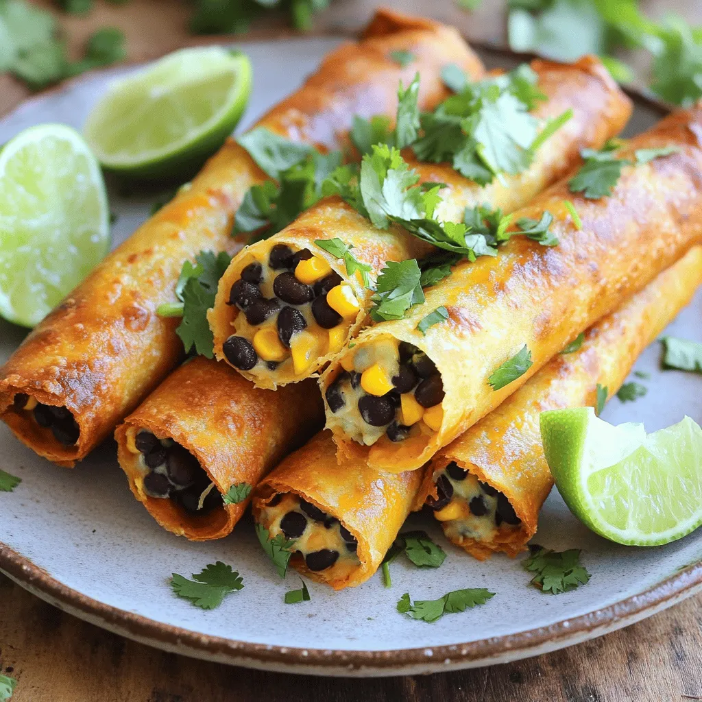 - 1 can (15 oz) black beans, drained and rinsed - 1 cup corn kernels (fresh, canned, or frozen) - 1 small red onion, finely chopped - 2 cloves garlic, minced - 1 teaspoon ground cumin - 1 teaspoon chili powder - Salt and pepper to taste - 1 tablespoon olive oil - 8 small corn tortillas - 1 cup shredded cheese (cheddar or a blend) These ingredients create a rich and tasty filling. The black beans add protein and fiber, while corn gives sweetness. The red onion and garlic bring depth to the flavor. Ground cumin and chili powder enhance the dish with warm spices. - Fresh cilantro - Lime wedges - Additional spices (if desired) I love adding fresh cilantro for a burst of freshness. Lime wedges give a zesty kick that brightens each bite. Feel free to mix in other spices to suit your taste. - Skillet - Baking sheet - Parchment paper You will need a skillet to sauté the onions and garlic. A baking sheet lined with parchment paper helps with easy cleanup. This simple equipment makes the cooking process smooth and fun. For the full recipe, check out the complete details on how to make these delicious taquitos! - Preheat the oven to 400°F (200°C) and line a baking sheet with parchment paper. - In a medium skillet, heat the olive oil over medium heat. - Add the chopped red onion and sauté until softened, about 3-4 minutes. - Next, add the minced garlic, cumin, chili powder, salt, and pepper. Cook for one minute until fragrant. - Stir in the black beans and corn, mixing well. Cook for 3-5 minutes until heated through. - Remove the skillet from heat. Place tortillas on a flat surface. - Spoon a generous amount of the black bean mixture down the center of each tortilla. - Sprinkle shredded cheese on top of the mixture. - Roll each tortilla tightly around the filling. Place seam-side down on the prepared baking sheet. - Bake the taquitos in the oven for about 15-20 minutes. They should be crispy and golden brown. - Once done, remove from the oven and let them cool slightly. - Garnish with chopped fresh cilantro. Serve with lime wedges for a zesty kick. For the full recipe, check the detailed instructions above. Enjoy the crunch and flavor in every bite! To make your taquitos crispy, set your oven to 400°F (200°C). This high heat helps them brown nicely. For best results, use a baking sheet lined with parchment paper. It keeps them from sticking and allows for even cooking. To prevent your tortillas from cracking, warm them first. You can heat them in a pan for a few seconds on each side. This softens them and makes rolling easier. If you prefer, wrap them in a damp cloth and microwave for about 30 seconds. Prepping ingredients ahead of time saves you effort when you cook. You can chop your veggies and mix the black bean filling earlier in the day. Just store them in the fridge until you’re ready to make taquitos. If you want to freeze your taquitos, assemble them first and place them on a lined baking sheet. Freeze them until firm, then transfer them to a freezer bag. They will keep well for up to three months. When you’re ready to eat, bake them straight from the freezer. Just add a few extra minutes to the baking time. Taquitos shine when paired with delicious sides. Some great options include fresh guacamole, salsa, or a crisp salad. These sides add freshness and balance the flavors of the taquitos. For dips, try sour cream or a zesty lime crema. A spicy chipotle sauce can also kick things up a notch. These dips enhance the flavor and make your meal more fun. Enjoy exploring different combinations with your taquitos! {{image_2}} You can fill taquitos with many proteins. Here are some popular choices: - Chicken taquitos: Shred cooked chicken for a tender bite. You can use rotisserie chicken for ease. - Beef taquitos: Ground beef adds rich flavor. Season it well with spices for a tasty kick. - Vegetarian and vegan alternatives: Try black beans, lentils, or mushrooms for a meatless option. These ingredients are packed with protein and flavor. Spice up your taquitos easily. Here are some fun ways to add flavor: - Adding different spices: Experiment with smoked paprika, cayenne, or oregano for a unique twist. These spices can brighten your filling. - Incorporating additional vegetables: Bell peppers, spinach, or zucchini add color and texture. Plus, they boost nutrition without much effort. How you serve taquitos changes the vibe of your meal. Here are some ideas: - Taquitos as appetizers: Serve them with salsa or guacamole for a fun snack. Guests will love the crunch! - Plated entrees or party snacks: Arrange taquitos on a platter with dips. This makes an impressive dish for gatherings. Feel free to explore these variations and enhancements in the Full Recipe for Zesty Black Bean Taquitos! To keep your taquitos fresh, store them in the fridge. Place them in an airtight container. They taste best within three days. After that, they may lose their crunch. For longer storage, freeze your taquitos. Place them in a freezer-safe container or bag. Make sure to remove air to prevent freezer burn. When you're ready to eat, reheat them in the oven at 375°F (190°C) for about 15-20 minutes. This keeps them crispy and tasty. Use glass or plastic containers with tight lids. You can also use freezer bags. Clearly label each container with the date. This way, you can track how fresh your taquitos are. Taquitos are small rolled tacos. They are usually filled with meat, cheese, or beans. The name "taquito" means "small taco" in Spanish. They originated in Mexico and are popular in many regions. You can fry or bake them for a crispy texture. Taquitos are great for snacks, parties, or casual meals. They are often served with salsa, guacamole, or sour cream. Yes, you can make taquitos in an air fryer. Here’s how: - Preheat your air fryer to 400°F (200°C). - Place the rolled taquitos in a single layer in the basket. - Cook for 8-10 minutes until they are golden brown. - Shake the basket halfway to ensure even cooking. Using an air fryer makes them crispy with less oil. It’s a healthier way to enjoy taquitos. You can customize taquitos with many fillings. Here are some ideas: - Use shredded chicken or beef for protein. - Add sautéed vegetables like bell peppers or zucchini. - Try different beans, like pinto or refried beans. - Mix in cheese for extra flavor. Experiment with spices like taco seasoning or cumin. This lets you create your favorite flavor profiles. Look for local taquerias or Mexican markets for great taquitos. Many food trucks also serve tasty options. Check reviews on food apps for popular spots. If you travel, ask locals for their favorite taquito places. You might discover hidden gems! Try the recipe for Zesty Black Bean Taquitos from this article for a homemade option. Zesty Black Bean Taquitos are easy to prepare and full of flavor. You learned about the main ingredients, cooking steps, and tips for crispiness. You can customize them with various proteins and flavors. These taquitos can be stored for short or long terms, making them a great meal prep option. Enjoy making these tasty snacks or meals. Whether for a party or a cozy night in, they’re sure to impress. Happy cooking!