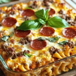 - 1 pound ground beef - 1 pound Italian sausage, casings removed - 1 cup pepperoni slices - 1 cup diced ham The meat is the star of this casserole. Ground beef and Italian sausage bring rich flavors. I love using pepperoni and diced ham for added taste and texture. You can easily customize the meats based on what you like. Try turkey sausage for a lighter option or mix in some bacon for extra crunch. - 1 medium onion, chopped - 2 cloves garlic, minced - 2 teaspoons Italian seasoning - 1 teaspoon red pepper flakes (optional) Onions and garlic make this dish aromatic and savory. I always choose fresh ingredients for the best flavor. Italian seasoning adds that classic pizza taste. If you like heat, add red pepper flakes for a spicy kick. Adjust these to your taste to create your perfect blend. - 1 can (14 oz) pizza sauce - 1 can (14 oz) diced tomatoes, drained - 2 cups shredded mozzarella cheese - 1 cup shredded cheddar cheese Pizza sauce and diced tomatoes form the base of this casserole's flavor. I like to use both to give it depth. The mozzarella cheese creates a gooey, melty topping. Cheddar cheese adds a sharpness that balances the dish. Feel free to mix in your favorite cheeses for a unique twist. - 4 cups cooked pasta (penne or rotini) - Salt and pepper to taste - Fresh basil for garnish (optional) Pasta is the backbone of this casserole. I prefer penne or rotini because they hold the sauce well. Add salt and pepper to enhance the flavors. Fresh basil on top not only looks great but adds a burst of freshness. You can skip it if you want, but it’s a nice touch. For the full recipe, check out the detailed instructions to create this comforting dish! - Preheat the oven: Start by setting your oven to 375°F (190°C). This helps the casserole cook evenly. - Cook ground beef and Italian sausage: In a large skillet, add 1 pound of ground beef and 1 pound of Italian sausage. Cook over medium heat until it turns brown, about 5-7 minutes. Use a spatula to break the meat into smaller pieces. - Drain fat and add onions and garlic: After cooking, drain the excess fat. Then, stir in 1 chopped onion and 2 minced garlic cloves. Cook these for another 3-4 minutes until the onions are soft and clear. - Mix in remaining meat and sauce ingredients: To the skillet, add 1 cup of pepperoni slices, 1 cup of diced ham, 1 can of pizza sauce, 1 can of diced tomatoes, 2 teaspoons of Italian seasoning, and 1 teaspoon of red pepper flakes if you want some heat. Season with salt and pepper to taste. Let this simmer for about 5 minutes to blend the flavors. - Combine with cooked pasta: In a large bowl, take 4 cups of cooked pasta (penne or rotini work best) and mix it with the meat mixture. Stir gently to coat the pasta well. - Layering in the baking dish: Grease a 9x13 inch baking dish. Place half of the pasta and meat mixture in the dish. Sprinkle half of the 2 cups of shredded mozzarella and 1 cup of shredded cheddar cheese over it. Then, add the rest of the pasta and meat mixture on top, followed by the remaining cheese. - Cover and bake: Cover the baking dish with aluminum foil and bake for 20 minutes. This helps keep the moisture in. - Remove foil and continue baking: After 20 minutes, take off the foil. Bake for another 10-15 minutes until the cheese is melted and bubbly. - Cool before serving: Once baked, let the casserole cool for a few minutes. This makes it easier to serve. Enjoy your hearty Meat Lovers Pizza Casserole! For the full recipe, check out the detailed instructions above. - Browning meat properly: Start by heating your skillet over medium heat. Add the ground beef and Italian sausage. Cook them until they turn brown. This step adds a rich flavor to your casserole. Make sure to break the meat into small pieces with your spatula. - Enhancing sauce with spices: To boost the sauce, add Italian seasoning and red pepper flakes. The Italian seasoning brings warmth, while the red pepper flakes add a kick. Don't forget to season with salt and pepper. Taste as you go to find the right balance. - Tips for cheesy goodness: Use a mix of mozzarella and cheddar cheese. This combo creates a great texture and flavor. Layer half the cheese in the middle of the casserole. Then, add the rest on top for an extra cheesy finish. - Garnishing with fresh basil: Fresh basil adds a pop of color and fresh taste. Just sprinkle some leaves on top before serving. It makes the dish look appealing and adds a nice flavor. - Pairing with side dishes: A simple side salad pairs well with this casserole. The freshness of the salad contrasts nicely with the rich flavors. You could also serve it with garlic bread for a complete meal. - Serving in stylish dishware: Use a bright, colorful dish to serve your casserole. A nice baking dish can make the meal feel special. Consider using a deep dish to highlight the layers of meat, cheese, and pasta. For more detailed steps on making this delicious casserole, check out the [Full Recipe]. {{image_2}} You can switch out the meats in this casserole. Using turkey or chicken sausage makes it lighter. It still tastes great and keeps that savory flavor. You can also mix in different meats. Try bacon or ground turkey for new flavors. If you want a vegetarian option, use plant-based sausage or mushrooms. They add a nice texture and taste without meat. If you need a gluten-free option, choose gluten-free pasta. Many brands offer tasty choices that work well in this dish. Zucchini noodles are another fun option. They cut carbs but still soak up all that sauce. You can also play with different pasta shapes. Shells, fusilli, or even farfalle can add a unique twist to your casserole. You can make this casserole even better with extra toppings. Add more vegetables like bell peppers, olives, or spinach. They not only boost nutrition but also add color. For cheese, try different blends. A mix of mozzarella and provolone can bring a new flavor. If you like spice, add more red pepper flakes or use hot sausage. Adjusting the heat level lets you create a dish to fit your taste. After enjoying your Meat Lovers Pizza Casserole, let it cool down for about 30 minutes. This step helps keep the texture just right. Once cooled, cover it tightly. You can use plastic wrap or aluminum foil for this. For better storage, place it in a container with a lid. Glass or plastic containers work well and help keep the flavors fresh. When it's time to reheat, you have two main choices: the oven or the microwave. The oven works best for keeping that nice, cheesy crust. Preheat your oven to 350°F (175°C). Place the casserole in an oven-safe dish, cover it with foil, and heat for about 20 minutes. If you're in a hurry, the microwave works too. Just heat it in short bursts, stirring in between to avoid uneven heating. This helps keep the texture from getting too mushy. To freeze your casserole, make sure it is completely cool first. Then, cut it into serving sizes. Wrap each piece in plastic wrap tightly. After wrapping, place them in a freezer bag or container. This method keeps the air out and prevents freezer burn. You can store it in the freezer for up to three months. When you're ready to enjoy, thaw it in the fridge overnight before reheating. Meat Lovers Pizza Casserole lasts about 3 to 4 days in the fridge. Keep it in an airtight container. This helps keep it fresh and tasty. If you want to eat it later, make sure it cools down before putting it away. Yes, you can make this casserole ahead of time. Just prepare it, cover it, and place it in the fridge. You can bake it the next day. This makes it a great choice for busy days or gatherings. You can use turkey or chicken instead of ground beef. They work well and still taste great. If you want a meatless option, try lentils or mushrooms. These options can add flavor without meat. To make a vegan version, use plant-based meat substitutes. You can also add extra veggies like bell peppers and spinach. Replace cheese with vegan cheese or simply skip it. Use a vegan pizza sauce for a complete dish. Yes, you can use other cheeses. Provolone, gouda, or even feta can add different flavors. Mix and match to find your favorite combination. Just remember that the melting quality of the cheese matters for the best texture. This Meat Lovers Pizza Casserole combines hearty meats, tasty veggies, and rich cheese. I provided each step to make crafting your dish easy. Remember, you can tweak ingredients to match your taste. Try different meats or pasta shapes for new flavors. Store any leftovers well, and reheat them for quick meals. This dish is fun to share, whether for family dinner or a get-together. Enjoy your delicious casserole and savor each bite!