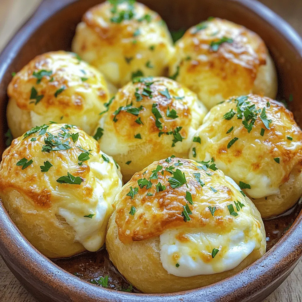 - 1 can refrigerated biscuit dough - 1 cup shredded mozzarella cheese - 1/2 cup cream cheese, softened - 4 cloves garlic, minced - 1/4 cup unsalted butter, melted - 2 tablespoons fresh parsley, chopped - 1 teaspoon Italian seasoning - 1/2 teaspoon salt - 1/4 teaspoon black pepper You need these key ingredients to make the best Garlic Butter Cheese Bombs. The refrigerated biscuit dough gives a nice, flaky base. The mozzarella and cream cheese create a creamy, cheesy filling that melts beautifully. Garlic adds a strong, savory punch. The melted butter, parsley, and Italian seasoning bring all the flavors together. - Various types of cheese (e.g., cheddar, gouda) - Spices for added kick (e.g., red pepper flakes) If you want to mix it up, try different cheeses. Cheddar or gouda can add a unique flavor. For those who like heat, sprinkle in some red pepper flakes. These optional ingredients let you customize your cheese bombs for any taste. For the full recipe, check the detailed instructions later. 1. Preheat your oven to 375°F (190°C). This step warms the oven for a nice bake. 2. Line a baking sheet with parchment paper. This keeps the bombs from sticking. 3. In a mixing bowl, combine the shredded mozzarella, softened cream cheese, minced garlic, Italian seasoning, salt, and black pepper. 4. Mix well to create a cheesy filling. This mixture makes the bombs rich and flavorful. 1. Roll out each biscuit from the can. 2. Flatten it a bit in your palm. This makes it easier to fill. 3. Place a generous teaspoon of the cheese filling in the center of each biscuit. 4. Fold the edges of the biscuit over the filling. 5. Seal it completely by rolling it into a ball. This keeps the cheesy goodness inside. 1. In a separate bowl, mix the melted butter with the chopped parsley. This adds a nice flavor. 2. Dip each cheese bomb into the garlic butter mixture. Make sure they are well-coated. 3. Place them seam side down on the prepared baking sheet. 4. Bake in the preheated oven for about 15-20 minutes. Check for a golden brown color. 5. Once baked, brush the bombs with any remaining garlic butter. 6. Let them rest for a few minutes before serving. This helps with the cheesy pull. For the full details, check the Full Recipe. Getting the perfect garlic butter cheese bombs takes care and precision. First, measure your ingredients carefully. Each component plays a key role in the flavor and texture. If you use too much or too little, it can change the outcome. Next, make sure to seal the dough properly. This step is crucial because if it leaks, the cheesy filling can escape during baking. When you fold the edges over the filling, pinch them tightly. This helps keep the gooey goodness inside. For the best experience, serve these cheese bombs warm. When they are fresh from the oven, they provide a delightful cheesy pull. Pair them with a simple marinara sauce or a creamy ranch dip. These dips bring out the rich flavors and add a nice touch. Enjoy them best at room temperature or warm. This way, you can fully enjoy the flavors and textures. If you let them cool too much, the cheese may not stretch like it should. Remember, warmth equals flavor! {{image_2}} You can change the cheese in your garlic butter cheese bombs for a fun twist. Instead of mozzarella, try using cheddar or gouda. Both add a nice sharpness and depth of flavor. For a lighter taste, use ricotta. It pairs well with garlic and herbs. Another great choice is herb-infused cream cheese. It gives your bombs a boost of flavor right from the start. If you like some heat, add jalapeños or chili flakes to the cheese mix. This will give your cheese bombs a nice kick. You can also use spicy cheeses like pepper jack. It melts well and adds a zesty flavor. Experimenting with different spices can make each batch unique and exciting. For those watching carbs, use low-carb biscuit dough. It works just as well and tastes great. You can find these options at many grocery stores. To make your cheese bombs gluten-free, look for gluten-free biscuit mixes. These are easy to use and will keep the flavor. Just be sure to check the labels for any hidden gluten. For the full recipe, you can follow the instructions I’ve shared above. Enjoy making your garlic butter cheese bombs! After enjoying your garlic butter cheese bombs, store any leftovers in the fridge. Place them in an airtight container. This keeps them fresh for up to three days. Make sure they cool down to room temperature first. You can also wrap them tightly in plastic wrap to seal in moisture. When it’s time to enjoy your leftovers, reheating them carefully is key. The oven is the best choice for reheating. Preheat your oven to 350°F (175°C). Place the cheese bombs on a baking sheet. Warm them for about 10-15 minutes until heated through. This method keeps the texture nice and crispy. If you’re short on time, use the microwave. Place them on a microwave-safe plate. Heat for about 30-60 seconds. Keep an eye on them to avoid sogginess. Enjoy your cheesy delight just like fresh! Garlic Butter Cheese Bombs stay fresh in the fridge for about three days. Keep them in an airtight container. For longer storage, you can freeze them. Wrap each bomb in plastic wrap and place them in a freezer bag. They will stay good for up to three months. Thaw them in the fridge before baking. Yes, you can make these ahead. Prepare the cheese filling and fill the biscuits. Then, store them in the fridge for up to 24 hours. Cover them well with plastic wrap. When you are ready to bake, just pull them out and follow the baking steps. If you freeze them, bake them from frozen but add a few extra minutes to the bake time. You can use other types of biscuits, like homemade dough or frozen dough. Homemade dough gives you a fresh taste but takes more time. Frozen dough is quick and easy. The flavor and texture will vary. Refrigerated dough is soft and fluffy. Homemade versions may be more flaky and rich. You can serve Garlic Butter Cheese Bombs warm, straight from the oven. They pair well with marinara sauce for dipping. Try serving them with a fresh salad or soup for a full meal. For beverages, a light beer or sparkling water works well. You can also serve them at parties as a fun snack. Making garlic butter cheese bombs is simple and fun. You learned the ingredients, steps, and tips to make them perfect. I shared different variations, so you can customize your bomb to your taste. Store leftovers properly to keep them fresh. These bombs are a hit for any meal or snack. Enjoy experimenting with flavors and impressing your friends. Your next delicious treat is just a bake away!