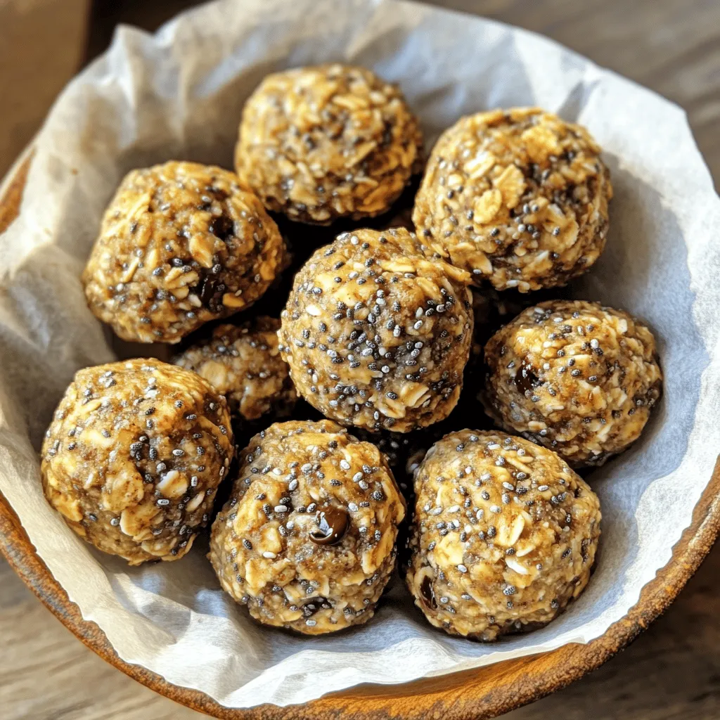 Chia Banana Bread Energy Bites are simple to make. Here’s what you need: - 2 ripe bananas, mashed - 1 cup rolled oats - 1/4 cup chia seeds - 1/4 cup almond butter or peanut butter - 1/4 cup honey or maple syrup - 1 teaspoon vanilla extract - 1/2 teaspoon baking powder - 1/2 teaspoon cinnamon - A pinch of salt - Optional add-ins: 1/2 cup chopped walnuts or pecans, 1/2 cup dark chocolate chips Each ingredient plays a key role in flavor and texture. The bananas add natural sweetness. Chia seeds give a nice crunch and boost nutrition. Oats create a hearty base that holds everything together. Almond butter or peanut butter adds creaminess and richness. Honey or maple syrup sweetens the bites. Vanilla extract brings warmth. Baking powder helps them rise a bit while baking. Cinnamon and salt enhance the overall taste. If you want more crunch or sweetness, add walnuts or dark chocolate chips. You can find the full recipe for these tasty bites in the earlier section. Enjoy making them! Preheat your oven to 350°F (175°C). Line a baking sheet with parchment paper. This step helps prevent sticking and makes cleanup easy. In a large bowl, mix the mashed bananas, almond butter, honey, and vanilla extract. Stir until the mixture is smooth and creamy. This blend adds natural sweetness and moisture. In another bowl, combine the rolled oats, chia seeds, baking powder, cinnamon, and salt. This mix gives your energy bites a nice texture and flavor. Make sure to stir well so everything is evenly distributed. Gradually add the dry ingredients to the wet mixture. Stir gently until just combined. Avoid over-mixing, as this can change the texture of your bites. If you want, fold in chopped walnuts or dark chocolate chips for extra flavor. Shape the mixture into small balls, about 1 inch in diameter. Place them on the prepared baking sheet. Bake in the preheated oven for 12-15 minutes. Look for a golden brown color on the edges. Let them cool for a few minutes before moving them to a wire rack. Enjoy your tasty energy bites as a quick snack! For the full recipe, check out the details above. To get the right texture for your energy bites, follow a few simple steps. You want a soft yet firm mix. Use ripe bananas; they mash easily and add moisture. If the mix feels too dry, add a splash of almond milk. If it's too wet, sprinkle in more oats. Rolling the bites helps them hold shape. Aim for bites about one inch in size. This size cooks evenly and is easy to grab. Sweetness can change based on your taste. Honey adds a nice touch, while maple syrup gives a unique flavor. Start with a quarter cup, then taste the mix. If you want more sweetness, add a little more. You can also add chocolate chips for extra sweetness. This way, you tailor the energy bites to your liking. Serving these energy bites can be fun! Place them in a rustic bowl lined with parchment paper. You can sprinkle chia seeds on top for a nice look. They work well for parties, snacks, or even breakfast. Pair them with fruit slices or yogurt for a complete meal. You can also wrap them for easy on-the-go snacks. For the full recipe, check the recipe section above. {{image_2}} You can easily change the flavor of your Chia Banana Bread Energy Bites. Try adding spices like nutmeg or ginger for a warm twist. You can also mix in flavor extracts, like almond or coconut, to enhance the taste. If you want a chocolatey kick, add cocoa powder or even espresso powder for depth. The options are endless! If you need to make these energy bites gluten-free, use certified gluten-free oats. For a nut-free version, swap almond butter for sunflower seed butter. This keeps your bites tasty and safe for those with allergies. You can also adjust the sweetener to fit your dietary needs. Maple syrup works great for vegans. You can customize your energy bites with what you have at home. Instead of bananas, use applesauce for moisture. If you don’t have chia seeds, flaxseeds can work too. For the sweetener, you might use agave syrup or a sugar substitute. These small changes let you make the recipe work for you. For the full recipe, check out the [Full Recipe]. To keep your Chia Banana Bread Energy Bites fresh, store them in an airtight container. This helps prevent moisture and keeps them tasty. Place the bites in a single layer if you can. If stacking, add parchment paper between layers to avoid sticking. You can freeze these energy bites for longer-lasting freshness. After they cool completely, place them in a single layer on a baking sheet. Freeze them for about 1 hour. Once frozen, transfer the bites to a freezer-safe bag or container. Remember to label it with the date. They will stay fresh for about three months. In the refrigerator, your energy bites last up to one week. If you freeze them, they'll keep for about three months. Always check for any signs of spoilage before enjoying them after storage. This way, you can savor all the deliciousness without worry. To make Chia Banana Bread Energy Bites, follow these key steps: 1. Mix Wet Ingredients: In a bowl, mash ripe bananas. Stir in almond butter, honey or maple syrup, and vanilla extract until smooth. 2. Combine Dry Ingredients: In another bowl, mix rolled oats, chia seeds, baking powder, cinnamon, and salt. 3. Blend Mixtures: Gradually add the dry mix to the wet mix. Stir until just combined. 4. Form Bites: Shape the mixture into small balls, about 1 inch wide, and place them on a baking sheet. 5. Bake: Bake at 350°F (175°C) for 12-15 minutes. Look for golden edges. 6. Cool: Let them cool for a few minutes before enjoying your tasty snacks. For the full recipe, check the section above. Chia seeds pack a punch of nutrients. They are high in fiber, protein, and omega-3 fatty acids. This helps keep you full and may aid digestion. Bananas add natural sweetness and provide potassium. This mineral is vital for heart health and muscle function. Together, they create a nutritious energy bite that fuels your day. Yes, you can swap almond butter with other nut or seed butters. Peanut butter works well and has a stronger taste. Sunflower seed butter is a great nut-free option. Each butter gives a slightly different flavor and texture. Just keep in mind that this change may alter the final taste of your energy bites. Choose the one you enjoy most! These Chia Banana Bread Energy Bites are easy to make and very tasty. You need simple ingredients and a few steps. Preheat your oven, mix wet and dry ingredients, and shape the bites. Baking them takes just 12 to 15 minutes. Remember to store any extras in an airtight container. You can even freeze some for later. Try different flavors and ingredients to make this recipe your own. Enjoy these healthy snacks that fit your taste!