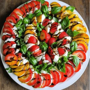 For a great Balsamic Strawberry Caprese, you need fresh and bright flavors. The key players here are strawberries, mozzarella, and basil. Each ingredient adds its special touch. Here’s what you need for this tasty dish: - 2 cups fresh strawberries, hulled and sliced - 8 ounces fresh mozzarella cheese, sliced - 1 cup fresh basil leaves - 1/4 cup balsamic glaze - 2 tablespoons extra-virgin olive oil - Salt and pepper to taste These ingredients come together to create a sweet and savory blend. The strawberries bring natural sweetness, while mozzarella adds creamy richness. Basil gives a fresh, herbal note that elevates the dish. This dish is not only tasty, but it also packs a punch of nutrients. Each serving is rich in vitamins and minerals. Here’s a quick breakdown: - Calories: Approximately 150 per serving - Protein: About 6 grams - Fat: Roughly 10 grams - Carbohydrates: Around 10 grams - Fiber: About 1 gram These numbers can vary based on the exact amounts used. This recipe offers a balanced treat that can fit into many diets. You can find the full recipe at the end to help you create this delightful dish. To start, wash the strawberries under cold water. Make sure to hull them, which means removing the green tops. Then, slice the strawberries into thin pieces. Aim for even slices; this helps with the look and taste. Fresh, ripe strawberries work best. Their sweetness shines in this dish. Grab a large serving platter. Begin the fun part: arranging your ingredients! Place a slice of mozzarella cheese on the platter first. Next, add a slice of strawberry on top of the cheese. Then, place a fresh basil leaf on the strawberry. Repeat this process until you use all your ingredients. This creates a colorful and inviting pattern. Now comes the best part—adding flavor! Drizzle balsamic glaze over your beautiful Caprese. Make sure to cover it evenly. Next, drizzle some extra-virgin olive oil on top. This adds richness and depth. Finally, sprinkle salt and pepper to taste. Let the dish sit for five minutes. This allows the flavors to blend nicely. You can find the Full Recipe for more detailed steps. To make a great balsamic glaze, start with high-quality balsamic vinegar. Heat it slowly in a pan. Allow it to simmer until it thickens. This process enhances the flavor and adds sweetness. You can also add a pinch of sugar for extra sweetness if desired. Let it cool before drizzling. This glaze adds a rich touch to your dish. Serve your Balsamic Strawberry Caprese on a large white platter. This will help the colors shine bright. You can also add whole basil leaves for a pop of green. If you want a little crunch, sprinkle some nuts on top. Toasted pine nuts or walnuts work well. For a refreshing drink, pair it with iced tea or sparkling water. Balsamic Strawberry Caprese pairs well with grilled chicken or fish. The fresh flavors complement savory proteins beautifully. You can also serve it alongside crusty bread for a light lunch. If you're feeling fancy, include it in a picnic with cheeses and charcuterie. This dish is versatile and can enhance many meals. {{image_2}} You can switch up the fruit in your Caprese. Try peaches for a sweet twist. Their juicy flesh pairs well with cheese. You can also use ripe figs; they add a rich flavor. If you want something tangy, try plums. Their tartness balances the creaminess of the cheese. While fresh mozzarella shines in this dish, you can explore other cheeses. Burrata is a creamy option that adds richness. Goat cheese gives a tangy kick that many enjoy. For a firmer option, try feta; it brings a salty flavor. You can even use vegan cheese for a plant-based twist. Balsamic glaze is classic, but you can get creative! A drizzle of honey adds sweetness and depth. Try a splash of lemon juice for brightness. You can also sprinkle some crushed red pepper for heat. Fresh mint or chives can add a new layer of flavor. Don't shy away from mixing flavors until you find your perfect match! To keep your Balsamic Strawberry Caprese fresh, store it in an airtight container. This helps maintain the taste and texture. If you have leftovers, separate the ingredients. Keep the strawberries, mozzarella, and basil apart. This way, they do not get soggy. You can layer them with paper towels to absorb extra moisture. When stored properly, your Caprese can last about 2 days in the fridge. The strawberries will lose their firmness after a day. The mozzarella may also start to lose its creamy texture. For the best taste, enjoy it fresh. I recommend serving Balsamic Strawberry Caprese cold. There’s no need to reheat it. If you want to jazz it up, add fresh basil or a sprinkle of salt before serving. You can also drizzle more balsamic glaze for a flavor boost. This dish shines when it’s fresh, so enjoy it as soon as you can! Balsamic Strawberry Caprese is a fresh salad. It combines strawberries, mozzarella, and basil. This dish has a sweet and savory taste. The balsamic glaze adds depth to each bite. You stack sliced strawberries and mozzarella with basil leaves. The colors are bright and appealing. This salad shines at summer gatherings. You can find the full recipe above. Yes, you can prepare some parts ahead of time. Slice the strawberries and mozzarella a few hours before serving. Keep them in the fridge to stay fresh. However, I recommend assembling the salad just before eating. This keeps the basil vibrant and the cheese firm. If you must assemble it early, drizzle balsamic glaze just before serving. Leftovers can be a tasty addition to many meals. You can toss them into a green salad for extra flavor. You might also enjoy them on a sandwich with turkey or chicken. Mixing them with grains like quinoa makes a great lunch. Just remember to eat them within a couple of days for the best taste. This blog post covered how to make a delicious Balsamic Strawberry Caprese. We explored fresh ingredients, step-by-step assembly, and tasty tips. You learned about storage practices and variations for a unique twist. In my view, this dish is a fun way to enjoy fresh flavors. It's easy to make, share, and enjoy anytime. Now, you can impress your friends with a dish that looks great and tastes even better.
