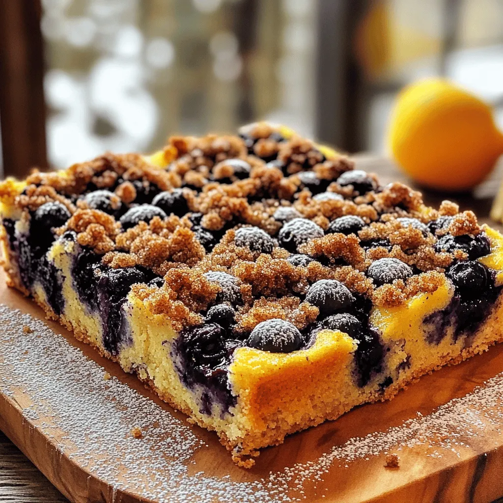 To make the Blueberry Muffin Streusel Cake, you need the following items: - 2 cups all-purpose flour - 1 cup granulated sugar (divided) - 1 teaspoon baking powder - 1 teaspoon baking soda - 1/2 teaspoon salt - 1/2 cup unsalted butter, softened - 2 large eggs - 1 cup sour cream - 1 teaspoon vanilla extract - 2 cups fresh blueberries - 1 cup brown sugar - 1 teaspoon cinnamon - 1/2 cup rolled oats You can swap some ingredients to fit your needs. Here are my top picks: - Use whole wheat flour instead of all-purpose flour for a healthier option. - Swap granulated sugar with coconut sugar for a unique flavor. - Greek yogurt can replace sour cream. It adds creaminess and a slight tang. - If you don’t have fresh blueberries, frozen ones work too. Just don’t thaw them. Choosing the right blueberries makes a big difference. Here’s how to pick the best: - Look for plump, firm berries. They should be a deep blue color. - Avoid any with green or reddish spots. These are not ripe. - Check for any signs of mold or mushiness. Fresh berries should be clean and dry. - If possible, buy organic blueberries. They often taste better and are free from pesticides. For the complete recipe, refer to [Full Recipe]. First, you need to prep the baking pan. Grab a 9x13 inch pan. Use a bit of butter or oil to grease it. This helps the cake come out easily. Make sure to cover all the corners well. Then, preheat your oven to 350°F (175°C). This way, it will be ready when you are. Next, let’s mix the dry ingredients. In a big bowl, add 2 cups of all-purpose flour. Then, include 1/2 cup of granulated sugar, 1 teaspoon of baking powder, 1 teaspoon of baking soda, and 1/2 teaspoon of salt. Use a whisk to blend them well. This step is key for the cake's rise and flavor. Now, we’ll combine the wet ingredients. In another bowl, take 1/2 cup of softened unsalted butter. Beat it with the remaining 1/2 cup of granulated sugar until it looks light and fluffy. Add 2 large eggs one at a time, mixing after each. Then, stir in 1 cup of sour cream and 1 teaspoon of vanilla extract. Mix until everything is well combined. It's time for the blueberries! Gently fold in 2 cups of fresh blueberries. Be careful not to break them. Now, let’s make the streusel. In a separate bowl, mix 1 cup of brown sugar, 1 teaspoon of cinnamon, and 1/2 cup of rolled oats. Pour in some melted butter to bring it all together. This will create your delicious streusel topping. Pour the cake batter into the prepared pan. Spread it evenly with a spatula. Sprinkle the streusel mix on top, covering it well. Bake your cake in the oven for 40 to 45 minutes. To check if it’s done, insert a toothpick in the center. If it comes out clean, your cake is ready! Let it cool in the pan for 10 minutes. Then, move it to a wire rack to cool completely. For the full recipe, you can refer to the earlier section. Enjoy baking this delightful treat! To keep your cake moist, use sour cream. It adds creaminess and flavor. Make sure your butter is softened. When mixing, don’t overbeat. Overmixing can lead to a dry cake. Also, add the blueberries gently. This way, they won’t break and release too much juice. For a great streusel, mix brown sugar, oats, and cinnamon well. Use cold butter to create clumps. Use your fingers to mix it. This helps form nice, crunchy pieces. Don’t skip the oats; they add texture. Spread the topping evenly to ensure every bite is tasty. One common mistake is not measuring ingredients correctly. Always use dry measuring cups for flour. Another mistake is opening the oven door too early. This can cause the cake to sink. Also, don’t bake it too long or too short. Use a toothpick to check for doneness, as this is key. For the full recipe, follow the steps carefully. {{image_2}} You can change the fruit in this cake based on the season. Fresh fruits work best. Try using strawberries, raspberries, or blackberries. Each fruit adds a unique taste. For fall, apples and pears are great choices. They bring warmth and spice to the cake. Mixing fruits is fun and lets you experiment with flavors. You can even create a fruit medley for a colorful touch. If you need gluten-free or dairy-free options, it's easy to adapt this recipe. Use a gluten-free flour blend instead of all-purpose flour. Many brands are available and work well in baking. For dairy-free, substitute sour cream with almond or coconut yogurt. You can also use plant-based butter. These swaps keep the cake soft and tasty. You won’t lose any flavor! Adding nuts or other mix-ins can enhance this cake. Walnuts and pecans add crunch and flavor. You can add about half a cup of chopped nuts. Chocolate chips are another fun option. They melt and create sweet pockets in the cake. Make sure to fold in your mix-ins gently. This keeps the cake light and fluffy. Each bite will be a delightful surprise! For the complete recipe, check out the [Full Recipe]. To keep your Blueberry Muffin Streusel Cake fresh, let it cool first. Once cooled, wrap it tightly in plastic wrap. You can also use an airtight container. This keeps the cake moist and tasty for up to three days. If you want to store it longer, consider freezing it. Freezing is a great option for this cake. First, slice it into pieces. Wrap each piece in plastic wrap. Then, place the wrapped slices in a freezer bag. Make sure to remove as much air as possible before sealing. You can freeze the cake for up to three months. Label each bag with the date so you know when to use it. To enjoy your cake again, thaw it overnight in the fridge. When ready to eat, heat up slices in the microwave for about 15-20 seconds. You can also warm it in the oven at 350°F for 10 minutes. This brings back the cake’s fresh taste and makes the streusel topping crunchy again. Enjoy your slice with a cup of coffee or tea! For the full recipe, check the earlier section. You can check if the cake is done by using a toothpick. Insert it into the center. If it comes out clean, the cake is ready. You can also look for a golden brown top. A gentle touch should leave no indent. The edges will pull away slightly from the pan. Yes, you can use frozen blueberries. They work well in this recipe. Just toss them in flour before adding to the batter. This helps keep them from sinking. However, they may make the batter a bit wetter, so bake a little longer. This cake is tasty on its own. You can serve it with whipped cream for a treat. A scoop of vanilla ice cream also pairs nicely. Fresh fruit on the side adds color and flavor. Try a drizzle of honey or maple syrup for extra sweetness. To achieve a fluffy texture, use room temperature ingredients. Make sure your butter is softened before mixing. Cream it well with sugar until light and airy. Don’t overmix the batter once you add the flour. This keeps it soft and tender. Follow the [Full Recipe] for best results. You learned about baking a delicious Blueberry Muffin Streusel Cake. We covered every part, from choosing ingredients to baking tips. Each step matters for the best outcome. Remember to select ripe blueberries and watch for moisture in your cake. Variations can make your cake unique. Enjoy experimenting with flavors, mix-ins, and storage methods. With these tips, you can bake with confidence. Happy baking, and enjoy every bite of your creation!