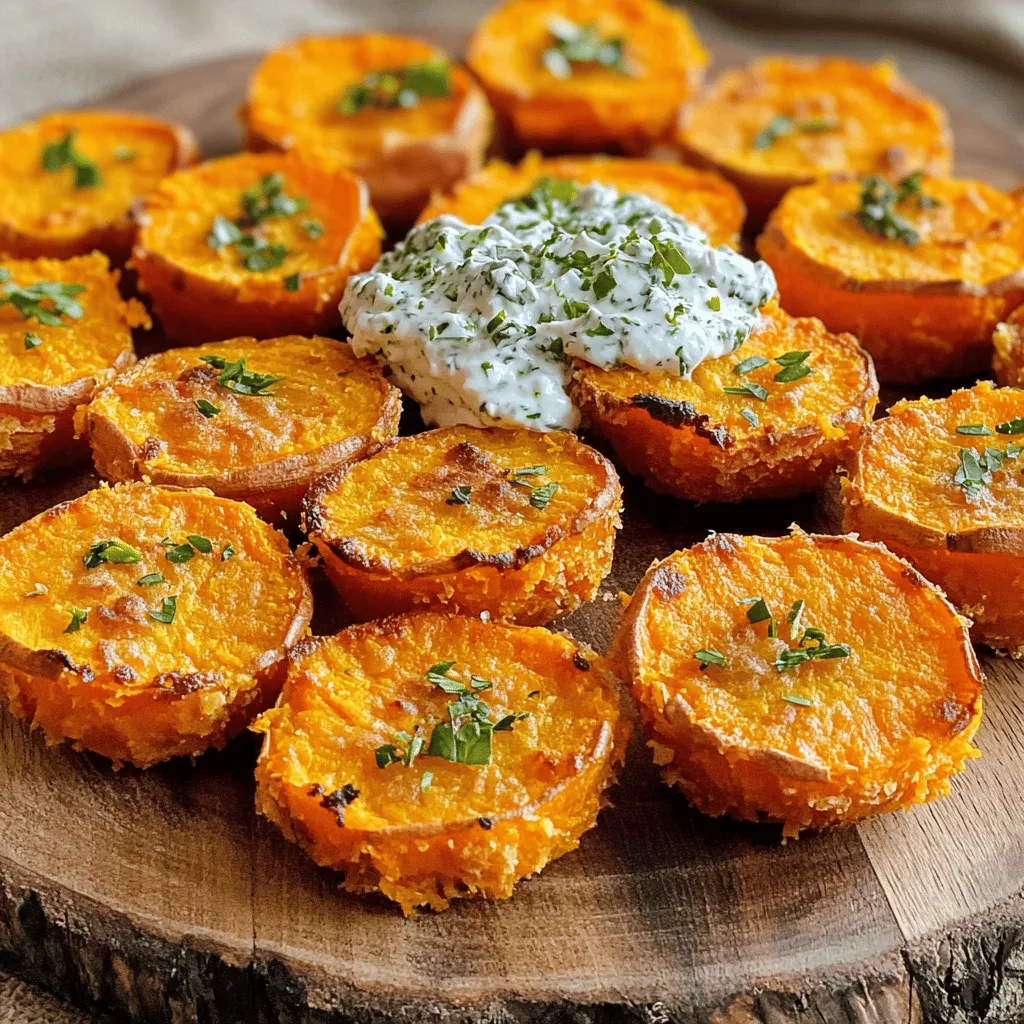 - 2 medium sweet potatoes, sliced into 1/2-inch rounds - 8 oz cream cheese, softened - 2 tablespoons fresh herbs (chives, dill, or parsley) These simple ingredients make a delightful dish. Sweet potatoes bring a natural sweetness and a bright color. Cream cheese adds a rich and creamy layer. Fresh herbs give a burst of flavor and freshness. When choosing sweet potatoes, look for firm ones. They should have smooth skin without any blemishes. For cream cheese, pick a brand you trust. The herbs should be fresh, as they elevate the taste. You can mix and match your herbs based on what you have. Chives offer a mild onion taste, while dill brings a light, grassy note. This combination is easy to prepare and looks great on a plate. You can impress your guests without spending hours in the kitchen. Check out the Full Recipe for more details! - Preheat your oven to 400°F (200°C). - Line a baking sheet with parchment paper. - Arrange the sweet potato slices on the sheet. Season with salt and pepper. Baking at this temperature helps the sweet potatoes become crispy on the outside. The parchment paper prevents sticking and makes cleanup easy. - Mix the softened cream cheese with the chopped herbs. - Ensure a smooth and well-combined texture. Using fresh herbs gives the cream cheese a bright flavor. You can choose any herbs you like, such as chives, dill, or parsley. Make sure it is well-mixed for a great taste in every bite. - Bake the sweet potatoes for 25-30 minutes until golden and tender. - Remove from the oven and let cool slightly. - Top each sweet potato round with a generous dollop of the herbed cream cheese. This step combines warm, crispy sweet potatoes with creamy, flavorful cheese. It creates a perfect bite for your guests. For the full recipe, check out the details provided. - Serve on a stylish platter. This adds a nice touch to your table. - Garnish with extra herbs for color. Fresh herbs make your dish pop. - Pair with a dipping sauce. A tangy sauce can enhance the flavor. - Offer alongside other appetizers. This creates a fun tasting experience. - Overbaking sweet potatoes. Keep an eye on them to stay tender. - Using cold cream cheese. Let it soften for a smooth topping. {{image_2}} When it comes to making your appetizers shine, variations can elevate your dish. Here are some fun ideas to try. You can switch up the toppings for a new taste. - Try different cheeses: Cream cheese works well, but goat cheese or feta can add a tangy kick. - Add spicy elements like jalapeños: For those who love heat, a slice of jalapeño can spice things up. These toppings can transform your sweet potato bites into something special. Sometimes, you may want to change the base ingredients. Here are some easy swaps. - Use different root vegetables: Instead of sweet potatoes, try using beets or parsnips. They bring their own unique flavors and colors. - Experiment with flavored cream cheese: Try adding herbs or spices to your cream cheese. A garlic or chipotle cream cheese can give a new twist. These substitutions keep your appetizer fresh and exciting. Enjoy discovering new combinations! For the full recipe, check out the details above! After you make these tasty bites, let them cool completely. Place them in a sealed container in your fridge. They taste best when eaten within 2 days. Storing them right keeps the sweet potatoes soft and the cream cheese fresh. To reheat your appetizers, use the oven. Set it to 350°F (175°C) and bake for about 10 minutes. This method helps keep them crispy. If you are short on time, you can use a microwave. Heat them in short bursts, around 15 to 20 seconds, until warm. Just be careful not to overheat them. Enjoy your crispy sweet potato bites again! Yes, you can prep the ingredients ahead of time. Slice the sweet potatoes and mix the cream cheese with herbs. Store them in separate containers in the fridge. This saves time on the day of your gathering. Pair them with wine or cocktails for a classy touch. A crisp white wine matches well with the cream cheese. If you prefer cocktails, try a light spritzer or a gin and tonic. Both options enhance the flavors and make your gathering feel special. This recipe serves 4-6 people. It’s perfect for small gatherings or as a starter. If you need more, feel free to double the recipe. Everyone will enjoy these bites. Not recommended for best texture; best eaten fresh. Freezing can make sweet potatoes mushy. They taste best when warm and crispy, right after baking. Enjoy them fresh for the best experience. This blog outlined a tasty sweet potato dish topped with herbed cream cheese. You learned simple steps to prepare, bake, and assemble the appetizers. I also shared tips for presentation, serving, and common mistakes to avoid. Remember, experimenting with toppings can make this dish even better. Enjoy making these easy appetizers that impress your guests. They’ll love the flavors and presentation, making it a win for any gathering. Keep these ideas in mind, and have fun in the kitchen!